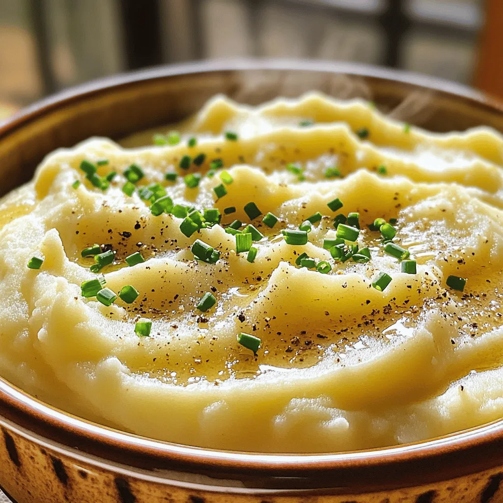 - 2 pounds russet potatoes, peeled and cubed - 4 cloves garlic, minced - 1 cup heavy cream - 1/2 cup unsalted butter, at room temperature - Salt and freshly cracked black pepper, to taste - 2 tablespoons fresh chives, chopped (for garnish) - 1/4 cup grated Parmesan cheese (optional) To make creamy garlic mashed potatoes, gather these simple ingredients. The russet potatoes give a fluffy texture. Minced garlic adds a rich flavor. Heavy cream and butter create a smooth finish. Don't forget salt and pepper to enhance taste. Fresh chives make a beautiful garnish. If you love cheese, add Parmesan for extra richness. You can find the full recipe above to follow along easily. - Start with 2 pounds of russet potatoes, peeled and cubed. - Place the cubed potatoes in a large pot and cover them with cold water. - Add a pinch of salt to the water for flavor. - Bring the water to a boil over high heat. - Once boiling, reduce the heat to a simmer. - Cook for about 15 to 20 minutes until the potatoes are tender. - In a small saucepan, melt 1/2 cup of unsalted butter over medium heat. - Add 4 cloves of minced garlic to the melted butter. - Sauté the garlic for 2 to 3 minutes until it becomes fragrant. - Watch the garlic closely to avoid burning it. - After boiling, drain the cooked potatoes well in a colander. - Return the drained potatoes to the pot. - Use a potato masher or a ricer to mash the potatoes until they are smooth. - Gradually pour in 1 cup of heavy cream and the garlic butter. - Mix everything until the potatoes are creamy and well combined. - Taste the mashed potatoes and adjust the flavor with salt and black pepper. - If you like, stir in 1/4 cup of grated Parmesan cheese for extra flavor. This recipe is simple and rewarding. You can find the full recipe in the previous section. Enjoy your creamy garlic mashed potatoes! For creamy garlic mashed potatoes, use russet potatoes. They are starchy and fluffy. Yukon gold potatoes also work well. They have a buttery flavor. Always peel and cube your potatoes. This helps them cook evenly and mash smoothly. Mash your potatoes using a potato masher or a ricer. A ricer makes them extra fluffy. Don't over-mash, as that can make them gummy. Add cream slowly until you reach your desired consistency. For thicker potatoes, use less cream. For a creamier texture, add more. To boost the taste, consider adding more garlic or roasted garlic. You can also mix in sour cream for tanginess. Fresh herbs like chives or parsley add color and flavor. Garnish your dish with chopped herbs for a fresh touch. These small additions make a big difference in taste. For a richer flavor, sprinkle in some grated Parmesan cheese. If you want to explore more, check out the Full Recipe for variations and tips. {{image_2}} You can add fresh herbs to your creamy garlic mashed potatoes for a new taste. Try using rosemary or thyme. These herbs add a nice flavor. Chop them finely and mix them in when you add the cream. To boost the flavor more, you can sauté the herbs in the garlic butter. This brings out their oils and makes your dish pop. Using fresh herbs makes a big difference. If you want a vegan or dairy-free version, you can still enjoy this dish. Use coconut milk or almond milk instead of heavy cream. For butter, try using vegan butter or olive oil. You can also use plant-based cheese. There are many options available now. Look for vegan cream cheese or cashew cheese for a creamy texture. These swaps keep the dish tasty and satisfying. You can mix in extra ingredients to make your mashed potatoes unique. Roasted garlic gives a sweet and deep flavor. Just mash it into the potatoes. Cheese lovers can add shredded cheese like cheddar or feta. This adds a rich taste and creamy texture. You could also include vegetables like cooked carrots or peas for added color and texture. They make your dish not only delicious but also fun to look at. For the full recipe to get started, check out the Creamy Garlic Mashed Potatoes section. To keep your creamy garlic mashed potatoes fresh, store them in an airtight container. Place them in the fridge soon after they cool. This helps to keep their taste and texture. They stay good for about three to five days. After that, they may lose flavor and become dry. When you want to enjoy leftovers, avoid drying them out. The best way is to reheat them on the stovetop. Add a splash of heavy cream or milk. This helps restore their creaminess. Stir them over low heat until warm. You can also use the microwave, but cover the dish. Heat in short bursts, stirring in between to keep them moist. If you want to save mashed potatoes for later, freezing works well. First, let them cool completely. Then, scoop them into freezer-safe bags or containers. Remove as much air as possible before sealing. They will stay fresh for up to two months. To thaw, place them in the fridge overnight. Reheat as you normally would, adding cream if needed. Enjoy your creamy garlic mashed potatoes whenever you like! For the complete recipe, check out the Full Recipe section. Yes, you can make creamy garlic mashed potatoes ahead of time. Prepare them as usual, then store them in a sealed container in the fridge. To reheat, put them in a pot on low heat. Add a splash of cream or milk to keep them creamy. Stir often to avoid sticking. Russet potatoes work best for mashing. They are starchy and fluffy. Yukon Gold potatoes also make great mashed potatoes. They have a buttery flavor and creamy texture. You can mix both types for a unique taste. To make fluffier mashed potatoes, try these tips: - Use a potato ricer instead of a masher. - Let the cooked potatoes steam dry for a few minutes before mashing. - Avoid over-mixing, as this can make them gluey. Yes, you can use milk instead of heavy cream. However, the texture will change. The mashed potatoes may not be as rich and creamy. For a thicker result, use whole milk or add a bit of butter. Creamy garlic mashed potatoes pair well with many dishes. Try them with: - Grilled chicken or steak. - Roasted vegetables. - A rich gravy. These sides enhance the flavor and make a complete meal. Creamy garlic mashed potatoes are simple and delicious. We covered key ingredients, step-by-step prep, and helpful tips. You learned how to make them with variations and storage ideas. Whether serving them at a holiday meal or a weeknight dinner, these mashed potatoes will impress. Enjoy experimenting with different flavors and textures. With practice, you’ll perfect your own version of this comforting dish.