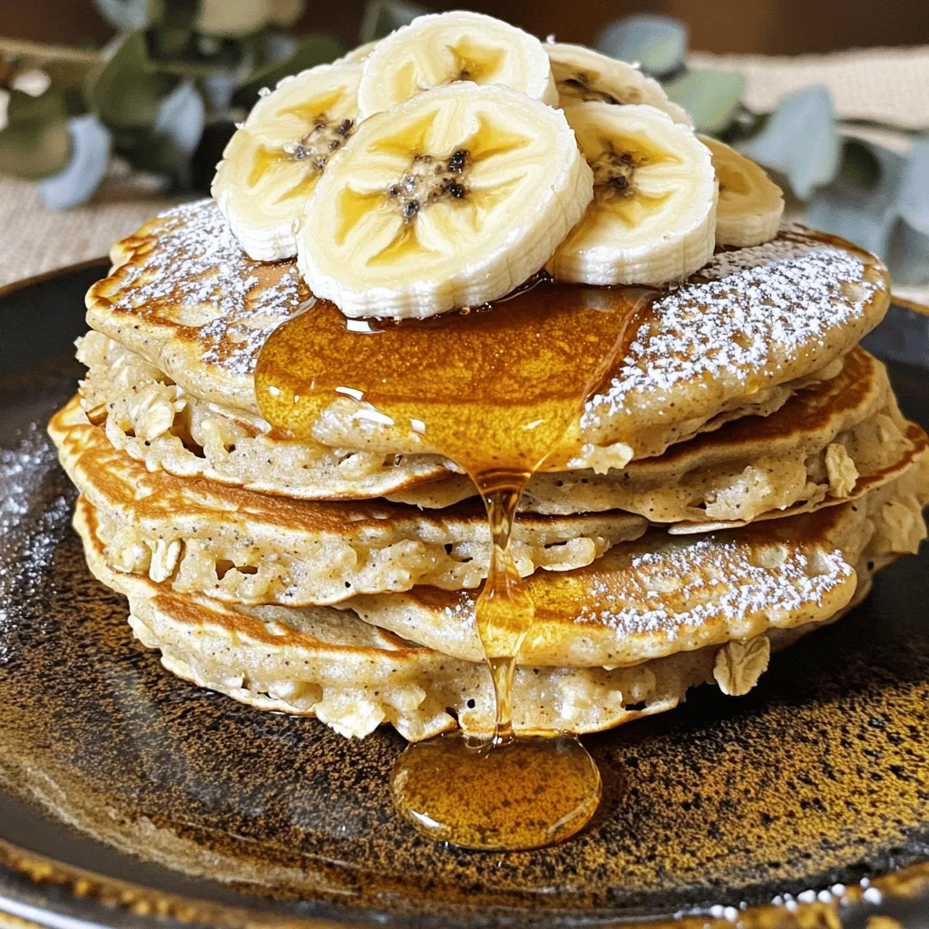 Here is what you need to make banana oatmeal pancakes: - 1 cup rolled oats - 1 ripe banana, mashed - 1 cup milk (dairy or plant-based) - 1 large egg - 1 teaspoon baking powder - 1/2 teaspoon vanilla extract - 1/4 teaspoon cinnamon - A pinch of salt - 1 tablespoon honey or maple syrup (optional) - Cooking spray or butter for the pan These ingredients come together to create a warm, fluffy pancake that is both simple and tasty. Each item plays a role. The oats provide a hearty base, while the banana adds sweetness and moisture. Milk helps blend everything smoothly, making the batter easy to pour. The egg binds the mixture and gives it structure. Baking powder ensures the pancakes rise well, giving them a light texture. Vanilla and cinnamon add flavor depth, making each bite delightful. The optional honey or syrup can enhance sweetness to your liking. When you gather these ingredients, you set yourself up for a delicious breakfast. This recipe is not only easy but also healthy. You can enjoy these pancakes guilt-free. For the full recipe, check out the details above. - Combine rolled oats, milk, mashed banana, egg, baking powder, vanilla, cinnamon, and salt in a blender. - Blend until smooth or mix until you have some oat texture. - Let the batter rest for 5-10 minutes for better consistency. This resting time helps the pancakes rise nicely. The oats absorb some liquid, which makes a thicker batter. You want a batter that holds together but is still pourable. - Preheat a skillet over medium heat with cooking spray or butter. - Pour about 1/4 cup of batter onto the skillet for each pancake. - Cook pancakes for 2-3 minutes until bubbles form on the surface. The edges should look set. - Flip the pancakes carefully and cook for another 1-2 minutes until golden brown. Make sure not to rush the cooking. If the heat is too high, the pancakes might burn. A perfect pancake should be fluffy and brown on both sides. - Serve pancakes warm with your favorite toppings. Sliced bananas, syrup, or a sprinkle of cinnamon work well. - Stack them high for a beautiful presentation. A drizzle of honey or maple syrup adds sweetness. When serving, let your creativity shine with toppings. You can mix and match to find your favorite combination! To make your pancakes fluffy, use a good blender. Blend the oats, banana, and milk well. Letting the batter rest is key. This helps the pancakes rise and become light. If you want denser pancakes, blend less. Just mix until combined. This gives a chunkier look and feel. For the best pancakes, use a non-stick skillet or griddle. A cast-iron pan also works well. Preheat it before pouring in the batter. Use cooking spray or butter to prevent sticking. If you prefer natural options, coconut oil is great. Just make sure to grease the pan lightly. You can top your pancakes with many fun things! Sliced bananas are a classic choice. Try adding nuts for extra crunch. Berries add color and a fresh taste. For sweetness, drizzle honey or maple syrup. To impress guests, stack pancakes high on a plate. Dust with powdered sugar for a nice touch. {{image_2}} You can easily make this recipe your own. If you want to go gluten-free, you can use gluten-free oats. They work just as well and taste great. For milk, try almond, soy, or oat milk. Each gives a unique flavor. Plant-based milk can make the pancakes lighter but still tasty. Adding chocolate chips or nuts makes the pancakes even better. You can mix in dark chocolate chips for a sweet kick or walnuts for crunch. Also, don’t shy away from spices! A pinch of nutmeg or ginger adds warmth and depth to your pancakes. Just a little can change everything. You can easily make this dish vegan or dairy-free. Use flaxseed or chia seeds instead of an egg. For low-sugar options, skip the honey or maple syrup. You can also use mashed dates for sweetness. Low-carb fans can swap oats with almond flour. This will give you a different texture, but still, be delicious. For the full recipe, check out the main article. After making banana oatmeal pancakes, store any leftovers in the fridge. Place them in an airtight container. They will stay fresh for up to three days. If you want to save them longer, freeze the pancakes. Layer them with parchment paper to prevent sticking. Then, place them in a freezer-safe bag. They can last up to three months in the freezer. To reheat pancakes, use a microwave or stovetop. For the microwave, place a pancake on a plate and cover it with a damp paper towel. Heat for about 20-30 seconds. This keeps them soft. On the stovetop, warm a skillet over low heat. Add a little butter or cooking spray, then heat each pancake for about a minute on each side. This method keeps them crispy on the outside. Can I make banana oatmeal pancakes without eggs? Yes, you can make these pancakes without eggs. You can use 1/4 cup of applesauce or 1 tablespoon of flaxseed meal mixed with 3 tablespoons of water as a substitute. These options will help bind the ingredients together and keep the pancakes moist. How do I prevent pancakes from sticking to the pan? To prevent sticking, preheat your skillet over medium heat. Use a non-stick skillet or add a little cooking spray or butter before pouring the batter. Make sure the pan is hot enough; this helps create a nice crust on the pancakes, making them easier to flip. Caloric content per pancake. Each pancake contains about 100 calories. This number can vary slightly based on the specific ingredients you use, like the type of milk or if you add any sweeteners. Health benefits of the ingredients used. These pancakes are packed with nutrition. Rolled oats provide fiber, which is great for digestion. Bananas add potassium and natural sweetness. Milk gives you calcium and protein, making these pancakes a balanced meal. How long do banana oatmeal pancakes take to cook? Cooking these pancakes takes about 5-7 minutes total. Each side cooks for about 2-3 minutes until golden brown. Look for bubbles on the surface to know when to flip. What is the best temperature for cooking pancakes? The best temperature is medium heat. This setting ensures the pancakes cook evenly without burning. Too high of a temperature will cook the outside too fast, leaving the inside raw. This blog post covered how to make delicious banana oatmeal pancakes. You learned the key ingredients and step-by-step instructions for perfect pancakes. I shared tips for texture and cooking equipment, plus creative variations to try. Don't forget to store leftovers properly for later enjoyment. Experiment with flavors and toppings to find your favorites. Enjoy cooking and serving these tasty pancakes that everyone will love!