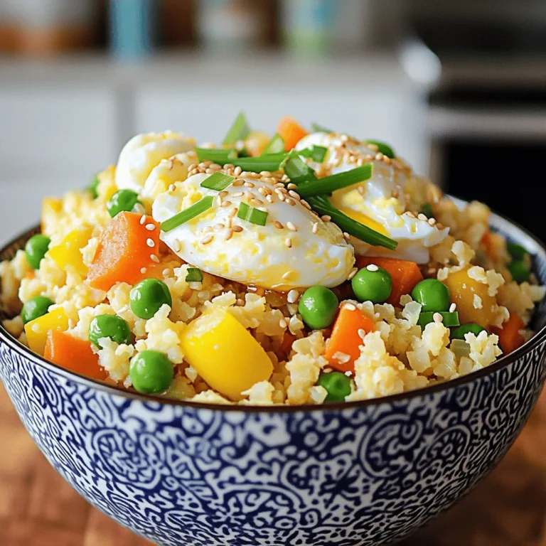 - 1 medium head of cauliflower, riced (about 4 cups) - 1 cup mixed vegetables (peas, carrots, bell peppers) - 1 small onion, finely chopped - 2 cloves garlic, minced - 2 tablespoons soy sauce (or tamari) - 2 tablespoons sesame oil - Optional: 1 tablespoon fresh ginger, grated - Salt and pepper to taste - 2 large eggs (or tofu for a vegan option) - 3 green onions, sliced for garnish Cauliflower is the star of this dish. It is low in carbs and high in nutrients. Riced cauliflower is easy to make and adds great texture. Mixed vegetables give color and nutrition. Onions and garlic add depth to the flavor. For flavor, use soy sauce or tamari. Sesame oil gives a nutty taste. Adding ginger can boost the dish's flavor profile. You can adjust salt and pepper to suit your taste. If you want more protein, add eggs or tofu. Green onions make a great topping. They add freshness and crunch. For the full recipe, check the earlier section. Enjoy making this dish! To start, you need to rice the cauliflower. First, remove the leaves and stem. Then, cut the head into smaller florets. You can use a food processor or a box grater to make the cauliflower rice. If using a food processor, pulse the florets until they look like rice. If you prefer the grater, grate the florets until they are small pieces. Set the riced cauliflower aside for later. Next, heat 1 tablespoon of sesame oil in a large skillet or wok over medium heat. Add the chopped onion and cook for 2-3 minutes. You want the onion to turn translucent. After that, add the minced garlic. If you like, you can add fresh ginger here too. Cook for about one minute until it smells good. Push the onion and garlic to one side of the skillet. Crack the eggs into the pan, or add your crumbled tofu if you want a vegan meal. Scramble the eggs or tofu until they are fully cooked. Then, mix them with the onion and garlic. Now, it’s time to add the mixed vegetables. Stir-fry these for about 2-3 minutes until they are heated through. After that, add the riced cauliflower to the skillet. Stir everything together well. Pour the soy sauce over the mixture. Cook for about 5-7 minutes. You want the cauliflower to be tender but not mushy. Finally, drizzle the rest of the sesame oil. Season with salt and pepper to taste. Before you serve, fold in the sliced green onions. This adds a nice touch. For the full recipe, check out the details above. Enjoy your flavorful and nutritious cauliflower fried rice! When you choose cauliflower, look for firm heads. The leaves should be bright and fresh. A good cauliflower feels heavy for its size. Avoid any brown spots or soft areas. This ensures you get the best flavor in your dish. Fresh cauliflower will give you a crisp and tasty bite. To make the best cauliflower fried rice, use a hot skillet or wok. Heat the pan before adding oil. This helps to seal in flavors. Stir-fry the onion and garlic until they are soft. Don’t forget to push them to the side when adding eggs or tofu. This keeps the texture right. Avoid overcooking the cauliflower. Cook it until just tender, not mushy. If it gets too soft, it loses its texture. Stir-fry for about 5 to 7 minutes. This gives you a great crunch with every bite. To add depth to your dish, use spices and herbs. A pinch of ginger gives a fresh kick. Try adding black pepper for a slight heat. You can also sprinkle in some chili flakes for spice lovers. Fresh herbs like cilantro or basil can brighten the taste. Experiment to find what you like best. These simple additions transform your meal into something special. For the full recipe, check out the details provided above. {{image_2}} To make cauliflower fried rice plant-based, switch eggs for tofu. Use firm tofu for the best texture. Simply crumble the tofu before cooking. Sauté it like you would the eggs. This gives you protein without losing flavor. The tofu absorbs the savory taste of soy sauce well. It works perfectly with the other fresh veggies. For a keto-friendly version, focus on low-carb swaps. You can replace the mixed vegetables with zucchini or bell peppers. These are low in carbs and add crunch. You can also skip the soy sauce and use coconut aminos instead. This option cuts down on carbs and adds a hint of sweetness. Feel free to mix and match flavors for variety. Add cooked shrimp or chicken for protein. For a spicy kick, toss in some red pepper flakes. You could also use different sauces, like teriyaki or sweet chili. Each swap can change the dish's taste, keeping it exciting. Always adjust the seasonings based on your preferences. For more ideas, check the Full Recipe. To store cauliflower fried rice, place it in an airtight container. Make sure it cools down first to avoid steam buildup. Store it in the fridge for up to four days. If you want to keep it fresher, add a layer of plastic wrap before sealing the lid. This helps lock in moisture and keep the dish tasty. Freezing cauliflower fried rice is easy. Portion the leftovers into freezer bags or containers. Remove as much air as possible to prevent freezer burn. You can freeze it for up to three months. To defrost, place it in the fridge overnight or microwave it for quicker results. Just remember to stir it well after defrosting. Reheating cauliflower fried rice is simple. You can use a skillet or microwave. For a skillet, heat a little oil over medium heat. Add the fried rice and stir it often until it's hot. In the microwave, cover it with a damp paper towel to keep it moist. Heat in short bursts, stirring in between. This helps keep the rice from getting dry. Enjoy your tasty meal! Yes, you can use frozen cauliflower rice. It saves time and is easy to use. Here are some advantages and tips: - Convenience: Frozen cauliflower rice is pre-riced and ready to cook. - Longer shelf life: It lasts longer than fresh cauliflower. - Quick cooking: It cooks faster than fresh, so watch your cooking time. - Thawing: You can add it straight from the freezer to the pan. Avoid thawing to prevent sogginess. To spice up your cauliflower fried rice, try these additions: - Red pepper flakes: Sprinkle some in while cooking for heat. - Sriracha or chili paste: Stir in a spoonful for a bold kick. - Jalapeños: Add diced jalapeños for fresh heat. - Hot sauce: Drizzle your favorite hot sauce just before serving. Cauliflower fried rice is a healthy choice. Here’s why: - Low in carbs: Cauliflower is a great low-carb alternative to regular rice. - High in fiber: It supports digestion and keeps you full. - Rich in vitamins: Cauliflower is packed with vitamin C and K. - Antioxidants: It contains compounds that help fight inflammation. - Low calories: This dish is lower in calories compared to traditional fried rice. These benefits make cauliflower fried rice a tasty, nutritious meal. For the full recipe, check out the [Full Recipe]. This blog post covered how to make delicious cauliflower fried rice. We looked at key ingredients and how to prepare them. I shared tips on choosing fresh cauliflower and cooking techniques for better flavor. We also explored variations to fit different diets, plus how to store and reheat leftovers. In conclusion, you can create a healthy dish that bursts with flavor. Enjoy experimenting with different ingredients to customize your fried rice!