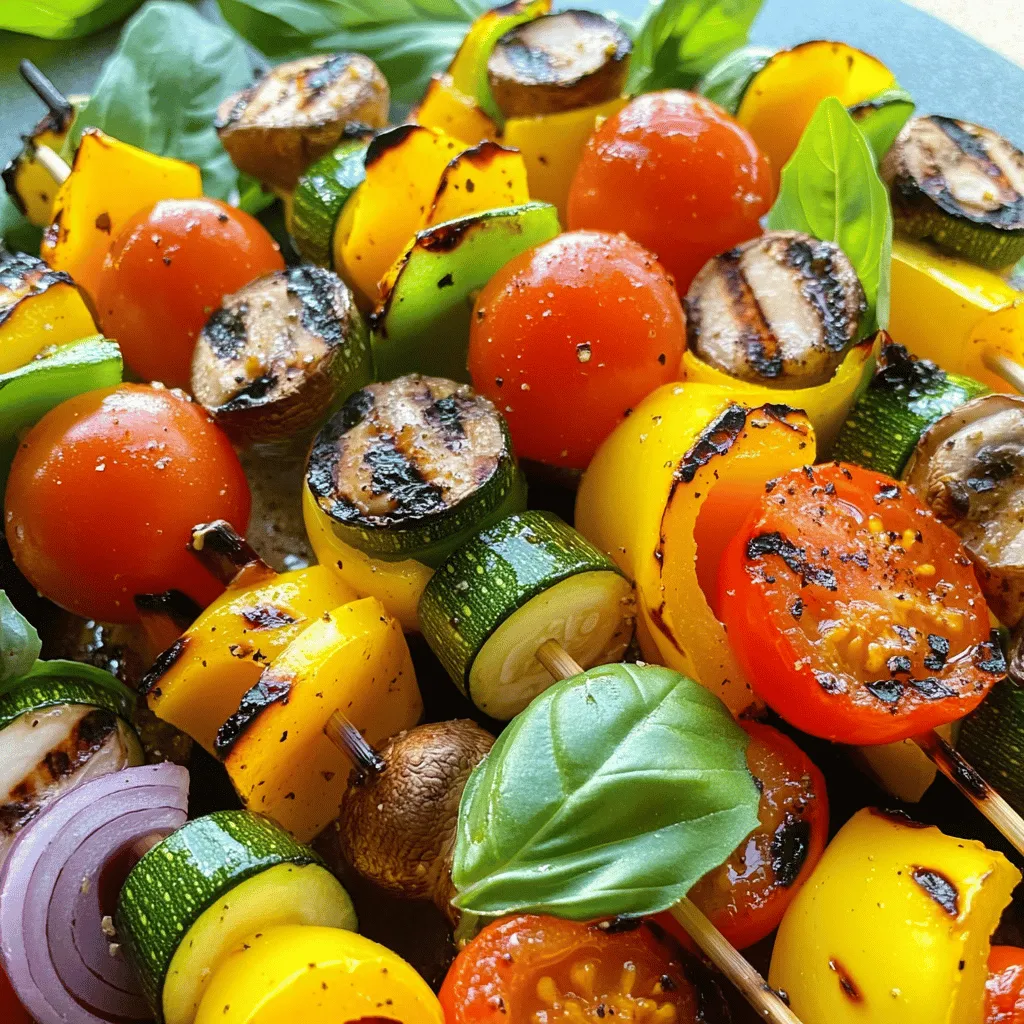 - 1 zucchini, sliced into thick rounds - 1 yellow bell pepper, cut into 1-inch squares - 1 red onion, cut into wedges - 10 cherry tomatoes - 1 cup mushrooms, halved - Fresh herbs like basil for garnish Each vegetable adds unique flavors and textures. The zucchini becomes soft and sweet. Bell peppers offer a nice crunch. Onions caramelize and give a rich taste. Cherry tomatoes burst with juice. Mushrooms add earthiness that ties all the flavors together. - 2 tablespoons olive oil - 1 teaspoon garlic powder - 1 teaspoon dried oregano - 1 teaspoon smoked paprika - Salt and pepper to taste The olive oil helps the veggies grill well. Garlic powder adds a punch of flavor. Oregano brings a herbal note that is bright. Smoked paprika adds a hint of smokiness that enhances the grilled taste. Adjust salt and pepper to fit your taste. Using fresh vegetables is key for the best taste. Fresh produce has more flavor and nutrients. Seasonal options can make your skewers exciting. Try using asparagus in spring or sweet corn in summer. Each season offers new veggies to explore. This keeps your meals fresh and fun. First, set your grill to medium-high heat. This heat helps cook the vegetables just right. If you use wooden skewers, soak them in water for about 30 minutes. Soaking prevents the skewers from burning while grilling. Now let’s chop the veggies! Cut the zucchini into thick rounds and the bell pepper into 1-inch squares. For the red onion, cut it into wedges, and halve the mushrooms. Toss these into a large bowl. Then, sprinkle with olive oil, garlic powder, oregano, smoked paprika, salt, and pepper. Mix gently to coat all veggies well. Next, thread the veggies onto the soaked skewers. Alternate different types for a colorful look. Place the skewers on the grill and cook for 10 to 12 minutes. Turn them often to ensure even cooking. Look for a slight char on the veggies, which shows they are perfect. After grilling, let the skewers rest for a couple of minutes. This step keeps them tender and juicy. Enjoy your tasty grilled vegetable skewers! For the full recipe, check the earlier section. To enhance the taste, marinate your veggies. Use olive oil, garlic powder, and herbs. Let them soak for at least 30 minutes. This step infuses the flavors deeply. For best results, try to marinate overnight. Timing is key for perfectly cooked veggies. Grill them on medium-high heat. Cook for about 10-12 minutes. Turn the skewers often to avoid burning. Check for tenderness; they should be soft but still firm. Arranging the skewers well makes them look great. Alternate colors and shapes for a vibrant look. Group similar veggies together for balance. This draws eyes to your dish. Garnishes add a pop of color. Fresh basil leaves work well. You can also use chopped herbs or a sprinkle of feta cheese for extra flair. Avoid overcrowding the skewers. This can trap steam and make veggies soggy. Leave space between each piece for even cooking. Don’t skip the soaking step for wooden skewers. This prevents them from burning on the grill. Soaking for 30 minutes is a simple way to ensure success. {{image_2}} You can mix and match your veggies for grilled vegetable skewers. Use seasonal ingredients for the best taste. Try asparagus, eggplant, or even colorful carrots. Local markets often have fresh options. You can also add grains like quinoa or couscous. For a protein boost, consider chickpeas or marinated tofu. Change the flavor with herbs and spices. Basil, thyme, or cumin can add a nice kick. For a Mediterranean twist, use lemon juice and rosemary. Marinades can also change the dish's style. A soy sauce marinade gives an Asian flair. Experiment with different combinations to find your favorite. Pair your skewers with tasty dips or sauces. A yogurt-based dip works well with grilled veggies. Hummus or tzatziki can add creaminess. For sides, serve them with a fresh salad or rice. You can also enjoy them with grilled meat for a full meal. Don’t forget to check out the Full Recipe for more ideas! To store your grilled vegetable skewers, let them cool first. After cooling, place the skewers in an airtight container. You can also wrap them tightly in plastic wrap. This helps lock in the flavor and moisture. Keep your leftovers in the fridge. They will stay fresh for up to four days. When you want to enjoy your leftover skewers, use the oven or the grill. Preheat the oven to 350°F (175°C). Place the skewers on a baking tray and cover them with foil. Heat for about 10 minutes. If using a grill, set it to medium heat. Grill for about 5 minutes, turning occasionally. This keeps the veggies tasty and prevents them from drying out. You can freeze vegetable skewers if you want to save them for later. First, let the skewers cool completely. Wrap each skewer tightly in plastic wrap. Then, place them in a freezer bag. Try to remove as much air as possible before sealing. For best results, use them within three months. When ready to eat, thaw them in the fridge overnight. To reheat, follow the same guidelines as for leftovers. For more details on making these skewers, check the Full Recipe. To stop vegetables from sticking, oil them well. Coat the veggies with olive oil before grilling. Use a grill spray or brush oil on the grill grates. Ensure your grill is hot. A hot grill helps to create a nice sear and prevents sticking. Absolutely! You can add chicken, shrimp, or beef to your skewers. For plant-based options, tofu or tempeh works great. Just cut them into pieces that match your veggies. Marinate the proteins for extra flavor. Make sure to adjust cooking time, as proteins may take longer to cook. Great choices include zucchini, bell peppers, onions, and cherry tomatoes. Seasonal vegetables shine on the grill, too. Try asparagus in spring or eggplant in summer. Each veggie adds its own taste and texture. Mix different colors for a fun look! You can store leftover grilled vegetables in the fridge for up to four days. Use an airtight container to keep them fresh. When storing, let them cool first. Always check for signs of spoilage before eating. Enjoy them cold in salads or reheat them gently! Grilling vegetables on skewers is fun and easy. Start with fresh veggies like zucchini, bell peppers, and mushrooms. Season them well with olive oil and spices for great taste. Follow the steps to prep, grill, and serve your skewers. Remember to avoid common mistakes like overcrowding. Try adding different herbs or even proteins for variety. Store leftovers properly and enjoy them later. With these tips, you can create delicious meals while impressing everyone at your table. Let your creativity shine with every grill!