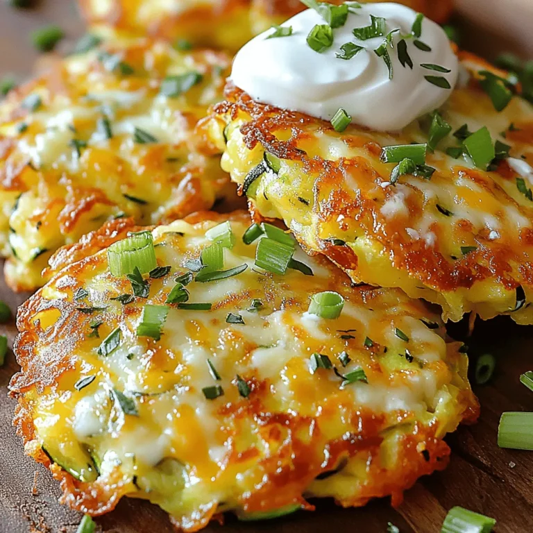 - 2 medium zucchinis, grated - 1 cup shredded mozzarella cheese - 1/2 cup grated Parmesan cheese - 1/2 cup all-purpose flour - 2 large eggs - 1/4 cup green onions, finely chopped - 2 cloves garlic, minced - 1 teaspoon dried oregano - 1/2 teaspoon salt - 1/4 teaspoon black pepper - Olive oil for frying - Fresh herbs (parsley, cilantro) - Red pepper flakes for heat These ingredients create a tasty base for savory cheesy zucchini fritters. Start with fresh zucchinis; they need to be grated well. This step helps to bring out their flavor. Next, the mozzarella and Parmesan add a rich, cheesy taste. The flour binds everything together, while the eggs help with structure. Green onions and garlic give each bite a burst of flavor. Oregano adds a nice touch of herbiness. Salt and pepper balance the flavors perfectly. For frying, olive oil gives a great crispiness and flavor to the fritters. If you want to enhance the taste, consider adding fresh herbs or red pepper flakes. Fresh herbs like parsley or cilantro brighten the dish. Red pepper flakes add a nice kick for those who enjoy some heat. For the full recipe, follow the steps to make these delightful fritters. To start, you need to prepare the zucchini. Grate the zucchinis using a box grater or a food processor. After grating, put the zucchini in a clean kitchen towel. Squeeze out as much moisture as possible. Removing this moisture is very important. If you don’t, your fritters will be soggy. You want them crispy and light. Next, let’s mix the ingredients. In a large bowl, combine the grated zucchini, shredded mozzarella, grated Parmesan, all-purpose flour, eggs, chopped green onions, minced garlic, oregano, salt, and black pepper. Use a spatula or spoon to mix well. Make sure everything is evenly mixed. The mixture should be thick but not dry. If it feels too loose, add a little more flour. Now, it’s time to cook the fritters. Heat a large skillet over medium heat. Add a few tablespoons of olive oil to the skillet. You need enough oil to coat the bottom but not drown the fritters. Once the oil is hot, use a tablespoon or small scoop to drop the zucchini mixture into the skillet. Flatten each dollop slightly with the back of the spoon. Cook for about 3-4 minutes on each side. Look for a golden brown color for perfect crispiness. When done, place the fritters on a plate lined with paper towels. This will soak up any extra oil. Repeat until you cook all the mixture. Add more olive oil as needed. For the full recipe, check out the Savory Cheesy Zucchini Fritters section. Squeezing out moisture is key to great fritters. Zucchinis hold a lot of water. If you skip this step, your fritters turn mushy. Here’s how to do it right: - Grate the zucchinis and place them in a clean kitchen towel or cheesecloth. - Squeeze it tightly to remove as much liquid as you can. Watch out for these pitfalls: - Don’t rush the squeezing; it makes a big difference. - Avoid adding too many other wet ingredients. Stick to the recipe to keep it balanced. Getting the right texture is all about balance. You need to mix the cheese and flour just right. Here are my tips: - Use equal parts cheese and flour for a good base. - Too much cheese can make them too soft, while too little will be dry. For crispy edges, try these cooking tips: - Heat your skillet well before adding oil. - Cook each fritter for about 3-4 minutes on each side. This gives a nice golden crust. These fritters shine with the right dips and sides. Here are my favorites: - Serve with sour cream or Greek yogurt for a creamy touch. - A sprinkle of fresh herbs adds color and taste. For a complete meal, pair the fritters with: - A light salad with citrus dressing. - Roasted veggies for added flavor and nutrition. For the full recipe, check out the complete guide. {{image_2}} You can add more veggies to boost nutrition. Carrots and bell peppers work well. Grate a carrot and mix it in with the zucchini. This adds color and sweetness. You can also chop bell peppers finely and include them. They bring a nice crunch and flavor. Herbs are another great way to change the taste. Consider adding fresh parsley or cilantro. These herbs can brighten up the dish. You might also try basil or thyme for a different twist. Just chop them finely and mix them into the batter. If you need a gluten-free option, switch the all-purpose flour. Almond flour or chickpea flour can be great substitutes. These alternatives add flavor and nutrition. They also keep the fritters light and crispy. Cheese choices can vary too. Try using a dairy-free cheese if you prefer. Look for options that melt well. Nutritional yeast can give a cheesy taste without dairy. It’s a smart choice for flavor and health. To make these fritters vegan, you need substitutes for eggs and cheese. For eggs, use flaxseed meal mixed with water. This mix binds the ingredients well. You can also use unsweetened applesauce as a binder. For cheese, opt for plant-based cheese. This keeps the cheesy flavor without animal products. You can also add nutritional yeast for extra flavor. This helps maintain the rich taste of the fritters. Check out the Full Recipe for more ideas on how to customize your fritters. To keep your fritters fresh, choose the right containers. Use airtight containers. This helps prevent moisture loss. For the best results, let the fritters cool completely before storing. Place parchment paper between layers to avoid sticking. For refrigeration, store them in the fridge. They will stay good for up to three days. If you want to keep them longer, freezing is the way to go. Use freezer-safe bags or containers. Make sure to squeeze out as much air as possible. When it's time to eat your fritters again, reheating is key. The best way to keep them crispy is by using a skillet. Heat a small amount of oil over medium heat. Add the fritters and cook for a few minutes on each side. This method keeps the edges nice and crunchy. You can also use a microwave, but it may not keep them crispy. If you choose this method, place a paper towel under the fritters. This helps absorb moisture. Heat them in short bursts of 30 seconds. Check often to avoid overcooking. For the full recipe of these delicious Savory Cheesy Zucchini Fritters, make sure to check out the complete guide! To prepare these fritters in advance, start by grating your zucchinis. After grating, squeeze out the moisture using a clean towel. This step helps keep the fritters crispy. Next, mix all the ingredients in a bowl as per the Full Recipe. You can store this mix in the fridge for up to a day. When you're ready to cook, just heat the skillet and fry the fritters. This way, you save time while keeping the taste fresh and delicious. Yes, you can bake these fritters for a healthier option! Preheat your oven to 400°F (200°C). Line a baking sheet with parchment paper. Shape the fritters and place them on the sheet. Brush the tops lightly with olive oil for a nice crisp. Bake for about 20-25 minutes, flipping halfway. This method gives you a lighter fritter while still keeping some crunch. You can boost the flavor of your fritters with many spices! Consider adding: - Fresh herbs like parsley or dill for a bright taste. - Red pepper flakes for a spicy kick. - Paprika for a smoky flavor. - Lemon zest for a fresh zing. These additions can really enhance your fritters and make them unique. Leftover fritters can last up to three days in the fridge. Store them in an airtight container to maintain freshness. If you want to keep them longer, you can freeze them. Just make sure to place parchment paper between layers. They can last up to three months in the freezer. When you're ready to enjoy them, reheat in a skillet to keep them crispy. This article shared a simple recipe for savory cheesy zucchini fritters. You learned about key ingredients and preparation steps. We covered tips to avoid sogginess and variations for diets like gluten-free and vegan. Creating these fritters can be fun and tasty. With the right techniques, you achieve a crispy texture and rich flavor. Explore different ingredients to make it your own. Enjoy these fritters as a snack or side dish!