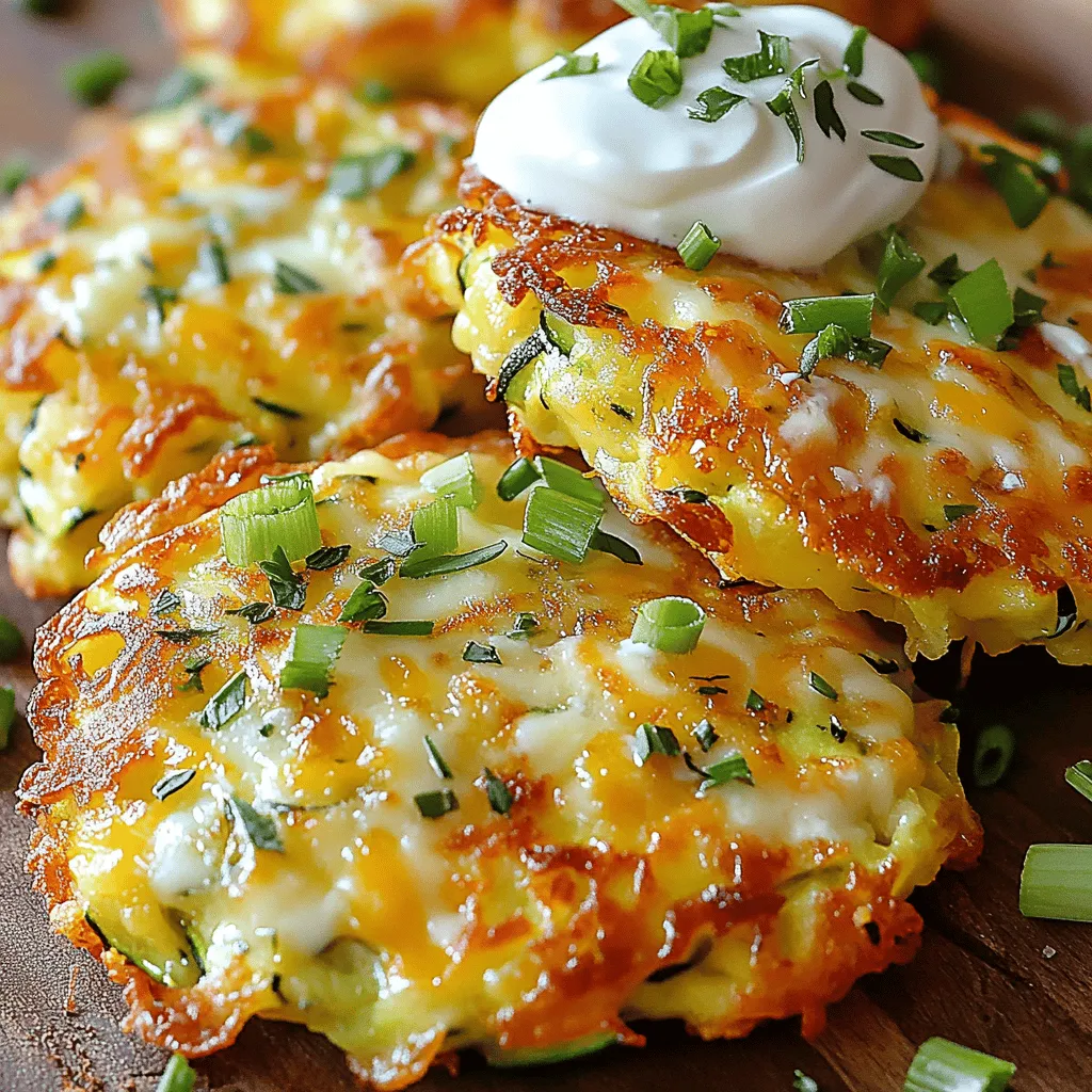 - 2 medium zucchinis, grated - 1 cup shredded mozzarella cheese - 1/2 cup grated Parmesan cheese - 1/2 cup all-purpose flour - 2 large eggs - 1/4 cup green onions, finely chopped - 2 cloves garlic, minced - 1 teaspoon dried oregano - 1/2 teaspoon salt - 1/4 teaspoon black pepper - Olive oil for frying - Fresh herbs (parsley, cilantro) - Red pepper flakes for heat These ingredients create a tasty base for savory cheesy zucchini fritters. Start with fresh zucchinis; they need to be grated well. This step helps to bring out their flavor. Next, the mozzarella and Parmesan add a rich, cheesy taste. The flour binds everything together, while the eggs help with structure. Green onions and garlic give each bite a burst of flavor. Oregano adds a nice touch of herbiness. Salt and pepper balance the flavors perfectly. For frying, olive oil gives a great crispiness and flavor to the fritters. If you want to enhance the taste, consider adding fresh herbs or red pepper flakes. Fresh herbs like parsley or cilantro brighten the dish. Red pepper flakes add a nice kick for those who enjoy some heat. For the full recipe, follow the steps to make these delightful fritters. To start, you need to prepare the zucchini. Grate the zucchinis using a box grater or a food processor. After grating, put the zucchini in a clean kitchen towel. Squeeze out as much moisture as possible. Removing this moisture is very important. If you don’t, your fritters will be soggy. You want them crispy and light. Next, let’s mix the ingredients. In a large bowl, combine the grated zucchini, shredded mozzarella, grated Parmesan, all-purpose flour, eggs, chopped green onions, minced garlic, oregano, salt, and black pepper. Use a spatula or spoon to mix well. Make sure everything is evenly mixed. The mixture should be thick but not dry. If it feels too loose, add a little more flour. Now, it’s time to cook the fritters. Heat a large skillet over medium heat. Add a few tablespoons of olive oil to the skillet. You need enough oil to coat the bottom but not drown the fritters. Once the oil is hot, use a tablespoon or small scoop to drop the zucchini mixture into the skillet. Flatten each dollop slightly with the back of the spoon. Cook for about 3-4 minutes on each side. Look for a golden brown color for perfect crispiness. When done, place the fritters on a plate lined with paper towels. This will soak up any extra oil. Repeat until you cook all the mixture. Add more olive oil as needed. For the full recipe, check out the Savory Cheesy Zucchini Fritters section. Squeezing out moisture is key to great fritters. Zucchinis hold a lot of water. If you skip this step, your fritters turn mushy. Here’s how to do it right: - Grate the zucchinis and place them in a clean kitchen towel or cheesecloth. - Squeeze it tightly to remove as much liquid as you can. Watch out for these pitfalls: - Don’t rush the squeezing; it makes a big difference. - Avoid adding too many other wet ingredients. Stick to the recipe to keep it balanced. Getting the right texture is all about balance. You need to mix the cheese and flour just right. Here are my tips: - Use equal parts cheese and flour for a good base. - Too much cheese can make them too soft, while too little will be dry. For crispy edges, try these cooking tips: - Heat your skillet well before adding oil. - Cook each fritter for about 3-4 minutes on each side. This gives a nice golden crust. These fritters shine with the right dips and sides. Here are my favorites: - Serve with sour cream or Greek yogurt for a creamy touch. - A sprinkle of fresh herbs adds color and taste. For a complete meal, pair the fritters with: - A light salad with citrus dressing. - Roasted veggies for added flavor and nutrition. For the full recipe, check out the complete guide. {{image_2}} You can add more veggies to boost nutrition. Carrots and bell peppers work well. Grate a carrot and mix it in with the zucchini. This adds color and sweetness. You can also chop bell peppers finely and include them. They bring a nice crunch and flavor. Herbs are another great way to change the taste. Consider adding fresh parsley or cilantro. These herbs can brighten up the dish. You might also try basil or thyme for a different twist. Just chop them finely and mix them into the batter. If you need a gluten-free option, switch the all-purpose flour. Almond flour or chickpea flour can be great substitutes. These alternatives add flavor and nutrition. They also keep the fritters light and crispy. Cheese choices can vary too. Try using a dairy-free cheese if you prefer. Look for options that melt well. Nutritional yeast can give a cheesy taste without dairy. It’s a smart choice for flavor and health. To make these fritters vegan, you need substitutes for eggs and cheese. For eggs, use flaxseed meal mixed with water. This mix binds the ingredients well. You can also use unsweetened applesauce as a binder. For cheese, opt for plant-based cheese. This keeps the cheesy flavor without animal products. You can also add nutritional yeast for extra flavor. This helps maintain the rich taste of the fritters. Check out the Full Recipe for more ideas on how to customize your fritters. To keep your fritters fresh, choose the right containers. Use airtight containers. This helps prevent moisture loss. For the best results, let the fritters cool completely before storing. Place parchment paper between layers to avoid sticking. For refrigeration, store them in the fridge. They will stay good for up to three days. If you want to keep them longer, freezing is the way to go. Use freezer-safe bags or containers. Make sure to squeeze out as much air as possible. When it's time to eat your fritters again, reheating is key. The best way to keep them crispy is by using a skillet. Heat a small amount of oil over medium heat. Add the fritters and cook for a few minutes on each side. This method keeps the edges nice and crunchy. You can also use a microwave, but it may not keep them crispy. If you choose this method, place a paper towel under the fritters. This helps absorb moisture. Heat them in short bursts of 30 seconds. Check often to avoid overcooking. For the full recipe of these delicious Savory Cheesy Zucchini Fritters, make sure to check out the complete guide! To prepare these fritters in advance, start by grating your zucchinis. After grating, squeeze out the moisture using a clean towel. This step helps keep the fritters crispy. Next, mix all the ingredients in a bowl as per the Full Recipe. You can store this mix in the fridge for up to a day. When you're ready to cook, just heat the skillet and fry the fritters. This way, you save time while keeping the taste fresh and delicious. Yes, you can bake these fritters for a healthier option! Preheat your oven to 400°F (200°C). Line a baking sheet with parchment paper. Shape the fritters and place them on the sheet. Brush the tops lightly with olive oil for a nice crisp. Bake for about 20-25 minutes, flipping halfway. This method gives you a lighter fritter while still keeping some crunch. You can boost the flavor of your fritters with many spices! Consider adding: - Fresh herbs like parsley or dill for a bright taste. - Red pepper flakes for a spicy kick. - Paprika for a smoky flavor. - Lemon zest for a fresh zing. These additions can really enhance your fritters and make them unique. Leftover fritters can last up to three days in the fridge. Store them in an airtight container to maintain freshness. If you want to keep them longer, you can freeze them. Just make sure to place parchment paper between layers. They can last up to three months in the freezer. When you're ready to enjoy them, reheat in a skillet to keep them crispy. This article shared a simple recipe for savory cheesy zucchini fritters. You learned about key ingredients and preparation steps. We covered tips to avoid sogginess and variations for diets like gluten-free and vegan. Creating these fritters can be fun and tasty. With the right techniques, you achieve a crispy texture and rich flavor. Explore different ingredients to make it your own. Enjoy these fritters as a snack or side dish!