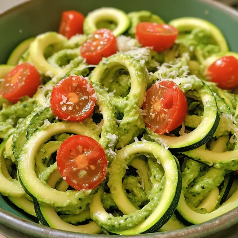 - 4 medium zucchinis - 1 ripe avocado - 1 cup fresh basil leaves - 1/4 cup walnuts (toasted) - 2 cloves garlic - 2 tablespoons nutritional yeast (optional) - 2 tablespoons fresh lemon juice - 1/4 cup olive oil - Salt and pepper to taste - Cherry tomatoes, halved (for garnish) - Grated Parmesan cheese (optional for serving) I love using fresh ingredients for this dish. Start with four medium zucchinis. They are crisp and light. You can find them at any store or farmers' market. Next, grab one ripe avocado. This adds a creamy texture and rich flavor. You will also need one cup of fresh basil leaves. Basil gives the pesto a bright taste. It smells wonderful too! For flavor, let's toast a quarter cup of walnuts. Toasting brings out their nutty essence. You will also need two cloves of garlic. Garlic adds depth and richness to the pesto. If you like a cheesy taste, toss in two tablespoons of nutritional yeast. To dress the dish, use two tablespoons of fresh lemon juice. This gives a zesty kick. Combine it with a quarter cup of olive oil for smoothness. Don’t forget salt and pepper to taste. They will enhance all the flavors. Finally, add halved cherry tomatoes for garnish. They add a pop of color and sweetness. If you want, sprinkle some grated Parmesan cheese on top when serving. For the full recipe, check out the detailed instructions that follow! To make zucchini noodles, you can use a spiralizer or a vegetable peeler. - Using a spiralizer: Secure a zucchini and twist it to create long noodles. - Using a peeler: Peel the zucchini into long strips. Once you have your noodles, set them aside. Make sure to keep them dry so they don’t become too watery when cooked. For a tasty avocado pesto, gather these ingredients: - 1 ripe avocado - 1 cup fresh basil leaves - 1/4 cup toasted walnuts - 2 cloves garlic - 2 tablespoons nutritional yeast (optional) - 2 tablespoons fresh lemon juice - 1/4 cup olive oil - Salt and pepper to taste Now, blend the ingredients in a blender or food processor. - Start with the avocado, basil, walnuts, garlic, nutritional yeast, lemon juice, and olive oil. - Blend until smooth and creamy. You may need to scrape down the sides. If the pesto is too thick, add a splash of olive oil or water to reach your desired consistency. Season with salt and pepper. To combine the zucchini noodles with the avocado pesto, take a large mixing bowl. - Toss the zucchini noodles in the bowl with the pesto. - Make sure every noodle is coated well. For serving, you can add halved cherry tomatoes on top. If you like cheese, sprinkle some grated Parmesan cheese for extra flavor. This dish is fresh and colorful, perfect for a light meal! You can find the full recipe above. To make great zucchini noodles, start with fresh zucchinis. Choose firm ones, without soft spots. Avoid watery noodles by salting them. To do this, sprinkle salt on the noodles. Let them sit for 10-15 minutes, then pat dry with a clean towel. The ideal thickness for your noodles is about the width of a pencil. This size gives a good bite and allows the pesto to coat them well. If they are too thin, they may become mushy. A spiralizer is best for this job, but a vegetable peeler works fine too. You want your pesto to be smooth and creamy. If it seems too thick, add more olive oil or a splash of water. Blend well until it reaches your desired consistency. For flavor, taste as you mix. You can add more lemon juice or salt if you need it. If you want a twist, try different nuts. Pine nuts are classic, but walnuts add a nice depth. You can also use almonds or pecans for a unique flavor. Each nut gives the pesto a different taste. When serving, think about side dishes that complement your zucchini noodles. A light salad with fresh greens works well. You can also serve garlic bread or grilled veggies on the side. For garnishes, cherry tomatoes are perfect for a pop of color. They add freshness too. A sprinkle of grated Parmesan cheese can enhance the dish further. Add some crushed red pepper flakes for a bit of heat if you like. For the full recipe, check out the recipe section above. {{image_2}} You can switch zucchini with other veggies. Carrots, sweet potatoes, or cucumbers work well too. Each gives a different taste and texture. Low-carb diets can use these options instead of traditional pasta. You can also try spaghetti squash. It has a nice, stringy texture that mimics pasta. Pesto doesn’t have to be just basil. You can add herbs like parsley, cilantro, or mint. Each herb gives a fresh twist to the sauce. If you want a vegan option, skip the cheese. Use nutritional yeast for a cheesy flavor without dairy. You can also use sunflower seeds or cashews instead of cheese for added creaminess. You can make zucchini noodles and pesto ahead of time. Store them in separate containers to keep them fresh. Zucchini noodles can last for about three days in the fridge. Pesto can last up to a week. This way, you can have a quick lunch or dinner ready. Just toss the noodles with the pesto when you’re ready to eat. Add cherry tomatoes for a pop of color and flavor. To store leftover zucchini noodles, place them in a sealed container. Use a paper towel to absorb extra moisture. This will help keep them fresh. For avocado pesto, store it in a jar. Press plastic wrap directly onto the surface to prevent browning. Seal the jar tightly to keep air out. Zucchini noodles can last about three days in the fridge. Store them in the coldest part of your fridge. Avocado pesto will stay fresh for about four days. Always check for any signs of spoilage. Use airtight containers to extend their shelf life. To reheat zucchini noodles, use a skillet over low heat. Stir gently to avoid mushiness. You can also microwave them for a quick option. For pesto, reheat it gently in a small pot. Add a bit of olive oil to keep it smooth. Avoid high heat to preserve its flavor. For the complete dish, check the Full Recipe. How to make zucchini noodles without a spiralizer? You can use a vegetable peeler or a knife. Just slice the zucchini into long strips. Aim for a thin, flat shape. This gives you a fun noodle-like texture. Can I use store-bought pesto instead of homemade? Yes, you can use store-bought pesto. It saves time and still adds great flavor. Just check the ingredients to avoid unwanted additives. Are zucchini noodles healthy? Yes, zucchini noodles are very healthy. They are low in calories and carbs. They are also high in vitamins and minerals. This makes them a great choice for a light meal. What are the nutritional benefits of avocado pesto? Avocado pesto offers healthy fats from the avocado. It also contains vitamins and antioxidants from the basil. Walnuts add extra omega-3 fatty acids. This combination is great for heart health. What proteins pair well with zucchini noodles? Grilled chicken, shrimp, or tofu work well. These proteins add flavor and make your meal more filling. You can also try chickpeas for a plant-based option. Can I serve this dish cold? Yes, you can serve this dish cold. It makes a refreshing salad. Just toss the zucchini noodles with pesto and chill before serving. In this post, we explored how to make a delicious zucchini noodle dish with avocado pesto. We covered fresh ingredients, like zucchinis and basil, and included flavor boosters such as walnuts and garlic. I shared tips for perfecting your noodles and pesto, along with serving ideas and variations. Zucchini noodles are a healthy alternative to pasta and can suit many diets. Enjoy experimenting with different herbs and vegetables! Prepare this dish for a tasty meal that’s easy to store and reheat.