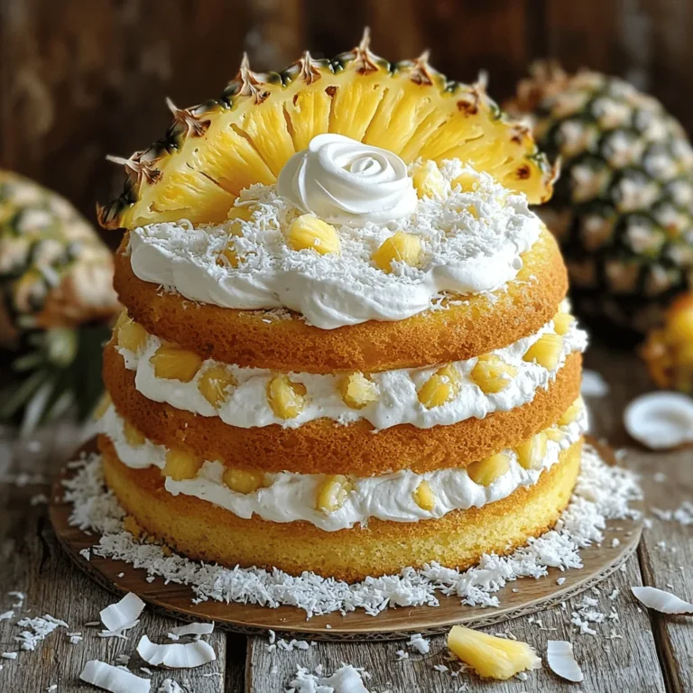 To make Pineapple Heaven Cake, you need these key ingredients: - 1 ½ cups all-purpose flour - 1 cup granulated sugar - ½ cup unsalted butter, softened - 3 large eggs - 1 cup crushed pineapple, drained - ½ cup unsweetened coconut flakes - 1 tsp baking powder - ½ tsp baking soda - ½ tsp salt - 1 tsp vanilla extract - 1 cup heavy whipping cream - 2 tablespoons powdered sugar - Pineapple slices and coconut flakes for garnish Each of these ingredients plays a role. Flour provides structure. Sugar adds sweetness. Butter makes it rich. Eggs give it moisture and fluffiness. Pineapple brings a burst of flavor. Coconut adds a tropical twist. Baking powder and baking soda help it rise. Salt balances the sweetness. Vanilla adds depth. Heavy cream is for the delightful topping. For extra flair, you can add garnishes like: - Fresh pineapple slices - Extra coconut flakes - Mint leaves for a pop of color These options make your cake look beautiful and inviting. They also enhance the tropical theme. If you need to convert measurements, here are some quick tips: - 1 cup = 240 milliliters - 1 tablespoon = 15 milliliters - 1 teaspoon = 5 milliliters Understanding these conversions helps if you use different measuring tools. Always double-check for the best results. For the full recipe, see the previous section. First, preheat your oven to 350°F (175°C). This step is key for even baking. While the oven heats up, grease and flour a 9-inch round cake pan or line it with parchment paper. Next, in a medium bowl, whisk together 1 ½ cups of all-purpose flour, 1 tsp of baking powder, ½ tsp of baking soda, and ½ tsp of salt. This mix gives the cake structure. Set this bowl aside for now. In a large bowl, beat ½ cup of softened unsalted butter and 1 cup of granulated sugar using an electric mixer. Mix until it feels light and fluffy. This should take about 3-4 minutes. Add 3 large eggs one at a time, mixing well after each addition. Then, mix in 1 tsp of vanilla extract. Now, gradually add the dry mixture into the wet mixture. Mix until just combined; don’t overdo it! Finally, gently fold in 1 cup of drained crushed pineapple and ½ cup of unsweetened coconut flakes. Make sure they’re evenly spread throughout the batter. Pour the batter into your prepared cake pan. Use a spatula to smooth the top. Place it in your preheated oven and bake for 30-35 minutes. Your cake is done when a toothpick inserted into the center comes out clean. Once baked, take the cake out and let it cool in the pan for about 10 minutes. After that, transfer it to a wire rack to cool completely. Once the cake is cool, it’s time for the fun part! In a mixing bowl, whip 1 cup of heavy whipping cream until soft peaks form. Gradually add 2 tablespoons of powdered sugar, continuing to beat until you have stiff peaks. Now, generously spread the whipped cream on top of your cooled cake. For a lovely finish, decorate with pineapple slices and extra coconut flakes. Slice the cake and serve it chilled or at room temperature. Enjoy this delicious tropical treat! For the full recipe, check out the details above. To bake Pineapple Heaven Cake well, follow these key steps: - Use fresh ingredients. Fresh eggs and butter work best. - Measure accurately. Using a kitchen scale can help. - Preheat your oven. Always preheat to ensure even baking. - Check for doneness. Use a toothpick to check if the center is done. - Cool properly. Let the cake cool in the pan before transferring it. Making whipped cream is simple if you follow these tips: - Use cold cream. Start with heavy whipping cream straight from the fridge. - Use a clean bowl. A chilled metal bowl helps whip the cream faster. - Beat at medium speed. Start slow, then increase speed for better volume. - Add sugar gradually. Mix in powdered sugar after soft peaks form. - Don’t overbeat. Stop as soon as stiff peaks form for best results. Avoid these errors to ensure a perfect cake: - Skipping the cooling step. Always cool the cake before frosting. - Adding too much pineapple. Drain it well to avoid a soggy cake. - Not measuring ingredients. Precision matters, especially for flour and sugar. - Overmixing the batter. Mix until just combined to keep the cake light. - Ignoring oven temperatures. Every oven is different; keep an eye on your cake. For the full recipe, check the section above. {{image_2}} You can make Pineapple Heaven Cake even better by adding more fruit. Try using mango, kiwi, or banana for a tropical twist. Just chop the fruit into small pieces. Mix them into the batter when you add the pineapple. These fruits will add color and extra flavor. They make each bite more fun and exciting! If you need a gluten-free option, you can use gluten-free flour. Look for a blend that works well in cakes. Replace the all-purpose flour in the recipe with the same amount of gluten-free flour. This keeps the texture light and fluffy. You may also want to check the baking powder to ensure it's gluten-free. This way, everyone can enjoy this tasty cake! The whipped cream topping is delicious, but you can try different frostings. Cream cheese frosting gives a tangy flavor that pairs well with pineapple. You can also use coconut frosting for a richer taste. If you like chocolate, a chocolate ganache can be a fun and bold choice. Each frosting adds a unique twist to this cake, making it even more special. For the complete recipe, check the Full Recipe section. Store leftover Pineapple Heaven Cake in an airtight container. This keeps it fresh and tasty. You can keep it in the fridge for up to five days. If you want to keep it longer, consider freezing it. If you need to freeze the cake, wrap it well in plastic wrap. Then, place it in a freezer-safe container. This method keeps the cake moist. You can freeze it for up to three months. When you are ready to eat, let it thaw in the fridge overnight. To reheat the cake, place a slice in the microwave. Heat it for about 10 to 15 seconds. This warms it nicely without drying it out. You can also enjoy it cold, as it tastes great straight from the fridge. For serving, you can add fresh whipped cream on top for a special touch. For the full recipe, check out the details above. Pineapple Heaven Cake stands out due to its blend of flavors and textures. The cake combines sweet pineapple, creamy coconut, and soft cake. This mix creates a tropical taste that brightens any day. The pineapple lends moisture, while coconut adds a delightful chew. Together, they make each bite feel like a mini vacation. Plus, the whipped cream topping adds a light touch, making it irresistible. Yes, you can make Pineapple Heaven Cake in advance! This cake tastes even better after sitting for a day. You can bake the cake and store it in an airtight container. Keep it in the fridge to maintain freshness. When ready to serve, add the whipped cream topping. This way, your cake stays light and fluffy. Making it ahead saves time for your special event. Pineapple Heaven Cake pairs well with various sides. Fresh fruit salad adds a refreshing touch. You can also serve it with a scoop of vanilla ice cream for a creamy contrast. Another option is a drizzle of caramel sauce for added sweetness. For a fun twist, try it with a tropical smoothie. Each option enhances the cake's flavors and makes the dessert even more enjoyable. For the complete recipe, check out the Full Recipe. You learned how to make Pineapple Heaven Cake from start to finish. We discussed key ingredients, easy steps, and tips. You got ideas for variations, storage, and common questions too. Remember, this cake shines with fresh fruit or custom toppings. With these simple methods, you can impress anyone. Enjoy baking and let your creativity flow!