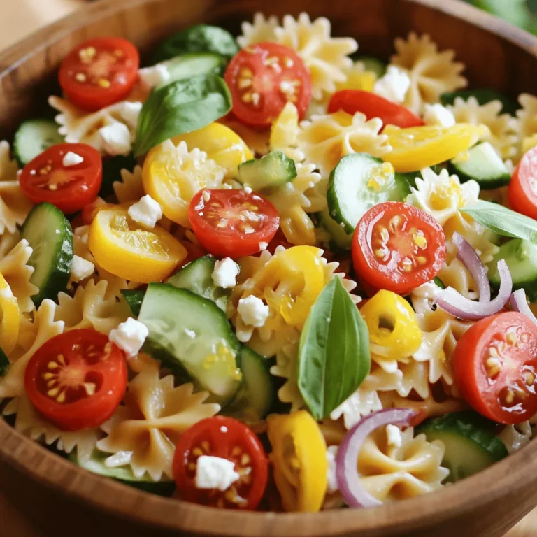 - 8 oz farfalle pasta (or any pasta of your choice) - 1 cup cherry tomatoes, halved - 1 cucumber, diced - 1/2 red onion, finely chopped - 1 cup fresh basil leaves, torn - 1/2 cup feta cheese, crumbled (optional) - 1/4 cup olive oil - 3 tablespoons fresh lemon juice - Zest of 1 lemon - 1 teaspoon honey (or maple syrup) - Salt and pepper to taste To make Lemon Basil Pasta Salad, you need a few key ingredients. First, choose your pasta. I love farfalle, but penne works well too. Next, gather fresh produce. You will need cherry tomatoes, cucumber, and red onion. These add color and crunch. Now, let’s talk dressing. You will need olive oil, fresh lemon juice, and lemon zest. Honey adds a touch of sweetness. Remember to season with salt and pepper. You can also add optional ingredients for extra flavor. Feta cheese gives a creamy touch. Additional herbs can boost the taste even more. For the full recipe, check out the detailed instructions. To cook pasta al dente, bring a large pot of salted water to a boil. Add 8 oz of farfalle pasta. Stir occasionally and follow the package instructions. Usually, this takes about 8-10 minutes. Check the pasta a minute early. It should be firm but not hard. Once cooked, drain the pasta and rinse it under cold water. This stops the cooking process and cools the pasta quickly. Set it aside for later. For this salad, you need fresh produce. Start with cherry tomatoes, cucumber, and red onion. Use a sharp knife and a cutting board. Cut the tomatoes in half, dice the cucumber, and finely chop the onion. Make sure all pieces are even. This helps them mix well and taste great together. After chopping, add the vegetables to a large mixing bowl. Now, let's make the dressing. In a small bowl, whisk together 1/4 cup olive oil, 3 tablespoons fresh lemon juice, and the zest of 1 lemon. Add 1 teaspoon of honey for sweetness. Season with salt and pepper to taste. If you want it sweeter, just add a bit more honey. Whisk until everything is combined and smooth. Add the cooled pasta to the bowl with the mixed vegetables. Pour the dressing over the pasta and veggies. Use a large spoon to toss gently. This ensures all ingredients get coated. Be careful when mixing in the torn basil leaves. Fold them in gently to keep them intact. If you're using feta cheese, sprinkle it on top and mix carefully. Once everything is combined, cover the bowl with plastic wrap. Refrigerate the salad for at least 30 minutes. This chilling time lets the flavors blend nicely. You can serve the salad cold or at room temperature. It tastes even better after it sits. Enjoy your fresh and flavorful Lemon Basil Pasta Salad! For the complete recipe, check out the Full Recipe section. To enhance the dressing, add more lemon zest. This boosts the fresh taste. You can also mix in a pinch of red pepper flakes for some heat. This little kick makes the salad exciting. Always use fresh ingredients for the best flavor. Choose bright tomatoes and crisp cucumbers. Wash everything well before use. Store leftovers in an airtight container in the fridge. This keeps your salad fresh for up to three days. For garnishing, sprinkle extra feta on top. Add a few basil leaves for a pop of green. You can serve this salad in a large bowl or in individual dishes. It works great for picnics or family gatherings. Check out the Full Recipe for more ideas on serving! {{image_2}} You can easily boost the protein in your Lemon Basil Pasta Salad. For a meat option, grilled chicken or shrimp adds a tasty twist. Simply cook the chicken or shrimp on the grill, slice, and mix it in. This change makes the dish more filling and hearty. If you prefer a vegetarian choice, try adding chickpeas. They are easy to add and provide great texture. Rinse and drain a can of chickpeas and fold them into the salad. This way, you'll get a protein punch without meat. Switching up the dressing can change the whole flavor. Instead of the lemon dressing, you can use balsamic vinegar or a simple vinaigrette. This adds a sweet and tangy taste that complements the pasta. For those who want a dairy-free or vegan-friendly option, skip the feta cheese. You can also use a vegan mayo mixed with lemon juice. This keeps the creaminess without any dairy. Adjusting the salad with seasonal ingredients makes it fresh and exciting. In summer, add sweet corn or bell peppers. In fall, consider roasted squash or pumpkin. These changes keep the dish vibrant all year. You can also use fresh herbs beyond basil. Try parsley, cilantro, or even mint for a unique flavor. These herbs can brighten the dish and add layers of taste. You can find the Full Recipe above. To keep your Lemon Basil Pasta Salad fresh, use airtight containers. Glass or plastic containers work well. The salad stays good in the fridge for about three days. If the pasta seems dry, add a splash of olive oil before serving. You can freeze pasta salad, but some veggies may lose crunch. To freeze, place the salad in a freezer-safe container. When you want to eat it, thaw it overnight in the fridge. Refresh the salad by adding fresh basil and a little lemon juice. Check for off smells or color changes to know if the salad is bad. If you see mold or if it feels slimy, throw it away. Always practice food safety by washing your hands and using clean utensils. You can use many types of pasta for this salad. Farfalle is my favorite because its shape holds the dressing well. Penne and rotini are also great choices. If you're gluten-free, try using brown rice or quinoa pasta. These options keep the taste and texture while being friendly to your diet. Whole grain pasta adds fiber and nutrients. Specialty pasta, like spinach or beet pasta, can add color and flavor to the dish. Yes, you can make this salad ahead of time. It helps the flavors blend better. I suggest prepping it a few hours before serving. You can even make it the day before. Just cover it and chill in the fridge. I recommend chilling it for at least 30 minutes before serving. This allows the dressing to soak into the pasta and veggies. Lemon Basil Pasta Salad pairs well with many dishes. Grilled chicken, shrimp, or fish make great mains. You can also serve it with roasted vegetables for a lighter option. For side dishes, think about garlic bread or a fresh green salad. To enhance your meal, I suggest a crisp white wine, like Sauvignon Blanc. If you prefer non-alcoholic options, try sparkling water with lemon. These drinks will complement the fresh flavors of the salad. This blog post covered the essentials for making a delicious Lemon Basil Pasta Salad. We explored the key ingredients, including various pasta types and fresh veggies. You learned how to cook pasta perfectly and prepare vegetables for the best flavor. We also discussed tips for enhancing your dressing, presenting your salad, and storing any leftovers. Remember, this recipe can adapt to your taste and seasonal ingredients. Enjoy experimenting with proteins and dressings to make it your own. Your pasta salad journey can be fresh and exciting!