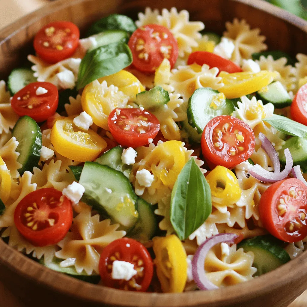 - 8 oz farfalle pasta (or any pasta of your choice) - 1 cup cherry tomatoes, halved - 1 cucumber, diced - 1/2 red onion, finely chopped - 1 cup fresh basil leaves, torn - 1/2 cup feta cheese, crumbled (optional) - 1/4 cup olive oil - 3 tablespoons fresh lemon juice - Zest of 1 lemon - 1 teaspoon honey (or maple syrup) - Salt and pepper to taste To make Lemon Basil Pasta Salad, you need a few key ingredients. First, choose your pasta. I love farfalle, but penne works well too. Next, gather fresh produce. You will need cherry tomatoes, cucumber, and red onion. These add color and crunch. Now, let’s talk dressing. You will need olive oil, fresh lemon juice, and lemon zest. Honey adds a touch of sweetness. Remember to season with salt and pepper. You can also add optional ingredients for extra flavor. Feta cheese gives a creamy touch. Additional herbs can boost the taste even more. For the full recipe, check out the detailed instructions. To cook pasta al dente, bring a large pot of salted water to a boil. Add 8 oz of farfalle pasta. Stir occasionally and follow the package instructions. Usually, this takes about 8-10 minutes. Check the pasta a minute early. It should be firm but not hard. Once cooked, drain the pasta and rinse it under cold water. This stops the cooking process and cools the pasta quickly. Set it aside for later. For this salad, you need fresh produce. Start with cherry tomatoes, cucumber, and red onion. Use a sharp knife and a cutting board. Cut the tomatoes in half, dice the cucumber, and finely chop the onion. Make sure all pieces are even. This helps them mix well and taste great together. After chopping, add the vegetables to a large mixing bowl. Now, let's make the dressing. In a small bowl, whisk together 1/4 cup olive oil, 3 tablespoons fresh lemon juice, and the zest of 1 lemon. Add 1 teaspoon of honey for sweetness. Season with salt and pepper to taste. If you want it sweeter, just add a bit more honey. Whisk until everything is combined and smooth. Add the cooled pasta to the bowl with the mixed vegetables. Pour the dressing over the pasta and veggies. Use a large spoon to toss gently. This ensures all ingredients get coated. Be careful when mixing in the torn basil leaves. Fold them in gently to keep them intact. If you're using feta cheese, sprinkle it on top and mix carefully. Once everything is combined, cover the bowl with plastic wrap. Refrigerate the salad for at least 30 minutes. This chilling time lets the flavors blend nicely. You can serve the salad cold or at room temperature. It tastes even better after it sits. Enjoy your fresh and flavorful Lemon Basil Pasta Salad! For the complete recipe, check out the Full Recipe section. To enhance the dressing, add more lemon zest. This boosts the fresh taste. You can also mix in a pinch of red pepper flakes for some heat. This little kick makes the salad exciting. Always use fresh ingredients for the best flavor. Choose bright tomatoes and crisp cucumbers. Wash everything well before use. Store leftovers in an airtight container in the fridge. This keeps your salad fresh for up to three days. For garnishing, sprinkle extra feta on top. Add a few basil leaves for a pop of green. You can serve this salad in a large bowl or in individual dishes. It works great for picnics or family gatherings. Check out the Full Recipe for more ideas on serving! {{image_2}} You can easily boost the protein in your Lemon Basil Pasta Salad. For a meat option, grilled chicken or shrimp adds a tasty twist. Simply cook the chicken or shrimp on the grill, slice, and mix it in. This change makes the dish more filling and hearty. If you prefer a vegetarian choice, try adding chickpeas. They are easy to add and provide great texture. Rinse and drain a can of chickpeas and fold them into the salad. This way, you'll get a protein punch without meat. Switching up the dressing can change the whole flavor. Instead of the lemon dressing, you can use balsamic vinegar or a simple vinaigrette. This adds a sweet and tangy taste that complements the pasta. For those who want a dairy-free or vegan-friendly option, skip the feta cheese. You can also use a vegan mayo mixed with lemon juice. This keeps the creaminess without any dairy. Adjusting the salad with seasonal ingredients makes it fresh and exciting. In summer, add sweet corn or bell peppers. In fall, consider roasted squash or pumpkin. These changes keep the dish vibrant all year. You can also use fresh herbs beyond basil. Try parsley, cilantro, or even mint for a unique flavor. These herbs can brighten the dish and add layers of taste. You can find the Full Recipe above. To keep your Lemon Basil Pasta Salad fresh, use airtight containers. Glass or plastic containers work well. The salad stays good in the fridge for about three days. If the pasta seems dry, add a splash of olive oil before serving. You can freeze pasta salad, but some veggies may lose crunch. To freeze, place the salad in a freezer-safe container. When you want to eat it, thaw it overnight in the fridge. Refresh the salad by adding fresh basil and a little lemon juice. Check for off smells or color changes to know if the salad is bad. If you see mold or if it feels slimy, throw it away. Always practice food safety by washing your hands and using clean utensils. You can use many types of pasta for this salad. Farfalle is my favorite because its shape holds the dressing well. Penne and rotini are also great choices. If you're gluten-free, try using brown rice or quinoa pasta. These options keep the taste and texture while being friendly to your diet. Whole grain pasta adds fiber and nutrients. Specialty pasta, like spinach or beet pasta, can add color and flavor to the dish. Yes, you can make this salad ahead of time. It helps the flavors blend better. I suggest prepping it a few hours before serving. You can even make it the day before. Just cover it and chill in the fridge. I recommend chilling it for at least 30 minutes before serving. This allows the dressing to soak into the pasta and veggies. Lemon Basil Pasta Salad pairs well with many dishes. Grilled chicken, shrimp, or fish make great mains. You can also serve it with roasted vegetables for a lighter option. For side dishes, think about garlic bread or a fresh green salad. To enhance your meal, I suggest a crisp white wine, like Sauvignon Blanc. If you prefer non-alcoholic options, try sparkling water with lemon. These drinks will complement the fresh flavors of the salad. This blog post covered the essentials for making a delicious Lemon Basil Pasta Salad. We explored the key ingredients, including various pasta types and fresh veggies. You learned how to cook pasta perfectly and prepare vegetables for the best flavor. We also discussed tips for enhancing your dressing, presenting your salad, and storing any leftovers. Remember, this recipe can adapt to your taste and seasonal ingredients. Enjoy experimenting with proteins and dressings to make it your own. Your pasta salad journey can be fresh and exciting!