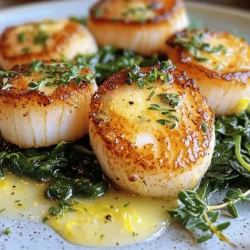 - 1 pound sea scallops, patted dry - 2 tablespoons olive oil - Salt and pepper to taste - 4 tablespoons unsalted butter - 1 tablespoon fresh lemon juice - Zest of 1 lemon - 2 cloves garlic, minced - 1 tablespoon fresh parsley, finely chopped - Fresh thyme leaves (optional for garnish) - Large skillet - Tongs - Paper towels - Measuring spoons When making crispy pan-seared scallops, fresh ingredients are key. The scallops should be as dry as possible. Pat them with paper towels to soak up moisture. This makes the scallops crisp when cooked. I use sea scallops for their sweet flavor. You can find them at most fish markets. Next, I heat olive oil in a large skillet. You want it to shimmer but not smoke. This means the oil is ready for the scallops. Salt and pepper enhance the flavor. I recommend seasoning both sides of the scallops. Lemon juice and zest bring brightness to the dish. Fresh garlic adds aroma and flavor. Chopping fresh parsley gives a nice touch. It adds color and freshness to the final plate. Optional thyme leaves can be added as a garnish. They add a lovely herbal note. With these ingredients and tools, you are ready to create a delicious meal. For the full recipe, check out the details above. First, you need to pat the scallops dry. Use paper towels to remove any moisture. This step is key for getting a nice crispy crust. If scallops are wet, they will steam instead of sear. Season both sides with salt and pepper. This adds flavor and helps create that golden crust. Now, heat the olive oil in a large skillet. Set the heat to medium-high. Wait until the oil shimmers. This shows it is hot enough for cooking. Carefully place the scallops in the skillet. Make sure to leave space between each one. Sear the scallops for about 2-3 minutes. Do not move them during this time. You want a beautiful golden color. After searing, it’s time to flip the scallops. Use tongs to turn them gently. Cook the other side for about 2 minutes. The scallops should be opaque and cooked through. Once done, remove them from the skillet and set aside on a plate. What comes next is the lemon herb butter. Lower the heat to medium. Add the unsalted butter to the same skillet. Let it melt down while scraping up any brown bits stuck to the bottom. These bits add great flavor to the sauce. Stir in the minced garlic and let it cook for 30 seconds. This will make your kitchen smell amazing! Now, add the fresh lemon juice and lemon zest. Sprinkle in the chopped parsley too. Stir well to combine everything. Allow the sauce to bubble for a minute. This will help meld the flavors together nicely. For the full recipe, follow the steps above and enjoy a delightful dish! To get the best crispy scallops, I recommend using olive oil. It has a high smoke point, which works well for searing. Heat the oil until it shimmers in the pan. This shows it's hot enough for cooking. If the pan isn’t hot, the scallops will stick and won’t brown. Plating your scallops can be fun! I love serving them on a bed of sautéed spinach. The green adds color and a nice touch. You can also pair them with a fresh citrus salad. A drizzle of lemon herb butter around the plate looks great too! One big mistake is overcrowding the pan. When you add too many scallops, they steam instead of sear. Another mistake is not drying the scallops well. Moisture keeps them from getting that nice golden crust. For the best results, pat them dry with paper towels before cooking. For a complete guide on making this dish, check out the Full Recipe. {{image_2}} You can make your crispy pan-seared scallops even better by adding more flavors. Here are some ideas: - Herbs: Try adding fresh herbs like dill or basil. Just chop them finely and mix them into your butter sauce. The herbs give a fresh taste to the dish. - Spices: You can also add spices for a kick. Paprika brings a mild warmth, while chili flakes add heat. Sprinkle these on the scallops before cooking for extra flavor. Not only can you use lemon herb butter, but there are other tasty sauces you can try: - Creamy garlic sauce: This sauce is rich and smooth. Just mix heavy cream with minced garlic, salt, and pepper. Cook it on low heat until it thickens, then pour it over your scallops. - Tomato-based sauce: For a different flavor, consider a tomato-based sauce. You can sauté garlic and onions, then add crushed tomatoes and herbs. Let it simmer for a while, and pour it over the scallops for a bright, zesty finish. The right sides can make your scallops shine. Here are some great options: - Seasonal vegetables: Choose fresh, seasonal veggies like asparagus or green beans. Sauté them lightly in olive oil and serve them alongside your scallops for a colorful plate. - Different types of grains: Grains like quinoa or rice can add heartiness to your meal. Cook them in vegetable broth for extra flavor, and serve them under the scallops for a satisfying dish. For the complete dish, check the Full Recipe. To keep your crispy pan-seared scallops fresh, place them in an airtight container. This helps avoid moisture. Store them in the fridge for up to two days. After that, the texture may not be as good. Always check for any off smells before eating leftovers. When reheating scallops, use a skillet over low heat. This method helps restore some crispiness. Heat them for a few minutes until warm, flipping gently. Avoid using a microwave. It often makes scallops rubbery and soggy. For best results, enjoy them fresh! If you want to explore the full recipe, check it out here. Cook scallops for about 4 to 6 minutes total. Sear them for 2 to 3 minutes on one side. Once they are golden brown, flip them. Cook for an additional 2 minutes or until they turn opaque. You can tell they are done when they feel firm to the touch. Scallops may not be crispy if they are wet or overcrowded. Make sure to pat them dry before cooking. Use a large skillet to give them space. Avoid flipping them too soon; let them sear undisturbed for the best crust. Yes, you can use frozen scallops. Thaw them in the fridge overnight or place them in cold water for about an hour. Once thawed, pat them dry well. This will help you achieve that crispy texture. Crispy pan-seared scallops pair well with many sides. Try sautéed spinach or a fresh citrus salad. You can also serve them with rice or quinoa for a filling meal. A drizzle of the lemon herb butter adds great flavor too. For more ideas, check the full recipe. In this post, we explored how to cook sea scallops to perfection. We looked at the ingredients needed, essential tools, and detailed instructions from preparation to serving. You learned valuable tips to avoid common mistakes and variations to enhance flavors. Remember, crispy scallops depend on proper drying and pan temperature. With practice, you can serve a delightful dish that impresses everyone. Happy cooking!