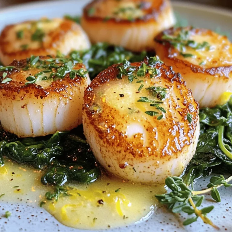 - 1 pound sea scallops, patted dry - 2 tablespoons olive oil - Salt and pepper to taste - 4 tablespoons unsalted butter - 1 tablespoon fresh lemon juice - Zest of 1 lemon - 2 cloves garlic, minced - 1 tablespoon fresh parsley, finely chopped - Fresh thyme leaves (optional for garnish) - Large skillet - Tongs - Paper towels - Measuring spoons When making crispy pan-seared scallops, fresh ingredients are key. The scallops should be as dry as possible. Pat them with paper towels to soak up moisture. This makes the scallops crisp when cooked. I use sea scallops for their sweet flavor. You can find them at most fish markets. Next, I heat olive oil in a large skillet. You want it to shimmer but not smoke. This means the oil is ready for the scallops. Salt and pepper enhance the flavor. I recommend seasoning both sides of the scallops. Lemon juice and zest bring brightness to the dish. Fresh garlic adds aroma and flavor. Chopping fresh parsley gives a nice touch. It adds color and freshness to the final plate. Optional thyme leaves can be added as a garnish. They add a lovely herbal note. With these ingredients and tools, you are ready to create a delicious meal. For the full recipe, check out the details above. First, you need to pat the scallops dry. Use paper towels to remove any moisture. This step is key for getting a nice crispy crust. If scallops are wet, they will steam instead of sear. Season both sides with salt and pepper. This adds flavor and helps create that golden crust. Now, heat the olive oil in a large skillet. Set the heat to medium-high. Wait until the oil shimmers. This shows it is hot enough for cooking. Carefully place the scallops in the skillet. Make sure to leave space between each one. Sear the scallops for about 2-3 minutes. Do not move them during this time. You want a beautiful golden color. After searing, it’s time to flip the scallops. Use tongs to turn them gently. Cook the other side for about 2 minutes. The scallops should be opaque and cooked through. Once done, remove them from the skillet and set aside on a plate. What comes next is the lemon herb butter. Lower the heat to medium. Add the unsalted butter to the same skillet. Let it melt down while scraping up any brown bits stuck to the bottom. These bits add great flavor to the sauce. Stir in the minced garlic and let it cook for 30 seconds. This will make your kitchen smell amazing! Now, add the fresh lemon juice and lemon zest. Sprinkle in the chopped parsley too. Stir well to combine everything. Allow the sauce to bubble for a minute. This will help meld the flavors together nicely. For the full recipe, follow the steps above and enjoy a delightful dish! To get the best crispy scallops, I recommend using olive oil. It has a high smoke point, which works well for searing. Heat the oil until it shimmers in the pan. This shows it's hot enough for cooking. If the pan isn’t hot, the scallops will stick and won’t brown. Plating your scallops can be fun! I love serving them on a bed of sautéed spinach. The green adds color and a nice touch. You can also pair them with a fresh citrus salad. A drizzle of lemon herb butter around the plate looks great too! One big mistake is overcrowding the pan. When you add too many scallops, they steam instead of sear. Another mistake is not drying the scallops well. Moisture keeps them from getting that nice golden crust. For the best results, pat them dry with paper towels before cooking. For a complete guide on making this dish, check out the Full Recipe. {{image_2}} You can make your crispy pan-seared scallops even better by adding more flavors. Here are some ideas: - Herbs: Try adding fresh herbs like dill or basil. Just chop them finely and mix them into your butter sauce. The herbs give a fresh taste to the dish. - Spices: You can also add spices for a kick. Paprika brings a mild warmth, while chili flakes add heat. Sprinkle these on the scallops before cooking for extra flavor. Not only can you use lemon herb butter, but there are other tasty sauces you can try: - Creamy garlic sauce: This sauce is rich and smooth. Just mix heavy cream with minced garlic, salt, and pepper. Cook it on low heat until it thickens, then pour it over your scallops. - Tomato-based sauce: For a different flavor, consider a tomato-based sauce. You can sauté garlic and onions, then add crushed tomatoes and herbs. Let it simmer for a while, and pour it over the scallops for a bright, zesty finish. The right sides can make your scallops shine. Here are some great options: - Seasonal vegetables: Choose fresh, seasonal veggies like asparagus or green beans. Sauté them lightly in olive oil and serve them alongside your scallops for a colorful plate. - Different types of grains: Grains like quinoa or rice can add heartiness to your meal. Cook them in vegetable broth for extra flavor, and serve them under the scallops for a satisfying dish. For the complete dish, check the Full Recipe. To keep your crispy pan-seared scallops fresh, place them in an airtight container. This helps avoid moisture. Store them in the fridge for up to two days. After that, the texture may not be as good. Always check for any off smells before eating leftovers. When reheating scallops, use a skillet over low heat. This method helps restore some crispiness. Heat them for a few minutes until warm, flipping gently. Avoid using a microwave. It often makes scallops rubbery and soggy. For best results, enjoy them fresh! If you want to explore the full recipe, check it out here. Cook scallops for about 4 to 6 minutes total. Sear them for 2 to 3 minutes on one side. Once they are golden brown, flip them. Cook for an additional 2 minutes or until they turn opaque. You can tell they are done when they feel firm to the touch. Scallops may not be crispy if they are wet or overcrowded. Make sure to pat them dry before cooking. Use a large skillet to give them space. Avoid flipping them too soon; let them sear undisturbed for the best crust. Yes, you can use frozen scallops. Thaw them in the fridge overnight or place them in cold water for about an hour. Once thawed, pat them dry well. This will help you achieve that crispy texture. Crispy pan-seared scallops pair well with many sides. Try sautéed spinach or a fresh citrus salad. You can also serve them with rice or quinoa for a filling meal. A drizzle of the lemon herb butter adds great flavor too. For more ideas, check the full recipe. In this post, we explored how to cook sea scallops to perfection. We looked at the ingredients needed, essential tools, and detailed instructions from preparation to serving. You learned valuable tips to avoid common mistakes and variations to enhance flavors. Remember, crispy scallops depend on proper drying and pan temperature. With practice, you can serve a delightful dish that impresses everyone. Happy cooking!