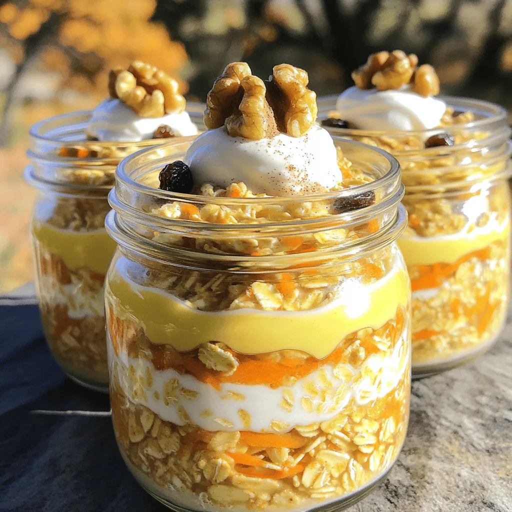For the perfect carrot cake overnight oats, gather these ingredients: - 1 cup rolled oats - 1 medium carrot, grated - 1 cup almond milk (or any milk of choice) - 2 tablespoons maple syrup (or honey) - 1 teaspoon vanilla extract - 1 teaspoon ground cinnamon - 1/2 teaspoon ground nutmeg - 1/4 cup Greek yogurt (or dairy-free yogurt) - 2 tablespoons raisins - 2 tablespoons chopped walnuts (or pecans) - Pinch of salt Each ingredient plays a special role in the flavor and texture. The oats provide a hearty base, while the grated carrot adds sweetness and moisture. Maple syrup or honey gives a natural sweetness. Almond milk keeps it light and creamy. For spices, cinnamon and nutmeg evoke warm, cozy feelings. Greek yogurt adds creaminess and protein, making it filling. Raisins and nuts add chewy and crunchy contrasts, enhancing the overall experience. If you want to switch things up, here are some options: - Use rolled quinoa instead of oats for a gluten-free option. - Swap almond milk for coconut milk for a tropical twist. - Try agave syrup instead of maple syrup for a different sweetness. - Replace Greek yogurt with silken tofu for a vegan choice. - Use dried cranberries or chopped dates in place of raisins for added flavor. These changes keep the spirit of carrot cake alive while catering to your tastes! To make your carrot cake overnight oats, start with a mixing bowl. Combine these ingredients: - 1 cup rolled oats - 1 cup almond milk (or any milk of choice) - 1 medium carrot, grated - 2 tablespoons maple syrup (or honey) - 1 teaspoon vanilla extract - 1 teaspoon ground cinnamon - 1/2 teaspoon ground nutmeg - Pinch of salt Stir these ingredients well. Make sure the oats soak up the milk. Next, fold in the Greek yogurt. This makes the mixture creamy. Then, add two tablespoons of raisins and chopped walnuts. Mix gently so they spread evenly. Mixing is key to good flavor. First, ensure the oats are well combined with the liquids. This helps them absorb moisture. If you want a sweeter taste, add more maple syrup. If you prefer less sweetness, cut back. You can also adjust spices to your liking. More cinnamon or nutmeg can enhance the flavor. After mixing, transfer the oats into jars. Seal them tightly. Refrigerate the jars overnight or for at least four hours. This soaking time is crucial. It softens the oats and blends the flavors. If you want to keep them longer, consider freezing. Just make sure to use airtight containers. To make your carrot cake overnight oats sing, use spices. Ground cinnamon is a must. It adds warmth and sweetness. I also love nutmeg. Just a pinch gives a nice depth. You can try adding ginger too. Fresh or ground ginger brightens the flavor. Experiment with different spice blends to find your favorite mix. Soaking oats is key for a creamy texture. Always use enough liquid. I recommend one cup of milk for every cup of oats. Let them sit overnight. This allows the oats to absorb the milk and soften. You could soak them for just a few hours, but overnight is best. If the oats seem too thick in the morning, add a splash more milk. Presentation makes a big difference. Serve your oats in clear jars. This shows off the vibrant colors. Top with extra grated carrot or a sprinkle of cinnamon. You can also add whole walnuts for crunch. Drizzle a bit of maple syrup on top for sweetness. This makes your breakfast look and taste gourmet. For more ideas, check out the Full Recipe for variations you can try! {{image_2}} You can enjoy carrot cake overnight oats without nuts. Simply skip the walnuts or pecans. Instead, add extra raisins for sweetness or shredded coconut for texture. This keeps the oats crunchy and fun. You can still have a tasty treat without worrying about allergies. If you want a vegan version, swap Greek yogurt for dairy-free yogurt. Use maple syrup instead of honey. Almond milk is great, but feel free to use coconut or oat milk. These changes make the recipe plant-based while keeping it creamy and delicious. Want to boost nutrition? Add chia seeds or flaxseeds to your oats. These seeds give you extra fiber and omega-3s. You can even toss in some hemp hearts for protein. These superfoods add a healthy twist without changing the taste. Mix them in with the other ingredients for a nutrient-packed breakfast. For the full recipe, check out the detailed instructions above. Enjoy your carrot cake overnight oats! Carrot cake overnight oats can stay fresh in the fridge for up to five days. After soaking, the oats absorb liquid and soften. This makes them perfect for meal prep. Just check for any off smells or changes in texture before eating. Use airtight containers or glass jars for the best storage. These help keep oats fresh and prevent spills. I like using mason jars because they are clear and let you see the colorful layers. This makes breakfast feel special and fun. You can freeze your carrot cake overnight oats for up to three months. Portion them into freezer-safe containers. When ready to eat, thaw them overnight in the fridge. This way, you can enjoy a delightful breakfast treat anytime. Just stir well before serving! Yes, you can make carrot cake overnight oats ahead of time. This recipe is perfect for meal prep. After mixing all the ingredients, store them in the fridge. Let them sit for at least four hours or overnight. This soaking helps the oats soften and absorb the flavors. You can make a batch for the whole week. Just grab a jar each morning. Feel free to get creative with your toppings! Some great options include: - Shredded coconut - Chopped fruits like bananas or apples - A drizzle of almond butter - A sprinkle of chia seeds - Additional nuts for crunch These toppings can add fun flavors and textures. Experiment to find your favorite combo! No, you do not have to use Greek yogurt. You can swap it for dairy-free yogurt or skip it entirely. The yogurt makes the oats creamier and adds protein. If you prefer a lighter version, just use more almond milk. Adjust the recipe to fit your taste and dietary needs. This blog post covers all you need to know about overnight oats. You learned the key ingredients, step-by-step instructions, and helpful tips. We discussed variations for different diets and how to store your oats properly. Remember, overnight oats are easy to customize and prepare in advance. Enjoy experimenting with flavors and toppings. You can make delicious and healthy meals quickly. Dive into this tasty treat and make it your own!