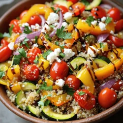 - 1 cup quinoa, rinsed - 2 cups vegetable broth or water - 1 red bell pepper, chopped - 1 yellow bell pepper, chopped - 1 zucchini, diced - 1 cup cherry tomatoes, halved - 1 red onion, chopped - 2 tablespoons olive oil - 1 teaspoon smoked paprika - Salt and pepper to taste - 1/4 cup feta cheese, crumbled (optional) - Fresh parsley, chopped, for garnish - 2 tablespoons balsamic vinegar - Each serving has about 250 calories. - The salad packs 8 grams of protein, 10 grams of fat, and 36 grams of carbs. - Quinoa provides complete protein and fiber. Roasted veggies add vitamins and minerals. The key ingredients in this dish create a burst of flavor and nutrition. Quinoa is a super grain, rich in protein and fiber. The vibrant bell peppers, zucchini, and cherry tomatoes bring freshness and color. Each bite offers a delightful mix of textures. The olive oil and balsamic vinegar add a smooth finish. Smoked paprika gives a warm, smoky taste. If you want a creamy touch, sprinkle feta on top. Fresh parsley not only looks nice but also adds a pop of flavor. This Roasted Vegetable Quinoa Salad is a great choice for a healthy meal. You can enjoy it warm or cold. Each ingredient plays a role in making this dish both tasty and nutritious. For the full recipe, check out the link above. To start, chop your vegetables. Cut the red and yellow bell peppers into bite-sized pieces. Dice the zucchini into small cubes. Halve the cherry tomatoes and chop the red onion. This size helps them roast evenly. Next, season the vegetables. In a large bowl, add your chopped veggies. Drizzle with olive oil. Sprinkle on smoked paprika, salt, and pepper. Toss until all the pieces are coated. This step adds flavor and helps with caramelization. Preheat your oven to 425°F (220°C). This high heat helps the veggies get that nice roasted flavor. Spread the seasoned vegetables on a baking sheet. Make sure they are in a single layer. This allows them to roast properly. Roast the veggies for about 20-25 minutes. Halfway through, stir them to ensure even cooking. They are done when they are tender and have a golden color. Rinse the quinoa before cooking. Place it in a fine mesh strainer and rinse under cold water. This removes any bitter coating called saponin. In a medium saucepan, combine the rinsed quinoa and vegetable broth or water. Bring this to a boil. Then reduce the heat to low, cover, and let it simmer for about 15 minutes. The liquid should be absorbed. After cooking, let it sit for 5 minutes, then fluff it with a fork. In a large mixing bowl, combine the roasted vegetables and cooked quinoa. Drizzle balsamic vinegar over the top. Toss gently to mix everything. This adds a tangy flavor that brightens the dish. If you like, sprinkle crumbled feta cheese on top. Fresh parsley adds a nice touch as well. Enjoy your colorful and tasty roasted vegetable quinoa salad! For the full recipe, check the recipe section above. To get the best flavor, aim for caramelization. First, cut your veggies into even pieces. This step helps them roast at the same rate. Next, spread them out on the baking sheet. Give them space; crowded veggies steam instead of roast. Drizzle olive oil over them. This oil helps with browning and adds flavor. Sprinkle on salt and smoked paprika for extra taste. Stir halfway through. This will help them cook evenly. You can switch up the veggies, too. Try carrots, broccoli, or sweet potatoes. Each adds a unique taste and texture. To avoid mushy quinoa, rinse it well before cooking. This step removes the natural coating, called saponin, which can make quinoa taste bitter. Use a fine mesh strainer for the best results. Then, cook it in vegetable broth instead of water. This adds flavor and richness. Bring it to a boil, then lower the heat and cover. Let it simmer for about 15 minutes. When it's done, fluff it with a fork and let it sit for a few minutes. For flavoring quinoa, consider adding herbs or spices. A bay leaf or some garlic can elevate the taste. You can also stir in lemon juice or zest after cooking. Pair this roasted vegetable quinoa salad with grilled chicken or fish for a complete meal. It also goes well with a slice of crusty bread. For a boost of flavor, add a dollop of yogurt or a sprinkle of nuts. You can serve the salad warm or cold. Warm salad is comforting, while cold salad can be refreshing. Both ways are delicious! Enjoy this dish as a light lunch or a hearty side. For the full recipe, check out the section above. {{image_2}} You can boost the protein in your roasted vegetable quinoa salad in many ways. Grilled chicken adds a savory touch. It pairs well with the salad's fresh flavors. If you prefer a plant-based option, try adding chickpeas. They are rich in protein and fiber. Just toss them in with the quinoa and veggies for a hearty mix. To change the taste, use spices like cumin or chili powder. These spices add warmth and depth to your salad. You might also try different vinegars. Apple cider vinegar offers a tangy twist. Balsamic vinegar adds sweetness. Experiment with dressings too. A lemon vinaigrette can brighten the dish. You can adjust this recipe based on the season. In summer, add corn, fresh herbs, or even avocado. These ingredients bring a light and refreshing taste. In winter, use hearty vegetables like butternut squash or Brussels sprouts. They add warmth and richness to the salad. Adapting the recipe keeps it exciting all year round. To keep your roasted vegetable quinoa salad fresh, store it in an airtight container. Place it in the fridge right after serving. This helps to lock in flavors and keep the salad safe to eat. To maintain its texture, avoid mixing in dressing until you are ready to serve. Keeping the dressing separate helps the veggies stay crisp. Yes, you can freeze roasted vegetable quinoa salad, but it’s best to freeze it without the dressing. Portion it into freezer-safe bags or containers. Make sure to remove as much air as possible before sealing. When you’re ready to eat it, thaw it in the fridge overnight. Reheat gently on the stove or in the microwave, but watch it closely to avoid mushy quinoa. In the fridge, this salad lasts about 3 to 5 days. Always check for signs of spoilage. If you see mold or the salad smells off, it's best to toss it. Fresh vegetables will lose their crunch over time. If the quinoa looks mushy or clumpy, it’s a sign to throw it away. Enjoy your meal safely! Remember to check the [Full Recipe] for all the delicious details! To make this salad, first, you need to roast the vegetables. Preheat your oven to 425°F (220°C). Chop your favorite vegetables, like bell peppers, zucchini, and onion. Toss them in olive oil, smoked paprika, salt, and pepper. Spread them on a baking sheet. Roast for 20 to 25 minutes until they are tender and caramelized. While the veggies roast, cook the quinoa. Rinse 1 cup of quinoa under cold water. In a pot, combine it with 2 cups of vegetable broth or water. Bring it to a boil, then reduce the heat, cover, and cook for 15 minutes. Once done, fluff the quinoa with a fork. In a large bowl, mix the roasted vegetables with the cooked quinoa. Drizzle with balsamic vinegar and toss everything together. If you like, sprinkle crumbled feta cheese on top and garnish with parsley. For the full recipe, check out the earlier section. Yes, quinoa is gluten-free. It is a great choice for people with gluten sensitivity or celiac disease. Quinoa is a seed that is high in protein and fiber. It has all nine essential amino acids, making it a complete protein. This makes quinoa a nutritious option for salads and bowls. Its texture is fluffy and slightly nutty, adding a great bite to dishes. Absolutely! This salad keeps well, making it perfect for meal prep. You can roast the vegetables and cook the quinoa a day in advance. Store them separately in airtight containers in the fridge. When you’re ready to eat, simply combine them with the balsamic vinegar. You can also add the feta cheese just before serving to keep it fresh. You can use many vegetables in this salad. Carrots, broccoli, or asparagus work well. Each adds a unique flavor and texture. Sweet potatoes give it a heartier feel, while spinach or kale add greens. Feel free to mix and match based on what you like. Roasting enhances their natural sweetness and brings out rich flavors, making each bite delightful. This recipe for roasted vegetable quinoa salad provides a tasty and healthy meal option. You learned about the key ingredients and helpful tips for prep, cooking, and serving. This dish allows for many variations and is simple to store. Experiment with different proteins and spices to make it your own. Enjoy this nutrient-packed salad warm or cold, and share it with friends. Your kitchen can become a hub of creativity with this recipe!
