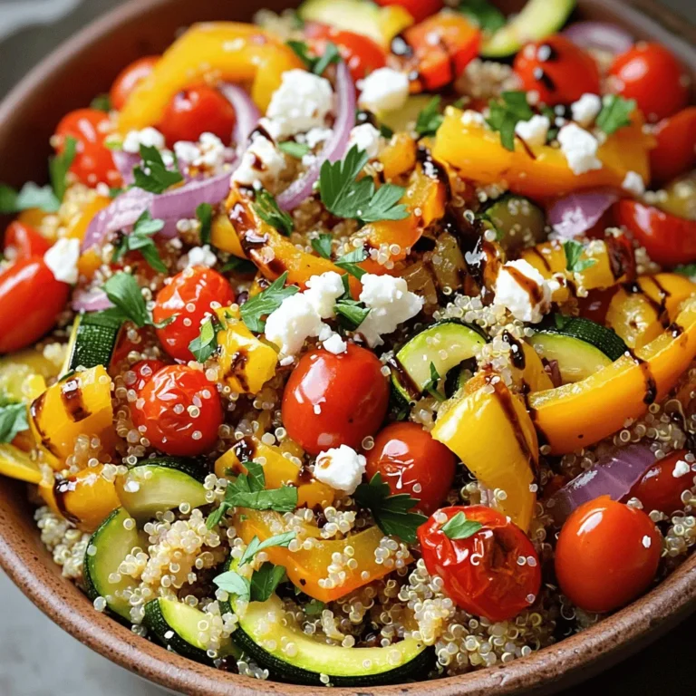 - 1 cup quinoa, rinsed - 2 cups vegetable broth or water - 1 red bell pepper, chopped - 1 yellow bell pepper, chopped - 1 zucchini, diced - 1 cup cherry tomatoes, halved - 1 red onion, chopped - 2 tablespoons olive oil - 1 teaspoon smoked paprika - Salt and pepper to taste - 1/4 cup feta cheese, crumbled (optional) - Fresh parsley, chopped, for garnish - 2 tablespoons balsamic vinegar - Each serving has about 250 calories. - The salad packs 8 grams of protein, 10 grams of fat, and 36 grams of carbs. - Quinoa provides complete protein and fiber. Roasted veggies add vitamins and minerals. The key ingredients in this dish create a burst of flavor and nutrition. Quinoa is a super grain, rich in protein and fiber. The vibrant bell peppers, zucchini, and cherry tomatoes bring freshness and color. Each bite offers a delightful mix of textures. The olive oil and balsamic vinegar add a smooth finish. Smoked paprika gives a warm, smoky taste. If you want a creamy touch, sprinkle feta on top. Fresh parsley not only looks nice but also adds a pop of flavor. This Roasted Vegetable Quinoa Salad is a great choice for a healthy meal. You can enjoy it warm or cold. Each ingredient plays a role in making this dish both tasty and nutritious. For the full recipe, check out the link above. To start, chop your vegetables. Cut the red and yellow bell peppers into bite-sized pieces. Dice the zucchini into small cubes. Halve the cherry tomatoes and chop the red onion. This size helps them roast evenly. Next, season the vegetables. In a large bowl, add your chopped veggies. Drizzle with olive oil. Sprinkle on smoked paprika, salt, and pepper. Toss until all the pieces are coated. This step adds flavor and helps with caramelization. Preheat your oven to 425°F (220°C). This high heat helps the veggies get that nice roasted flavor. Spread the seasoned vegetables on a baking sheet. Make sure they are in a single layer. This allows them to roast properly. Roast the veggies for about 20-25 minutes. Halfway through, stir them to ensure even cooking. They are done when they are tender and have a golden color. Rinse the quinoa before cooking. Place it in a fine mesh strainer and rinse under cold water. This removes any bitter coating called saponin. In a medium saucepan, combine the rinsed quinoa and vegetable broth or water. Bring this to a boil. Then reduce the heat to low, cover, and let it simmer for about 15 minutes. The liquid should be absorbed. After cooking, let it sit for 5 minutes, then fluff it with a fork. In a large mixing bowl, combine the roasted vegetables and cooked quinoa. Drizzle balsamic vinegar over the top. Toss gently to mix everything. This adds a tangy flavor that brightens the dish. If you like, sprinkle crumbled feta cheese on top. Fresh parsley adds a nice touch as well. Enjoy your colorful and tasty roasted vegetable quinoa salad! For the full recipe, check the recipe section above. To get the best flavor, aim for caramelization. First, cut your veggies into even pieces. This step helps them roast at the same rate. Next, spread them out on the baking sheet. Give them space; crowded veggies steam instead of roast. Drizzle olive oil over them. This oil helps with browning and adds flavor. Sprinkle on salt and smoked paprika for extra taste. Stir halfway through. This will help them cook evenly. You can switch up the veggies, too. Try carrots, broccoli, or sweet potatoes. Each adds a unique taste and texture. To avoid mushy quinoa, rinse it well before cooking. This step removes the natural coating, called saponin, which can make quinoa taste bitter. Use a fine mesh strainer for the best results. Then, cook it in vegetable broth instead of water. This adds flavor and richness. Bring it to a boil, then lower the heat and cover. Let it simmer for about 15 minutes. When it's done, fluff it with a fork and let it sit for a few minutes. For flavoring quinoa, consider adding herbs or spices. A bay leaf or some garlic can elevate the taste. You can also stir in lemon juice or zest after cooking. Pair this roasted vegetable quinoa salad with grilled chicken or fish for a complete meal. It also goes well with a slice of crusty bread. For a boost of flavor, add a dollop of yogurt or a sprinkle of nuts. You can serve the salad warm or cold. Warm salad is comforting, while cold salad can be refreshing. Both ways are delicious! Enjoy this dish as a light lunch or a hearty side. For the full recipe, check out the section above. {{image_2}} You can boost the protein in your roasted vegetable quinoa salad in many ways. Grilled chicken adds a savory touch. It pairs well with the salad's fresh flavors. If you prefer a plant-based option, try adding chickpeas. They are rich in protein and fiber. Just toss them in with the quinoa and veggies for a hearty mix. To change the taste, use spices like cumin or chili powder. These spices add warmth and depth to your salad. You might also try different vinegars. Apple cider vinegar offers a tangy twist. Balsamic vinegar adds sweetness. Experiment with dressings too. A lemon vinaigrette can brighten the dish. You can adjust this recipe based on the season. In summer, add corn, fresh herbs, or even avocado. These ingredients bring a light and refreshing taste. In winter, use hearty vegetables like butternut squash or Brussels sprouts. They add warmth and richness to the salad. Adapting the recipe keeps it exciting all year round. To keep your roasted vegetable quinoa salad fresh, store it in an airtight container. Place it in the fridge right after serving. This helps to lock in flavors and keep the salad safe to eat. To maintain its texture, avoid mixing in dressing until you are ready to serve. Keeping the dressing separate helps the veggies stay crisp. Yes, you can freeze roasted vegetable quinoa salad, but it’s best to freeze it without the dressing. Portion it into freezer-safe bags or containers. Make sure to remove as much air as possible before sealing. When you’re ready to eat it, thaw it in the fridge overnight. Reheat gently on the stove or in the microwave, but watch it closely to avoid mushy quinoa. In the fridge, this salad lasts about 3 to 5 days. Always check for signs of spoilage. If you see mold or the salad smells off, it's best to toss it. Fresh vegetables will lose their crunch over time. If the quinoa looks mushy or clumpy, it’s a sign to throw it away. Enjoy your meal safely! Remember to check the [Full Recipe] for all the delicious details! To make this salad, first, you need to roast the vegetables. Preheat your oven to 425°F (220°C). Chop your favorite vegetables, like bell peppers, zucchini, and onion. Toss them in olive oil, smoked paprika, salt, and pepper. Spread them on a baking sheet. Roast for 20 to 25 minutes until they are tender and caramelized. While the veggies roast, cook the quinoa. Rinse 1 cup of quinoa under cold water. In a pot, combine it with 2 cups of vegetable broth or water. Bring it to a boil, then reduce the heat, cover, and cook for 15 minutes. Once done, fluff the quinoa with a fork. In a large bowl, mix the roasted vegetables with the cooked quinoa. Drizzle with balsamic vinegar and toss everything together. If you like, sprinkle crumbled feta cheese on top and garnish with parsley. For the full recipe, check out the earlier section. Yes, quinoa is gluten-free. It is a great choice for people with gluten sensitivity or celiac disease. Quinoa is a seed that is high in protein and fiber. It has all nine essential amino acids, making it a complete protein. This makes quinoa a nutritious option for salads and bowls. Its texture is fluffy and slightly nutty, adding a great bite to dishes. Absolutely! This salad keeps well, making it perfect for meal prep. You can roast the vegetables and cook the quinoa a day in advance. Store them separately in airtight containers in the fridge. When you’re ready to eat, simply combine them with the balsamic vinegar. You can also add the feta cheese just before serving to keep it fresh. You can use many vegetables in this salad. Carrots, broccoli, or asparagus work well. Each adds a unique flavor and texture. Sweet potatoes give it a heartier feel, while spinach or kale add greens. Feel free to mix and match based on what you like. Roasting enhances their natural sweetness and brings out rich flavors, making each bite delightful. This recipe for roasted vegetable quinoa salad provides a tasty and healthy meal option. You learned about the key ingredients and helpful tips for prep, cooking, and serving. This dish allows for many variations and is simple to store. Experiment with different proteins and spices to make it your own. Enjoy this nutrient-packed salad warm or cold, and share it with friends. Your kitchen can become a hub of creativity with this recipe!