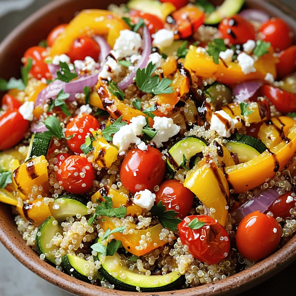 - 1 cup quinoa, rinsed - 2 cups vegetable broth or water - 1 red bell pepper, chopped - 1 yellow bell pepper, chopped - 1 zucchini, diced - 1 cup cherry tomatoes, halved - 1 red onion, chopped - 2 tablespoons olive oil - 1 teaspoon smoked paprika - Salt and pepper to taste - 1/4 cup feta cheese, crumbled (optional) - Fresh parsley, chopped, for garnish - 2 tablespoons balsamic vinegar - Each serving has about 250 calories. - The salad packs 8 grams of protein, 10 grams of fat, and 36 grams of carbs. - Quinoa provides complete protein and fiber. Roasted veggies add vitamins and minerals. The key ingredients in this dish create a burst of flavor and nutrition. Quinoa is a super grain, rich in protein and fiber. The vibrant bell peppers, zucchini, and cherry tomatoes bring freshness and color. Each bite offers a delightful mix of textures. The olive oil and balsamic vinegar add a smooth finish. Smoked paprika gives a warm, smoky taste. If you want a creamy touch, sprinkle feta on top. Fresh parsley not only looks nice but also adds a pop of flavor. This Roasted Vegetable Quinoa Salad is a great choice for a healthy meal. You can enjoy it warm or cold. Each ingredient plays a role in making this dish both tasty and nutritious. For the full recipe, check out the link above. To start, chop your vegetables. Cut the red and yellow bell peppers into bite-sized pieces. Dice the zucchini into small cubes. Halve the cherry tomatoes and chop the red onion. This size helps them roast evenly. Next, season the vegetables. In a large bowl, add your chopped veggies. Drizzle with olive oil. Sprinkle on smoked paprika, salt, and pepper. Toss until all the pieces are coated. This step adds flavor and helps with caramelization. Preheat your oven to 425°F (220°C). This high heat helps the veggies get that nice roasted flavor. Spread the seasoned vegetables on a baking sheet. Make sure they are in a single layer. This allows them to roast properly. Roast the veggies for about 20-25 minutes. Halfway through, stir them to ensure even cooking. They are done when they are tender and have a golden color. Rinse the quinoa before cooking. Place it in a fine mesh strainer and rinse under cold water. This removes any bitter coating called saponin. In a medium saucepan, combine the rinsed quinoa and vegetable broth or water. Bring this to a boil. Then reduce the heat to low, cover, and let it simmer for about 15 minutes. The liquid should be absorbed. After cooking, let it sit for 5 minutes, then fluff it with a fork. In a large mixing bowl, combine the roasted vegetables and cooked quinoa. Drizzle balsamic vinegar over the top. Toss gently to mix everything. This adds a tangy flavor that brightens the dish. If you like, sprinkle crumbled feta cheese on top. Fresh parsley adds a nice touch as well. Enjoy your colorful and tasty roasted vegetable quinoa salad! For the full recipe, check the recipe section above. To get the best flavor, aim for caramelization. First, cut your veggies into even pieces. This step helps them roast at the same rate. Next, spread them out on the baking sheet. Give them space; crowded veggies steam instead of roast. Drizzle olive oil over them. This oil helps with browning and adds flavor. Sprinkle on salt and smoked paprika for extra taste. Stir halfway through. This will help them cook evenly. You can switch up the veggies, too. Try carrots, broccoli, or sweet potatoes. Each adds a unique taste and texture. To avoid mushy quinoa, rinse it well before cooking. This step removes the natural coating, called saponin, which can make quinoa taste bitter. Use a fine mesh strainer for the best results. Then, cook it in vegetable broth instead of water. This adds flavor and richness. Bring it to a boil, then lower the heat and cover. Let it simmer for about 15 minutes. When it's done, fluff it with a fork and let it sit for a few minutes. For flavoring quinoa, consider adding herbs or spices. A bay leaf or some garlic can elevate the taste. You can also stir in lemon juice or zest after cooking. Pair this roasted vegetable quinoa salad with grilled chicken or fish for a complete meal. It also goes well with a slice of crusty bread. For a boost of flavor, add a dollop of yogurt or a sprinkle of nuts. You can serve the salad warm or cold. Warm salad is comforting, while cold salad can be refreshing. Both ways are delicious! Enjoy this dish as a light lunch or a hearty side. For the full recipe, check out the section above. {{image_2}} You can boost the protein in your roasted vegetable quinoa salad in many ways. Grilled chicken adds a savory touch. It pairs well with the salad's fresh flavors. If you prefer a plant-based option, try adding chickpeas. They are rich in protein and fiber. Just toss them in with the quinoa and veggies for a hearty mix. To change the taste, use spices like cumin or chili powder. These spices add warmth and depth to your salad. You might also try different vinegars. Apple cider vinegar offers a tangy twist. Balsamic vinegar adds sweetness. Experiment with dressings too. A lemon vinaigrette can brighten the dish. You can adjust this recipe based on the season. In summer, add corn, fresh herbs, or even avocado. These ingredients bring a light and refreshing taste. In winter, use hearty vegetables like butternut squash or Brussels sprouts. They add warmth and richness to the salad. Adapting the recipe keeps it exciting all year round. To keep your roasted vegetable quinoa salad fresh, store it in an airtight container. Place it in the fridge right after serving. This helps to lock in flavors and keep the salad safe to eat. To maintain its texture, avoid mixing in dressing until you are ready to serve. Keeping the dressing separate helps the veggies stay crisp. Yes, you can freeze roasted vegetable quinoa salad, but it’s best to freeze it without the dressing. Portion it into freezer-safe bags or containers. Make sure to remove as much air as possible before sealing. When you’re ready to eat it, thaw it in the fridge overnight. Reheat gently on the stove or in the microwave, but watch it closely to avoid mushy quinoa. In the fridge, this salad lasts about 3 to 5 days. Always check for signs of spoilage. If you see mold or the salad smells off, it's best to toss it. Fresh vegetables will lose their crunch over time. If the quinoa looks mushy or clumpy, it’s a sign to throw it away. Enjoy your meal safely! Remember to check the [Full Recipe] for all the delicious details! To make this salad, first, you need to roast the vegetables. Preheat your oven to 425°F (220°C). Chop your favorite vegetables, like bell peppers, zucchini, and onion. Toss them in olive oil, smoked paprika, salt, and pepper. Spread them on a baking sheet. Roast for 20 to 25 minutes until they are tender and caramelized. While the veggies roast, cook the quinoa. Rinse 1 cup of quinoa under cold water. In a pot, combine it with 2 cups of vegetable broth or water. Bring it to a boil, then reduce the heat, cover, and cook for 15 minutes. Once done, fluff the quinoa with a fork. In a large bowl, mix the roasted vegetables with the cooked quinoa. Drizzle with balsamic vinegar and toss everything together. If you like, sprinkle crumbled feta cheese on top and garnish with parsley. For the full recipe, check out the earlier section. Yes, quinoa is gluten-free. It is a great choice for people with gluten sensitivity or celiac disease. Quinoa is a seed that is high in protein and fiber. It has all nine essential amino acids, making it a complete protein. This makes quinoa a nutritious option for salads and bowls. Its texture is fluffy and slightly nutty, adding a great bite to dishes. Absolutely! This salad keeps well, making it perfect for meal prep. You can roast the vegetables and cook the quinoa a day in advance. Store them separately in airtight containers in the fridge. When you’re ready to eat, simply combine them with the balsamic vinegar. You can also add the feta cheese just before serving to keep it fresh. You can use many vegetables in this salad. Carrots, broccoli, or asparagus work well. Each adds a unique flavor and texture. Sweet potatoes give it a heartier feel, while spinach or kale add greens. Feel free to mix and match based on what you like. Roasting enhances their natural sweetness and brings out rich flavors, making each bite delightful. This recipe for roasted vegetable quinoa salad provides a tasty and healthy meal option. You learned about the key ingredients and helpful tips for prep, cooking, and serving. This dish allows for many variations and is simple to store. Experiment with different proteins and spices to make it your own. Enjoy this nutrient-packed salad warm or cold, and share it with friends. Your kitchen can become a hub of creativity with this recipe!