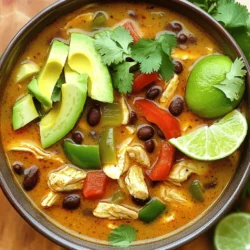 For this soup, I like to start with fresh, simple ingredients. They create a strong base for flavor. Here’s what you need: - 1 pound chicken breast, diced - 1 tablespoon olive oil - 1 medium onion, chopped - 3 cloves garlic, minced - 1 red bell pepper, diced - 1 green bell pepper, diced Chicken breast gives the soup a hearty texture. Olive oil adds richness. Onion, garlic, and bell peppers bring a sweet and savory taste. Each ingredient plays a big role in the final dish. Canned items save time and add great flavor. Here’s what I use: - 1 can (15 oz) black beans, rinsed and drained - 1 can (15 oz) corn, drained - 1 can (14.5 oz) diced tomatoes with green chiles Black beans offer protein and fiber. Corn adds sweetness and color. Diced tomatoes with green chiles give a nice kick. They all mix well with the fresh ingredients. Spices make your soup pop with flavor. I use: - 2 teaspoons ground cumin - 1 teaspoon chili powder - 1 teaspoon smoked paprika - Salt and pepper to taste Ground cumin adds warmth. Chili powder gives it a bit of heat. Smoked paprika adds depth. Salt and pepper round out the flavors. Adjust them to your liking! For the Full Recipe, gather all these delicious ingredients and let’s get cooking! 1. Start by heating 1 tablespoon of olive oil in a large pot over medium heat. 2. Add 1 medium chopped onion to the pot. Sauté until it turns translucent, which should take about 3-4 minutes. 3. Next, stir in 3 minced garlic cloves, along with 1 diced red bell pepper and 1 diced green bell pepper. Cook these for about 5 minutes until the peppers become tender. 4. Now, add 1 pound of diced chicken breast to the pot. Cook until the chicken is browned on all sides, roughly 5-7 minutes. 1. Pour in 4 cups of chicken broth. Then, add 1 can of rinsed black beans, 1 can of drained corn, and 1 can of diced tomatoes with green chiles. 2. Sprinkle in 2 teaspoons of ground cumin, 1 teaspoon of chili powder, and 1 teaspoon of smoked paprika. Stir everything well. 3. Bring the soup to a boil. Once it starts bubbling, reduce the heat to a simmer. Let it cook for about 20 minutes. This time allows all flavors to meld together nicely. 1. Taste the soup and season with salt and pepper as needed. Adjust these to your liking. 2. When it's ready to serve, ladle the soup into bowls. Garnish with fresh cilantro and avocado slices for a vibrant look. 3. Serve with lime wedges on the side. They add a nice zesty kick when squeezed over the soup. For the complete recipe, check out the Full Recipe. To make your Southwest Chicken Soup shine, choose the right cooking method for the chicken. I prefer using diced chicken breast for this recipe. Sauté it in olive oil until browned. This adds great flavor and keeps the chicken juicy. Enhance the flavors with spices. Ground cumin, chili powder, and smoked paprika work wonders. These spices give a warm and smoky taste. Don't skip the salt and pepper; they help balance the flavors. Pair your soup with crusty bread or tortilla chips. They add a nice crunch and make a great combo. For garnishing, fresh cilantro and avocado slices are a must. They add color and freshness to the dish. Lime wedges provide a zesty kick. Just squeeze some over the soup before eating. One common mistake is overcooking the vegetables. Keep them tender but crisp for the best taste. Another mistake is skipping essential ingredients. Each ingredient plays a role in the final flavor. Don’t leave out the spices or the canned ingredients. They are key to a hearty soup. {{image_2}} Making it gluten-free To make this soup gluten-free, simply check your canned ingredients. Most beans and tomatoes are safe. Use gluten-free broth for the base. Avoid any added sauces that may contain gluten. This way, you can enjoy a hearty soup without worry. Vegetarian or vegan options For a vegetarian twist, swap the chicken for extra beans or lentils. You can add more veggies like zucchini or carrots. Use vegetable broth instead of chicken broth. This keeps the soup rich and filling, perfect for anyone looking for plant-based meals. Adding different beans or veggies You can play with flavors by adding different beans. Try pinto or kidney beans for a new taste. Feel free to add veggies like corn, spinach, or even sweet potatoes. These additions bring more texture and color to the dish. Exploring other spices or flavors If you want a kick, add jalapeños or cayenne pepper. For a deeper flavor, try smoked chipotle or oregano. Experimenting with spices helps you find a mix you love. Each choice can change the soup from good to great. Comparing with similar soup recipes This soup is similar to tortilla soup. Both have a base of chicken and spices. However, tortilla soup often includes crispy tortilla strips. Another option is pozole, which uses hominy and pork. Each recipe has unique flavors that reflect its culture. Adding local ingredients for a twist Depending on where you live, try adding local ingredients. If you have fresh corn, use it instead of canned. In the Southwest, hatch chiles add a nice heat. You can even sprinkle local cheese on top for a nice finish. This personal touch makes the soup special. To keep your Southwest Chicken Soup fresh, follow these tips: - Refrigeration: Cool the soup quickly. Transfer it to a shallow container. Store it in the fridge for up to 4 days. - Freezer Tips: For longer storage, freeze the soup. Use an airtight container or freezer bag. It can last up to 3 months. When storing leftovers, let the soup cool to room temperature first. This helps prevent bacteria growth. Always label your containers with the date. When you want to enjoy your soup again, reheating is key. Here are some methods: - Stovetop: Pour the soup into a pot. Heat on low to medium heat, stirring often. This keeps the soup from burning. - Microwave: Use a microwave-safe bowl. Cover it with a microwave-safe lid or wrap. Heat in short bursts, stirring in between. To keep the flavor and texture, avoid boiling the soup again. Heat it just until it's warm. Wondering how long your soup lasts? - In the fridge, it stays good for about 4 days. - In the freezer, it can last up to 3 months. Check for spoilage by looking for these signs: - Any off smell or color change. - Changes in texture, like a slimy layer. If you notice any of these, it’s best to toss the soup. Enjoy your Southwest Chicken Soup fresh and flavorful! For the full recipe, refer to the main article. To add heat to your Southwest Chicken Soup, try these options: - Fresh Jalapeños: Chop fresh jalapeños and add them during cooking. - Cayenne Pepper: Sprinkle in some cayenne pepper for a kick. - Hot Sauce: Drizzle your favorite hot sauce into the soup before serving. - Red Pepper Flakes: Toss in red pepper flakes for a subtle heat. You can adjust the spice level to your taste. Start with a small amount and add more as needed. This way, you can enjoy a flavorful heat without overwhelming your taste buds. Yes, rotisserie chicken is a great shortcut! Here are some tips: - Shred the Chicken: Remove the skin and shred the meat into bite-sized pieces. - Add Late: Stir in the shredded chicken during the last 10 minutes of cooking. This way, it heats through without overcooking. - Flavor Boost: You can add a little extra chicken broth to keep the soup rich and tasty. Using rotisserie chicken saves time and adds great flavor to your soup! When serving Southwest Chicken Soup, consider these sides: - Cornbread: This sweet bread pairs perfectly with the soup's spices. - Tortilla Chips: Crunchy chips add texture and can be dipped in the soup. - Green Salad: A fresh salad balances the soup's warmth with crisp greens. - Rice: Serve it over rice for a heartier meal. These sides enhance the meal and complement the soup beautifully. Yes, Southwest Chicken Soup has several nutritional benefits: - Lean Protein: Chicken breast offers a good source of protein. - Fiber-Rich Beans: Black beans add fiber, which is good for digestion. - Veggies: The bell peppers and tomatoes provide vitamins and antioxidants. - Low in Calories: This soup is low in calories, making it a filling yet light meal. Overall, this soup can fit well into a healthy diet. Absolutely! Here’s how to adapt the recipe for a slow cooker: 1. Prep the Ingredients: Chop all the veggies and dice the chicken as directed. 2. Combine Everything: Place the chicken, veggies, beans, corn, tomatoes, and spices in the slow cooker. 3. Add Broth: Pour in the chicken broth. 4. Cook Time: Set the cooker on low for 6-8 hours or high for 3-4 hours. 5. Finish Up: Stir in salt and pepper to taste just before serving. Using a slow cooker makes this soup easy and convenient. You can enjoy the rich flavors developed through hours of slow cooking. For the full recipe, check out the earlier section! This blog post covered making a delicious Southwest Chicken Soup. We explored the main ingredients like chicken, beans, and spices. I provided step-by-step instructions for cooking and serving. Tips helped you perfect the soup, avoid common mistakes, and explore variations for different diets. In conclusion, this soup is easy and fun to make. You can enjoy it anytime. Whether you follow my recipe or try your twist, it will be tasty. Happy cooking!