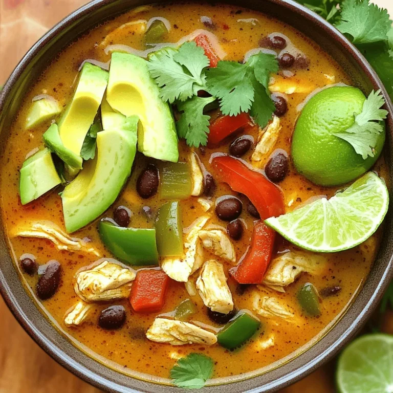 For this soup, I like to start with fresh, simple ingredients. They create a strong base for flavor. Here’s what you need: - 1 pound chicken breast, diced - 1 tablespoon olive oil - 1 medium onion, chopped - 3 cloves garlic, minced - 1 red bell pepper, diced - 1 green bell pepper, diced Chicken breast gives the soup a hearty texture. Olive oil adds richness. Onion, garlic, and bell peppers bring a sweet and savory taste. Each ingredient plays a big role in the final dish. Canned items save time and add great flavor. Here’s what I use: - 1 can (15 oz) black beans, rinsed and drained - 1 can (15 oz) corn, drained - 1 can (14.5 oz) diced tomatoes with green chiles Black beans offer protein and fiber. Corn adds sweetness and color. Diced tomatoes with green chiles give a nice kick. They all mix well with the fresh ingredients. Spices make your soup pop with flavor. I use: - 2 teaspoons ground cumin - 1 teaspoon chili powder - 1 teaspoon smoked paprika - Salt and pepper to taste Ground cumin adds warmth. Chili powder gives it a bit of heat. Smoked paprika adds depth. Salt and pepper round out the flavors. Adjust them to your liking! For the Full Recipe, gather all these delicious ingredients and let’s get cooking! 1. Start by heating 1 tablespoon of olive oil in a large pot over medium heat. 2. Add 1 medium chopped onion to the pot. Sauté until it turns translucent, which should take about 3-4 minutes. 3. Next, stir in 3 minced garlic cloves, along with 1 diced red bell pepper and 1 diced green bell pepper. Cook these for about 5 minutes until the peppers become tender. 4. Now, add 1 pound of diced chicken breast to the pot. Cook until the chicken is browned on all sides, roughly 5-7 minutes. 1. Pour in 4 cups of chicken broth. Then, add 1 can of rinsed black beans, 1 can of drained corn, and 1 can of diced tomatoes with green chiles. 2. Sprinkle in 2 teaspoons of ground cumin, 1 teaspoon of chili powder, and 1 teaspoon of smoked paprika. Stir everything well. 3. Bring the soup to a boil. Once it starts bubbling, reduce the heat to a simmer. Let it cook for about 20 minutes. This time allows all flavors to meld together nicely. 1. Taste the soup and season with salt and pepper as needed. Adjust these to your liking. 2. When it's ready to serve, ladle the soup into bowls. Garnish with fresh cilantro and avocado slices for a vibrant look. 3. Serve with lime wedges on the side. They add a nice zesty kick when squeezed over the soup. For the complete recipe, check out the Full Recipe. To make your Southwest Chicken Soup shine, choose the right cooking method for the chicken. I prefer using diced chicken breast for this recipe. Sauté it in olive oil until browned. This adds great flavor and keeps the chicken juicy. Enhance the flavors with spices. Ground cumin, chili powder, and smoked paprika work wonders. These spices give a warm and smoky taste. Don't skip the salt and pepper; they help balance the flavors. Pair your soup with crusty bread or tortilla chips. They add a nice crunch and make a great combo. For garnishing, fresh cilantro and avocado slices are a must. They add color and freshness to the dish. Lime wedges provide a zesty kick. Just squeeze some over the soup before eating. One common mistake is overcooking the vegetables. Keep them tender but crisp for the best taste. Another mistake is skipping essential ingredients. Each ingredient plays a role in the final flavor. Don’t leave out the spices or the canned ingredients. They are key to a hearty soup. {{image_2}} Making it gluten-free To make this soup gluten-free, simply check your canned ingredients. Most beans and tomatoes are safe. Use gluten-free broth for the base. Avoid any added sauces that may contain gluten. This way, you can enjoy a hearty soup without worry. Vegetarian or vegan options For a vegetarian twist, swap the chicken for extra beans or lentils. You can add more veggies like zucchini or carrots. Use vegetable broth instead of chicken broth. This keeps the soup rich and filling, perfect for anyone looking for plant-based meals. Adding different beans or veggies You can play with flavors by adding different beans. Try pinto or kidney beans for a new taste. Feel free to add veggies like corn, spinach, or even sweet potatoes. These additions bring more texture and color to the dish. Exploring other spices or flavors If you want a kick, add jalapeños or cayenne pepper. For a deeper flavor, try smoked chipotle or oregano. Experimenting with spices helps you find a mix you love. Each choice can change the soup from good to great. Comparing with similar soup recipes This soup is similar to tortilla soup. Both have a base of chicken and spices. However, tortilla soup often includes crispy tortilla strips. Another option is pozole, which uses hominy and pork. Each recipe has unique flavors that reflect its culture. Adding local ingredients for a twist Depending on where you live, try adding local ingredients. If you have fresh corn, use it instead of canned. In the Southwest, hatch chiles add a nice heat. You can even sprinkle local cheese on top for a nice finish. This personal touch makes the soup special. To keep your Southwest Chicken Soup fresh, follow these tips: - Refrigeration: Cool the soup quickly. Transfer it to a shallow container. Store it in the fridge for up to 4 days. - Freezer Tips: For longer storage, freeze the soup. Use an airtight container or freezer bag. It can last up to 3 months. When storing leftovers, let the soup cool to room temperature first. This helps prevent bacteria growth. Always label your containers with the date. When you want to enjoy your soup again, reheating is key. Here are some methods: - Stovetop: Pour the soup into a pot. Heat on low to medium heat, stirring often. This keeps the soup from burning. - Microwave: Use a microwave-safe bowl. Cover it with a microwave-safe lid or wrap. Heat in short bursts, stirring in between. To keep the flavor and texture, avoid boiling the soup again. Heat it just until it's warm. Wondering how long your soup lasts? - In the fridge, it stays good for about 4 days. - In the freezer, it can last up to 3 months. Check for spoilage by looking for these signs: - Any off smell or color change. - Changes in texture, like a slimy layer. If you notice any of these, it’s best to toss the soup. Enjoy your Southwest Chicken Soup fresh and flavorful! For the full recipe, refer to the main article. To add heat to your Southwest Chicken Soup, try these options: - Fresh Jalapeños: Chop fresh jalapeños and add them during cooking. - Cayenne Pepper: Sprinkle in some cayenne pepper for a kick. - Hot Sauce: Drizzle your favorite hot sauce into the soup before serving. - Red Pepper Flakes: Toss in red pepper flakes for a subtle heat. You can adjust the spice level to your taste. Start with a small amount and add more as needed. This way, you can enjoy a flavorful heat without overwhelming your taste buds. Yes, rotisserie chicken is a great shortcut! Here are some tips: - Shred the Chicken: Remove the skin and shred the meat into bite-sized pieces. - Add Late: Stir in the shredded chicken during the last 10 minutes of cooking. This way, it heats through without overcooking. - Flavor Boost: You can add a little extra chicken broth to keep the soup rich and tasty. Using rotisserie chicken saves time and adds great flavor to your soup! When serving Southwest Chicken Soup, consider these sides: - Cornbread: This sweet bread pairs perfectly with the soup's spices. - Tortilla Chips: Crunchy chips add texture and can be dipped in the soup. - Green Salad: A fresh salad balances the soup's warmth with crisp greens. - Rice: Serve it over rice for a heartier meal. These sides enhance the meal and complement the soup beautifully. Yes, Southwest Chicken Soup has several nutritional benefits: - Lean Protein: Chicken breast offers a good source of protein. - Fiber-Rich Beans: Black beans add fiber, which is good for digestion. - Veggies: The bell peppers and tomatoes provide vitamins and antioxidants. - Low in Calories: This soup is low in calories, making it a filling yet light meal. Overall, this soup can fit well into a healthy diet. Absolutely! Here’s how to adapt the recipe for a slow cooker: 1. Prep the Ingredients: Chop all the veggies and dice the chicken as directed. 2. Combine Everything: Place the chicken, veggies, beans, corn, tomatoes, and spices in the slow cooker. 3. Add Broth: Pour in the chicken broth. 4. Cook Time: Set the cooker on low for 6-8 hours or high for 3-4 hours. 5. Finish Up: Stir in salt and pepper to taste just before serving. Using a slow cooker makes this soup easy and convenient. You can enjoy the rich flavors developed through hours of slow cooking. For the full recipe, check out the earlier section! This blog post covered making a delicious Southwest Chicken Soup. We explored the main ingredients like chicken, beans, and spices. I provided step-by-step instructions for cooking and serving. Tips helped you perfect the soup, avoid common mistakes, and explore variations for different diets. In conclusion, this soup is easy and fun to make. You can enjoy it anytime. Whether you follow my recipe or try your twist, it will be tasty. Happy cooking!