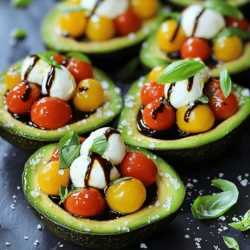 To make Caprese stuffed avocados, gather these ingredients: - 2 ripe avocados - 1 cup cherry tomatoes, halved - 1 cup fresh mozzarella balls, drained - 1/4 cup fresh basil leaves, chopped - 2 tablespoons balsamic glaze - 1 tablespoon olive oil - Salt and pepper to taste - 1 teaspoon dried oregano (optional) When measuring ingredients, use a dry measuring cup for solids and a liquid cup for liquids. For fresh herbs, pack them lightly in the cup to get a good amount. When slicing cherry tomatoes, a sharp knife helps to avoid squishing them. Keep your ingredients as fresh as possible for the best flavor. If you can’t find fresh mozzarella, try using feta or goat cheese for a tangy twist. For balsamic glaze, mix balsamic vinegar with a touch of honey or maple syrup. If you want a lighter option, skip the cheese altogether or use a vegan cheese substitute. You can also swap out basil for parsley or cilantro if you prefer a different taste. Start by cutting the avocados in half. Use a sharp knife to slice through the skin. Carefully twist the two halves to separate them. Remove the pit using a spoon or knife. Scoop out a bit of the flesh to make room for the filling. Set the avocado halves aside on a plate. In a medium bowl, add the halved cherry tomatoes, fresh mozzarella balls, and chopped basil leaves. This mix brings fresh flavor to your dish. Drizzle olive oil and balsamic glaze over the mixture. Season with salt, pepper, and oregano if you like. Gently toss everything together. Make sure all ingredients are well mixed. Now, generously stuff each avocado half with this Caprese mixture. Let some of it overflow for a nice look. For the finishing touch, drizzle any leftover balsamic glaze over the stuffed avocados. This adds a glossy finish and extra flavor. You can sprinkle more fresh basil leaves on top for a pop of color. Serve these beautiful stuffed avocados right away. Enjoy this tasty meal idea! For the full recipe, refer to the recipe above. One serving of Caprese stuffed avocados has about 450 calories. You get this from the avocados, cheese, and olive oil. The healthy fats in avocados help keep you full. Each serving offers important nutrients: - Fat: 36g - Protein: 12g - Carbohydrates: 24g - Fiber: 11g - Sugars: 4g These nutrients come from fresh ingredients, making the meal both tasty and healthy. The ingredients in this dish provide great health benefits: - Avocados: They are high in healthy fats. They support heart health and lower cholesterol levels. - Cherry Tomatoes: These are rich in vitamins A and C. They can boost your immune system. - Mozzarella: This cheese offers calcium and protein. It helps in building strong bones. - Basil: This herb has anti-inflammatory properties. It can help reduce stress and improve digestion. - Balsamic Glaze: It adds flavor without extra calories. It may help with blood sugar control. You can find the full recipe for Caprese stuffed avocados in the article. Enjoy this dish knowing it is both delicious and healthy! {{image_2}} To make Caprese stuffed avocados, you need ripe avocados. Ripe avocados should feel slightly soft when you press them gently. If they feel hard, they are not ready yet. You can speed up ripening by placing them in a paper bag with a banana or apple. This method works because these fruits give off ethylene gas, which helps avocados ripen faster. Always check your avocados before using them. If they are overripe, they may be brown inside and not taste good. If you have any leftover stuffed avocados, store them in the fridge. Cover them tightly with plastic wrap to keep them fresh. To slow browning, squeeze some lemon juice over the exposed avocado flesh before wrapping. This juice acts as a barrier against air. Use these leftovers within a day for the best taste. If you wait too long, the avocado may spoil, and that’s no fun! Presentation is key for this dish! Start by placing the stuffed avocados on a nice plate. Add a drizzle of balsamic glaze around the plate for a pop of color. You can also sprinkle some extra basil leaves on top for a fresh look. For a gourmet touch, use a sprinkle of sea salt. This adds a bit of crunch and enhances the flavors. Remember, we eat with our eyes first, so make it look good! You can find the full recipe [here]. You can add other tasty fillings to your Caprese stuffed avocados. Try adding cooked chicken for protein. If you want more crunch, add diced cucumbers. You can also mix in roasted red peppers or artichoke hearts. Each choice gives a new twist to the dish. To enhance the flavors, consider adding spices. Red pepper flakes can add heat. A pinch of garlic powder gives a lovely aroma. You can also mix in some pesto for a rich flavor. These small changes can make a big difference in taste. If you have dietary needs, you can easily adjust this recipe. For a vegan option, use dairy-free cheese or skip it altogether. If you're gluten-free, this dish is naturally safe. You can also make it low-carb by using fewer tomatoes. Remember, the goal is to enjoy the meal while fitting your diet. For the complete recipe, check out the Full Recipe section. If you want to swap out mozzarella, try using feta cheese. Feta adds a tangy taste. You can also use goat cheese for a creamy texture. Both options work well with the other flavors. To make this recipe vegan, simply leave out the mozzarella. You can replace it with vegan cheese or skip cheese altogether. Use extra chopped herbs for flavor. Add some avocado to keep it creamy. Yes, you can prepare the filling ahead of time. Store the tomato and basil mixture in the fridge. Just stuff the avocados right before serving. This keeps them fresh and tasty. Avoid cutting the avocados too early to prevent browning. You learned about all the key parts of making a great avocado dish. We covered ingredients, measurements, and even substitutes. I shared step-by-step instructions to guide your cooking. You now know how to add fun variations and make healthy choices. Remember, ripe avocados are crucial for great taste. Use these tips to impress at your next meal. Enjoy experimenting and making this dish your own!