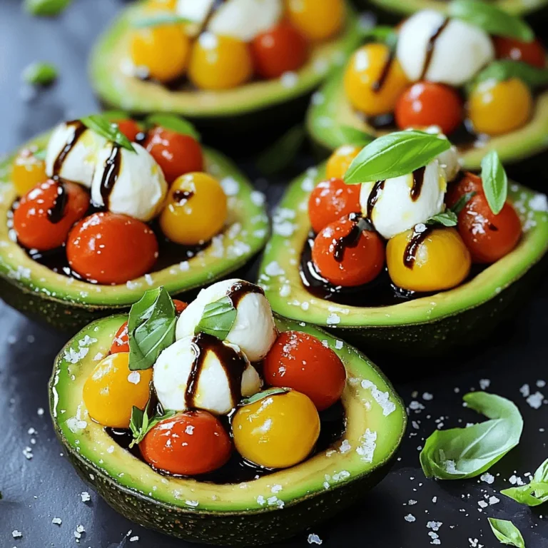 To make Caprese stuffed avocados, gather these ingredients: - 2 ripe avocados - 1 cup cherry tomatoes, halved - 1 cup fresh mozzarella balls, drained - 1/4 cup fresh basil leaves, chopped - 2 tablespoons balsamic glaze - 1 tablespoon olive oil - Salt and pepper to taste - 1 teaspoon dried oregano (optional) When measuring ingredients, use a dry measuring cup for solids and a liquid cup for liquids. For fresh herbs, pack them lightly in the cup to get a good amount. When slicing cherry tomatoes, a sharp knife helps to avoid squishing them. Keep your ingredients as fresh as possible for the best flavor. If you can’t find fresh mozzarella, try using feta or goat cheese for a tangy twist. For balsamic glaze, mix balsamic vinegar with a touch of honey or maple syrup. If you want a lighter option, skip the cheese altogether or use a vegan cheese substitute. You can also swap out basil for parsley or cilantro if you prefer a different taste. Start by cutting the avocados in half. Use a sharp knife to slice through the skin. Carefully twist the two halves to separate them. Remove the pit using a spoon or knife. Scoop out a bit of the flesh to make room for the filling. Set the avocado halves aside on a plate. In a medium bowl, add the halved cherry tomatoes, fresh mozzarella balls, and chopped basil leaves. This mix brings fresh flavor to your dish. Drizzle olive oil and balsamic glaze over the mixture. Season with salt, pepper, and oregano if you like. Gently toss everything together. Make sure all ingredients are well mixed. Now, generously stuff each avocado half with this Caprese mixture. Let some of it overflow for a nice look. For the finishing touch, drizzle any leftover balsamic glaze over the stuffed avocados. This adds a glossy finish and extra flavor. You can sprinkle more fresh basil leaves on top for a pop of color. Serve these beautiful stuffed avocados right away. Enjoy this tasty meal idea! For the full recipe, refer to the recipe above. One serving of Caprese stuffed avocados has about 450 calories. You get this from the avocados, cheese, and olive oil. The healthy fats in avocados help keep you full. Each serving offers important nutrients: - Fat: 36g - Protein: 12g - Carbohydrates: 24g - Fiber: 11g - Sugars: 4g These nutrients come from fresh ingredients, making the meal both tasty and healthy. The ingredients in this dish provide great health benefits: - Avocados: They are high in healthy fats. They support heart health and lower cholesterol levels. - Cherry Tomatoes: These are rich in vitamins A and C. They can boost your immune system. - Mozzarella: This cheese offers calcium and protein. It helps in building strong bones. - Basil: This herb has anti-inflammatory properties. It can help reduce stress and improve digestion. - Balsamic Glaze: It adds flavor without extra calories. It may help with blood sugar control. You can find the full recipe for Caprese stuffed avocados in the article. Enjoy this dish knowing it is both delicious and healthy! {{image_2}} To make Caprese stuffed avocados, you need ripe avocados. Ripe avocados should feel slightly soft when you press them gently. If they feel hard, they are not ready yet. You can speed up ripening by placing them in a paper bag with a banana or apple. This method works because these fruits give off ethylene gas, which helps avocados ripen faster. Always check your avocados before using them. If they are overripe, they may be brown inside and not taste good. If you have any leftover stuffed avocados, store them in the fridge. Cover them tightly with plastic wrap to keep them fresh. To slow browning, squeeze some lemon juice over the exposed avocado flesh before wrapping. This juice acts as a barrier against air. Use these leftovers within a day for the best taste. If you wait too long, the avocado may spoil, and that’s no fun! Presentation is key for this dish! Start by placing the stuffed avocados on a nice plate. Add a drizzle of balsamic glaze around the plate for a pop of color. You can also sprinkle some extra basil leaves on top for a fresh look. For a gourmet touch, use a sprinkle of sea salt. This adds a bit of crunch and enhances the flavors. Remember, we eat with our eyes first, so make it look good! You can find the full recipe [here]. You can add other tasty fillings to your Caprese stuffed avocados. Try adding cooked chicken for protein. If you want more crunch, add diced cucumbers. You can also mix in roasted red peppers or artichoke hearts. Each choice gives a new twist to the dish. To enhance the flavors, consider adding spices. Red pepper flakes can add heat. A pinch of garlic powder gives a lovely aroma. You can also mix in some pesto for a rich flavor. These small changes can make a big difference in taste. If you have dietary needs, you can easily adjust this recipe. For a vegan option, use dairy-free cheese or skip it altogether. If you're gluten-free, this dish is naturally safe. You can also make it low-carb by using fewer tomatoes. Remember, the goal is to enjoy the meal while fitting your diet. For the complete recipe, check out the Full Recipe section. If you want to swap out mozzarella, try using feta cheese. Feta adds a tangy taste. You can also use goat cheese for a creamy texture. Both options work well with the other flavors. To make this recipe vegan, simply leave out the mozzarella. You can replace it with vegan cheese or skip cheese altogether. Use extra chopped herbs for flavor. Add some avocado to keep it creamy. Yes, you can prepare the filling ahead of time. Store the tomato and basil mixture in the fridge. Just stuff the avocados right before serving. This keeps them fresh and tasty. Avoid cutting the avocados too early to prevent browning. You learned about all the key parts of making a great avocado dish. We covered ingredients, measurements, and even substitutes. I shared step-by-step instructions to guide your cooking. You now know how to add fun variations and make healthy choices. Remember, ripe avocados are crucial for great taste. Use these tips to impress at your next meal. Enjoy experimenting and making this dish your own!