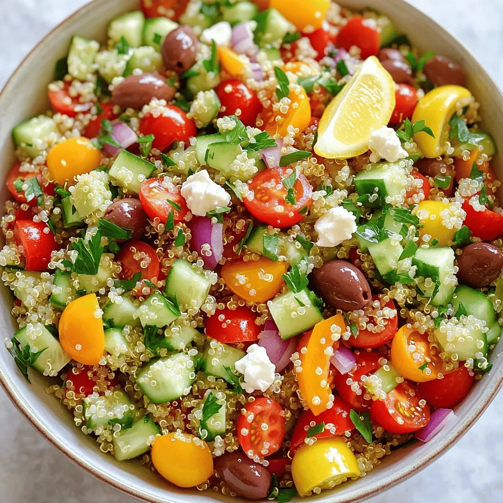 To make a delicious Mediterranean quinoa salad, gather these fresh ingredients: - 1 cup quinoa, rinsed - 2 cups vegetable broth or water - 1 cup cherry tomatoes, halved - 1 cucumber, diced - 1 bell pepper (red or yellow), diced - 1/2 red onion, finely chopped - 1/2 cup kalamata olives, pitted and halved - 1/2 cup feta cheese, crumbled (optional for a vegan version) - 1/4 cup fresh parsley, chopped - 1/4 cup olive oil - 2 tablespoons lemon juice - 1 teaspoon dried oregano - Salt and pepper to taste You can swap some ingredients for different flavors. Try these options: - Use quinoa blend instead of plain quinoa for a nutty taste. - Replace vegetable broth with chicken broth for richer flavor. - Use black olives instead of kalamata olives for a milder taste. - Substitute feta cheese with avocado for a creamy vegan twist. Want to make your salad even tastier? Add these extras: - Sun-dried tomatoes for a sweet and tangy kick. - Chickpeas for added protein and heartiness. - Arugula or spinach for extra greens and nutrients. - Nuts like pine nuts or walnuts for crunch and flavor. This Mediterranean quinoa salad is easy to make and packed with fresh flavors. Check out the Full Recipe for more details! To cook the quinoa, start by boiling two cups of vegetable broth or water in a medium pan. Once it boils, add one cup of rinsed quinoa. Lower the heat to low, cover the pan, and let it simmer for about 15 minutes. The quinoa will absorb the liquid and become fluffy. After cooking, take it off the heat and set it aside to cool slightly. While the quinoa cools, prepare your vegetables. Halve one cup of cherry tomatoes and set them aside. Dice one cucumber and one bell pepper, either red or yellow. Finely chop half a red onion and a quarter cup of fresh parsley. These fresh veggies add great flavor and color to the salad. In a large bowl, combine the cooled quinoa, cherry tomatoes, cucumber, bell pepper, red onion, and kalamata olives. For a special touch, add a quarter cup of chopped parsley. In a small bowl, whisk together a quarter cup of olive oil, two tablespoons of lemon juice, one teaspoon of dried oregano, and a pinch of salt and pepper. Pour this dressing over the quinoa salad and toss it gently until everything is mixed well. If you like, sprinkle crumbled feta cheese on top just before serving. Let the salad sit for about 10 minutes. This helps the flavors come together nicely. For the full recipe, refer to the previous sections. To make perfect quinoa, start with rinsed grains. Rinsing removes bitter saponins. Use two cups of water or broth for each cup of quinoa. Bring it to a boil, then lower the heat. Cover and let it simmer for about 15 minutes. When done, the quinoa should look fluffy. If you see little white tails, that’s normal. Let it cool before mixing it into the salad. The dressing is key to flavor. A mix of olive oil and lemon juice works well. Add a pinch of salt and pepper for taste. If you like herbs, try adding fresh basil or dill. For a kick, add minced garlic or a dash of red pepper flakes. You can also swap lemon juice for balsamic vinegar for a different taste. Serve the salad in a big bowl for sharing. A platter with extra parsley and lemon wedges looks great. You can also pair it with grilled chicken or fish for a hearty meal. For a picnic, pack it in a jar with layers. This keeps everything fresh and tasty. You can find the full recipe for Mediterranean Quinoa Salad [Full Recipe]. {{image_2}} To make this salad vegan, simply leave out the feta cheese. You can also add a bit of nutritional yeast for a cheesy flavor. The rest of the ingredients are already plant-based. This dish is colorful and fresh, making it perfect for any meal. If you want more protein, add chickpeas or black beans. These legumes not only boost protein but also add texture. You can toss in grilled chicken or shrimp if you prefer animal protein. Just be sure to chop them into bite-sized pieces. Using seasonal ingredients keeps the salad fresh and exciting. In summer, add ripe peaches or strawberries for sweetness. In fall, try roasted butternut squash or apples for a warm touch. You can swap out the bell pepper for roasted red peppers or even use different herbs like basil or mint for a twist. Store leftover Mediterranean quinoa salad in an airtight container. Keep it in the fridge. It stays fresh for up to three days. If you know you won't eat it all, hold off on adding feta cheese. This keeps it from getting soggy. Use glass or plastic containers with tight-fitting lids. These help keep air out and flavors in. If you have smaller portions, use smaller containers. This makes it easy to grab a quick snack. You can enjoy this salad cold or at room temperature. If you prefer it warm, use the microwave. Heat it in 30-second bursts to avoid overheating. Stir between bursts for even warmth. Do not reheat it too much to maintain texture and taste. For the complete recipe, check out the Full Recipe section. Mediterranean Quinoa Salad is packed with nutrients. It provides protein, fiber, and healthy fats. One serving contains: - Calories: About 220 - Protein: 6 grams - Carbohydrates: 30 grams - Fiber: 5 grams - Fat: 10 grams (mainly from olive oil and olives) This salad is a great choice for a balanced meal. Quinoa adds plant-based protein. Fresh vegetables boost vitamins and minerals. Feta cheese adds calcium but is optional. Yes, you can make this salad ahead of time. In fact, it tastes even better after sitting. Prepare it up to a day in advance. Just store it in the fridge in an airtight container. When ready to serve, give it a quick stir. Add more dressing if needed. If you use feta, add it just before serving to keep it fresh. Yes, Mediterranean Quinoa Salad is gluten-free. Quinoa itself is a gluten-free grain. Ensure that all other ingredients are also gluten-free, like the vegetable broth. This makes it a safe choice for those with gluten sensitivities. Enjoy this fresh and flavorful dish without worry. For the full recipe, check out the earlier section. This blog post explored how to make a delicious Mediterranean Quinoa Salad. We discussed ingredients, cooking tips, and variations to fit your taste. I shared how to cook quinoa perfectly and prepare fresh veggies, plus suggestions for dressings. Storing your leftovers was also covered for tasty meals later. Embrace this easy, healthy dish and make it your own! You'll enjoy every bite.