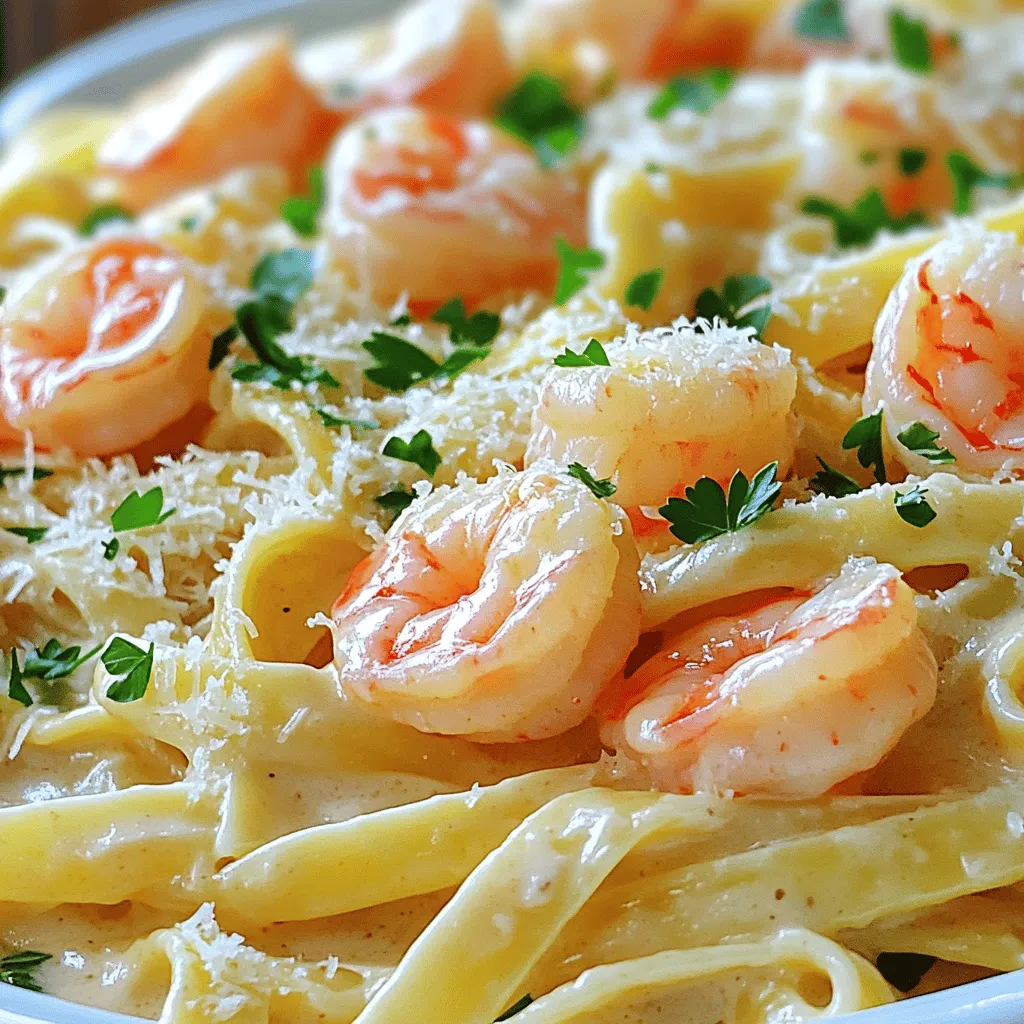 For this creamy shrimp pasta, you need: - 8 oz fettuccine or spaghetti - 1 lb shrimp, peeled and deveined - 3 tablespoons butter - 4 cloves garlic, minced - 1 cup heavy cream - 1/2 cup grated Parmesan cheese - 1 tablespoon lemon juice - 1 teaspoon paprika - Salt and pepper to taste - Fresh parsley, chopped for garnish Each ingredient plays a role. The pasta forms the base, while shrimp brings protein. Butter and garlic add richness and flavor. The heavy cream creates creaminess, and Parmesan adds a salty touch. Lemon juice brightens the dish, and paprika gives warmth. Finally, parsley adds color and freshness. You can easily swap some ingredients. Try these options: - Use whole wheat pasta for a healthier twist. - Substitute shrimp with chicken or tofu for a different protein. - Instead of butter, you can use olive oil. - For a lighter version, replace heavy cream with half-and-half or coconut milk. - Nutritional yeast can work in place of Parmesan for a vegan option. These substitutions keep the dish tasty and help fit your needs or diet. Pair this dish with: - A crisp green salad for a fresh contrast. - Garlic bread to soak up the creamy sauce. - A light white wine like Sauvignon Blanc works well. - For a non-alcoholic option, try sparkling water with lemon. These pairings enhance the dining experience and round out your meal. For the full recipe, check out the complete guide linked above! First, grab a large pot and fill it with water. Add salt to the water to enhance the pasta's taste. Bring the water to a boil. Once boiling, add 8 oz of fettuccine or spaghetti. Cook according to the package directions, usually around 8-10 minutes. You want it to be al dente, or firm to the bite. When cooked, drain the pasta but save a cup of the pasta water. This water helps later on. Now, let’s cook the shrimp. Use a large skillet and heat it over medium heat. Add 3 tablespoons of butter to the skillet and let it melt. Once melted, add 4 minced garlic cloves. Stir it for about 1 minute. You want the garlic fragrant, but not brown. Next, raise the heat to medium-high and add 1 lb of peeled and deveined shrimp. Season with 1 teaspoon of paprika, salt, and pepper. Cook the shrimp for 2-3 minutes on each side. They should turn pink and opaque. Once done, remove the shrimp and set them aside. In the same skillet, lower the heat to medium. Pour in 1 cup of heavy cream and stir it continuously. When the cream starts to simmer, reduce the heat to low. Then add 1/2 cup of grated Parmesan cheese and 1 tablespoon of lemon juice. Stir until everything combines and becomes smooth. The sauce should be rich and creamy, perfect for our pasta. Return the cooked shrimp to the skillet. Then add the drained pasta. Toss everything together gently. If the sauce is too thick, use the reserved pasta water to adjust the consistency. Add a little at a time until you reach your desired creaminess. Taste and adjust seasoning with more salt and pepper if needed. Finally, remove the skillet from heat. Sprinkle fresh chopped parsley on top for color and flavor. This makes the dish look beautiful and adds a fresh taste. Serve the creamy shrimp pasta hot, and enjoy every bite! For more detailed instructions, check the Full Recipe. To get the perfect cream sauce, start with heavy cream. Heat it gently; don’t let it boil. Stir in Parmesan cheese slowly. This helps it melt well. If the sauce is too thick, add a bit of pasta water. This makes it silky and rich. Always taste before serving. Adjust with salt or pepper as needed. Cooking shrimp is simple, but a few mistakes can happen. First, don’t overcook the shrimp. They should turn pink and opaque in just 2-3 minutes. If they stay in the heat too long, they become rubbery. Also, make sure to season well. Use salt and paprika to bring out their flavor. Always remove them from the pan when done to stop the cooking. Making this dish ahead of time is easy. You can cook the pasta and shrimp in advance. Store them separately in the fridge. When ready to eat, heat the cream sauce and combine everything again. Add a splash of pasta water to keep the sauce creamy. This way, you enjoy a fresh meal with less effort. For the full recipe, check the section above. {{image_2}} You can make your creamy shrimp pasta even better by adding vegetables. Spinach works great. Just toss in a handful when the shrimp is almost done cooking. The heat will wilt the spinach nicely. Mushrooms are another tasty choice. Sauté sliced mushrooms with garlic before adding the shrimp. They add a rich flavor and great texture. While fettuccine or spaghetti shines in this dish, you can try other pasta types. Penne or rigatoni can hold sauce well. If you want a lighter meal, opt for zucchini noodles. They add a fresh taste and make the dish gluten-free. Just sauté your zucchini noodles briefly before mixing them in. For some heat, sprinkle red pepper flakes into your dish. Add them while cooking the shrimp for an even blend. Start with a pinch and taste as you go. This small change brings out a new flavor. It adds excitement without overpowering the creamy goodness. For the full recipe, check out the Creamy Garlic Shrimp Pasta ! To keep your creamy shrimp pasta fresh, let it cool first. Place it in an airtight container. Store it in the fridge for up to three days. Make sure it is sealed tightly to avoid drying out. When you’re ready to eat, reheat on the stove. Add a splash of water or cream to help it warm evenly. Stir often to prevent sticking. You can also use the microwave, but heat it in short bursts. Check every 30 seconds to avoid overheating. You can freeze creamy shrimp pasta, but it may change texture. Place cooled pasta in a freezer-safe container. Use it within two months for the best taste. To thaw, move it to the fridge overnight. Reheat as described above for the best results. For the full recipe, check out the detailed guide on making this delicious dish. Yes, you can use frozen shrimp. Just thaw them before cooking. Place them in cold water for about 15 minutes. This will help them thaw quickly. After thawing, drain and pat dry. This way, they will cook evenly. To make the sauce dairy-free, swap heavy cream with coconut cream. You can also use cashew cream for a rich flavor. Blend soaked cashews with water until smooth. This gives a nice creamy texture without dairy. Fettuccine is great for creamy sauces, but you can also use spaghetti. Both types hold the sauce well. If you want a twist, try penne or even gluten-free pasta. Choose what you enjoy! You can add more flavor by using fresh herbs. Basil or dill works well. A pinch of red pepper flakes adds heat. You can also use lemon zest for brightness. Add these while making the cream sauce for the best flavor. For the full recipe, check out the Creamy Garlic Shrimp Pasta. This blog post covered what you need for a great creamy shrimp pasta. We looked at key ingredients, smart substitutions, and tasty pairings. You learned step-by-step how to cook pasta, shrimp, and the perfect cream sauce. I also shared tips for making the sauce just right and avoiding common mistakes. You can add veggies or spice it up with red pepper flakes for a twist. Lastly, I provided storage tips for your leftovers. Enjoy making this dish and feel free to explore your own variations!