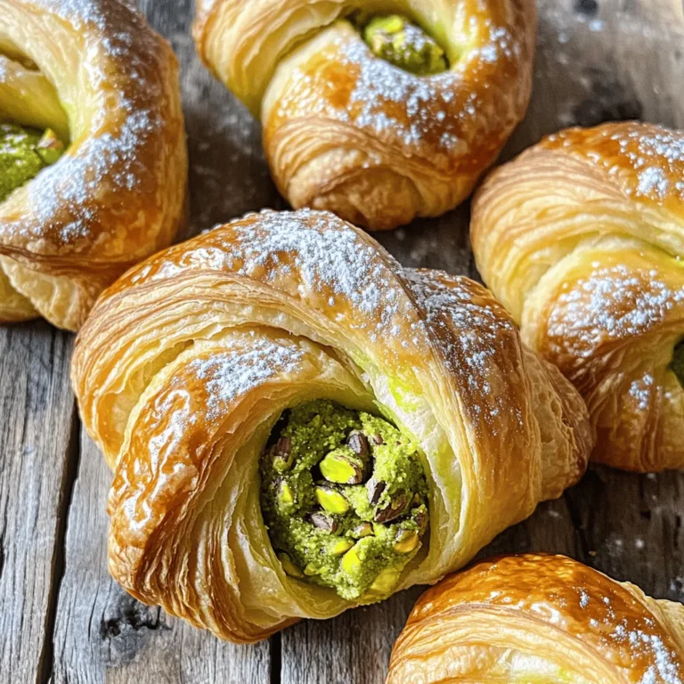 To make delicious pistachio filled croissants, gather these ingredients: - 1 batch of puff pastry (store-bought or homemade) - 1 cup pistachios, shelled and unsalted - 1/4 cup powdered sugar - 2 tablespoons unsalted butter, softened - 1 teaspoon vanilla extract - 1 egg (for egg wash) - 1 tablespoon milk (for egg wash) - A pinch of salt Each ingredient plays an important role. The puff pastry gives a flaky base. The pistachios bring a rich and nutty flavor. Butter and vanilla add creaminess and warmth. The egg wash helps the croissants shine and brown nicely. Pistachio filled croissants are a treat that combines taste and nutrition. Here’s a quick look at the nutritional facts per croissant: - Calories: Approximately 200 - Protein: 4g - Fat: 12g - Carbohydrates: 20g - Fiber: 1g - Sugar: 2g They offer a balance of carbs and healthy fats, thanks to the pistachios. Enjoying these in moderation can fit well into a balanced diet. To make this recipe easier, gather these tools: - Food processor - Rolling pin - Baking sheet - Parchment paper - Small bowl (for egg wash) - Wire rack (for cooling) Using the right tools helps you work efficiently. A food processor makes the filling smooth. A rolling pin shapes the pastry perfectly. Enjoy making these croissants with ease! To make the pistachio filling, start by gathering your ingredients. You need one cup of shelled, unsalted pistachios, a quarter cup of powdered sugar, two tablespoons of softened butter, one teaspoon of vanilla extract, and a pinch of salt. Place the pistachios, powdered sugar, butter, vanilla, and salt in a food processor. Pulse until you create a smooth paste. If it feels too dry, add a tiny bit of water or milk. This paste will be the star of your croissants. Next, prepare your puff pastry. Lightly dust your work surface with flour. Roll out the pastry to about one-eighth inch thick. If you use store-bought pastry, you might need to roll it a bit to make it even. This step helps create those lovely layers in the croissants. Now it’s time to cut and fill. Cut the rolled pastry into triangles. For each triangle, make a small cut at the base. This cut will help the pastry roll up smoothly. Take about a teaspoon of the pistachio filling and place it near the base of each triangle. Roll the triangle from the base to the tip, gently pressing the edges to seal them. Make sure they are closed tight to hold the filling inside. Before baking, preheat your oven to 400°F (200°C). Make an egg wash by beating one egg with a tablespoon of milk. Brush this mixture on the tops of each croissant. This step gives them a nice, shiny finish. Line a baking sheet with parchment paper and arrange the croissants, leaving space between them. Bake for 15 to 20 minutes, or until they puff up and turn golden brown. Allow them to cool on a wire rack for about 5 to 10 minutes before serving. Enjoy your delicious pistachio-filled croissants! For the complete recipe, check out the Full Recipe. To make great croissants, you need perfect puff pastry. If you buy it, choose a good brand. Look for one with high butter content. This gives you that nice flaky texture. When you roll it out, keep the thickness even. If it gets too warm, chill it for a bit. This helps it puff up in the oven. Sometimes you may have extra pistachio filling. You can store it easily. Place the filling in an airtight container. Keep it in the fridge for up to a week. If you want to keep it longer, freeze it. Just make sure to thaw it before using again. To enjoy your croissants fully, serve them warm. A light dusting of powdered sugar adds a nice touch. You can also pair them with fresh fruits. Slices of fresh strawberries or raspberries work great. For a drink, a cup of coffee or tea complements them well. For the full recipe, check the detailed steps earlier. {{image_2}} You can change the filling to suit your taste. Consider using almond paste for a nutty twist. Chocolate hazelnut spread adds a sweet touch. For a fruity option, try using fresh berries or jam. These fillings keep the steps the same. Just swap out the pistachio filling. You can make these croissants vegan with a few easy swaps. Use vegan butter instead of regular butter. Substitute the egg wash with plant milk for a golden look. The filling can stay the same, or you can use agave syrup instead of powdered sugar. These changes keep the flavor while meeting vegan needs. Adding other flavors can make your croissants even better. Mix cocoa powder into the pistachio filling for a chocolatey taste. A sprinkle of cinnamon can add warmth and spice. You can also try adding a hint of orange zest for a fresh twist. These small additions can really change the dish and surprise your taste buds. To keep your baked croissants fresh, place them in an airtight container. This method helps maintain their flaky texture. Store them at room temperature for up to two days. If you need to keep them longer, refrigeration is not the best choice. It can dry them out too quickly. Freezing is a great way to save croissants for later. First, allow them to cool completely. Then, wrap each croissant tightly in plastic wrap. Next, place the wrapped croissants in a freezer-safe bag or container. They can last for up to three months in the freezer. When you’re ready to enjoy them, simply thaw them overnight in the fridge. To reheat croissants, preheat your oven to 350°F (175°C). Place the croissant on a baking sheet. Heat for about 10-15 minutes until warm and crispy. You can also use an air fryer for a quicker method. Set it to 300°F (150°C) and heat the croissant for about 5-7 minutes. This way, they stay delicious and flaky. For more detailed steps, check out the Full Recipe. Yes, you can use homemade puff pastry. Making your own can be fun and rewarding. Just remember, it takes time to prepare. Homemade pastry can taste fresher than store-bought. You can store pistachio filled croissants for up to three days. Keep them in an airtight container. For longer storage, freeze them. Just wrap them well to prevent freezer burn. You can substitute the pistachios with almonds or hazelnuts. You can also try a mix of nuts. For a sweeter twist, add chocolate or fruit preserves. Cream cheese can work well too for a creamy filling. You can find pistachio filled croissants at local bakeries. Many grocery stores also sell them. If you want a special treat, check gourmet shops or online bakeries. For a fresh experience, try making them at home using the Full Recipe. Pistachio-filled croissants are a delightful treat. We explored everything from ingredients to baking tips. You learned how to prepare the filling and roll out the puff pastry. We covered storage tips and variations to suit any taste. In the end, these croissants can be a fun kitchen project. Enjoy the process and share your creations with friends and family! Happy baking!