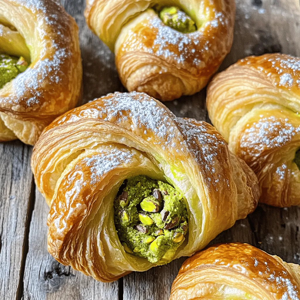 To make delicious pistachio filled croissants, gather these ingredients: - 1 batch of puff pastry (store-bought or homemade) - 1 cup pistachios, shelled and unsalted - 1/4 cup powdered sugar - 2 tablespoons unsalted butter, softened - 1 teaspoon vanilla extract - 1 egg (for egg wash) - 1 tablespoon milk (for egg wash) - A pinch of salt Each ingredient plays an important role. The puff pastry gives a flaky base. The pistachios bring a rich and nutty flavor. Butter and vanilla add creaminess and warmth. The egg wash helps the croissants shine and brown nicely. Pistachio filled croissants are a treat that combines taste and nutrition. Here’s a quick look at the nutritional facts per croissant: - Calories: Approximately 200 - Protein: 4g - Fat: 12g - Carbohydrates: 20g - Fiber: 1g - Sugar: 2g They offer a balance of carbs and healthy fats, thanks to the pistachios. Enjoying these in moderation can fit well into a balanced diet. To make this recipe easier, gather these tools: - Food processor - Rolling pin - Baking sheet - Parchment paper - Small bowl (for egg wash) - Wire rack (for cooling) Using the right tools helps you work efficiently. A food processor makes the filling smooth. A rolling pin shapes the pastry perfectly. Enjoy making these croissants with ease! To make the pistachio filling, start by gathering your ingredients. You need one cup of shelled, unsalted pistachios, a quarter cup of powdered sugar, two tablespoons of softened butter, one teaspoon of vanilla extract, and a pinch of salt. Place the pistachios, powdered sugar, butter, vanilla, and salt in a food processor. Pulse until you create a smooth paste. If it feels too dry, add a tiny bit of water or milk. This paste will be the star of your croissants. Next, prepare your puff pastry. Lightly dust your work surface with flour. Roll out the pastry to about one-eighth inch thick. If you use store-bought pastry, you might need to roll it a bit to make it even. This step helps create those lovely layers in the croissants. Now it’s time to cut and fill. Cut the rolled pastry into triangles. For each triangle, make a small cut at the base. This cut will help the pastry roll up smoothly. Take about a teaspoon of the pistachio filling and place it near the base of each triangle. Roll the triangle from the base to the tip, gently pressing the edges to seal them. Make sure they are closed tight to hold the filling inside. Before baking, preheat your oven to 400°F (200°C). Make an egg wash by beating one egg with a tablespoon of milk. Brush this mixture on the tops of each croissant. This step gives them a nice, shiny finish. Line a baking sheet with parchment paper and arrange the croissants, leaving space between them. Bake for 15 to 20 minutes, or until they puff up and turn golden brown. Allow them to cool on a wire rack for about 5 to 10 minutes before serving. Enjoy your delicious pistachio-filled croissants! For the complete recipe, check out the Full Recipe. To make great croissants, you need perfect puff pastry. If you buy it, choose a good brand. Look for one with high butter content. This gives you that nice flaky texture. When you roll it out, keep the thickness even. If it gets too warm, chill it for a bit. This helps it puff up in the oven. Sometimes you may have extra pistachio filling. You can store it easily. Place the filling in an airtight container. Keep it in the fridge for up to a week. If you want to keep it longer, freeze it. Just make sure to thaw it before using again. To enjoy your croissants fully, serve them warm. A light dusting of powdered sugar adds a nice touch. You can also pair them with fresh fruits. Slices of fresh strawberries or raspberries work great. For a drink, a cup of coffee or tea complements them well. For the full recipe, check the detailed steps earlier. {{image_2}} You can change the filling to suit your taste. Consider using almond paste for a nutty twist. Chocolate hazelnut spread adds a sweet touch. For a fruity option, try using fresh berries or jam. These fillings keep the steps the same. Just swap out the pistachio filling. You can make these croissants vegan with a few easy swaps. Use vegan butter instead of regular butter. Substitute the egg wash with plant milk for a golden look. The filling can stay the same, or you can use agave syrup instead of powdered sugar. These changes keep the flavor while meeting vegan needs. Adding other flavors can make your croissants even better. Mix cocoa powder into the pistachio filling for a chocolatey taste. A sprinkle of cinnamon can add warmth and spice. You can also try adding a hint of orange zest for a fresh twist. These small additions can really change the dish and surprise your taste buds. To keep your baked croissants fresh, place them in an airtight container. This method helps maintain their flaky texture. Store them at room temperature for up to two days. If you need to keep them longer, refrigeration is not the best choice. It can dry them out too quickly. Freezing is a great way to save croissants for later. First, allow them to cool completely. Then, wrap each croissant tightly in plastic wrap. Next, place the wrapped croissants in a freezer-safe bag or container. They can last for up to three months in the freezer. When you’re ready to enjoy them, simply thaw them overnight in the fridge. To reheat croissants, preheat your oven to 350°F (175°C). Place the croissant on a baking sheet. Heat for about 10-15 minutes until warm and crispy. You can also use an air fryer for a quicker method. Set it to 300°F (150°C) and heat the croissant for about 5-7 minutes. This way, they stay delicious and flaky. For more detailed steps, check out the Full Recipe. Yes, you can use homemade puff pastry. Making your own can be fun and rewarding. Just remember, it takes time to prepare. Homemade pastry can taste fresher than store-bought. You can store pistachio filled croissants for up to three days. Keep them in an airtight container. For longer storage, freeze them. Just wrap them well to prevent freezer burn. You can substitute the pistachios with almonds or hazelnuts. You can also try a mix of nuts. For a sweeter twist, add chocolate or fruit preserves. Cream cheese can work well too for a creamy filling. You can find pistachio filled croissants at local bakeries. Many grocery stores also sell them. If you want a special treat, check gourmet shops or online bakeries. For a fresh experience, try making them at home using the Full Recipe. Pistachio-filled croissants are a delightful treat. We explored everything from ingredients to baking tips. You learned how to prepare the filling and roll out the puff pastry. We covered storage tips and variations to suit any taste. In the end, these croissants can be a fun kitchen project. Enjoy the process and share your creations with friends and family! Happy baking!