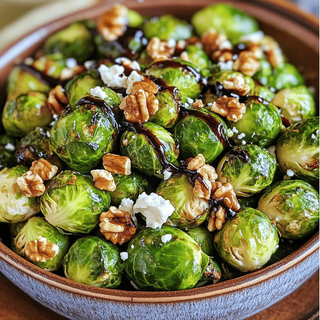 To make balsamic glazed Brussels sprouts, you need a few simple ingredients. Each one plays a key role in creating the rich flavor profile. Here’s what you’ll need: - Fresh Brussels sprouts: One pound, halved for even cooking. - Balsamic vinegar: Three tablespoons will give your sprouts a tangy sweetness. - Honey: Two tablespoons add a lovely caramel note. - Olive oil: Two tablespoons help with roasting and add richness. - Garlic: Two cloves, minced for an aromatic kick. - Salt and pepper: To taste, these basic seasonings enhance all flavors. - Walnuts: A quarter cup, chopped, for crunch and nuttiness. - Feta cheese: A quarter cup, crumbled (optional), adds creaminess and saltiness. You can find the full recipe for Balsamic Bliss Brussels Sprouts at the end of this article. Each ingredient adds a unique touch to this flavorful side dish, making it a perfect complement to many meals. Enjoy the process of bringing these ingredients together to create something delicious! First, wash the Brussels sprouts well. This step removes dirt and particles. Next, cut each sprout in half. This helps them cook evenly. For best flavor, season the sprouts with salt and pepper. You can also add garlic for an extra kick. A light coat of olive oil helps the seasoning stick. Now, preheat your oven to 400°F (200°C). This temperature gives the sprouts a nice, crispy texture. Spread the halved sprouts on a baking sheet in a single layer. Make sure they aren't crowded. This helps them roast better. Cook them for about 20 to 25 minutes. Halfway through, stir them to ensure even cooking. They should turn golden brown and crispy on the outside. While the Brussels sprouts roast, you can make the glaze. In a small saucepan, mix balsamic vinegar and honey. Heat it over medium flame. Bring the mix to a simmer. Cook for about 5 to 7 minutes. You want it to reduce and thicken. The right consistency is key for a great glaze. Once it thickens, take it off the heat. Once the Brussels sprouts are done, drizzle the balsamic glaze over them for a sweet and tangy finish. For the full recipe, check out Balsamic Bliss Brussels Sprouts. Enjoy! To make your Brussels sprouts shine, use simple seasonings. I recommend: - Garlic for a savory kick - Salt and pepper for balance - A sprinkle of chili flakes for warmth These flavors blend well with the balsamic glaze. When serving, try pairing your Brussels sprouts with: - Grilled chicken for protein - Quinoa for a hearty meal - Roasted pork for something rich While roasting is great, you can also sauté Brussels sprouts. This method cooks them faster and gives them a nice color. Just remember to keep the heat medium-high. For even cooking, stir them often. This way, every piece gets that great glaze. You can also steam them before glazing. This keeps them tender and helps the flavor soak in well. Just ensure they finish cooking on the stovetop to get a bit of crispiness. To impress your guests, think about how you serve the dish. Use a large, colorful bowl to add visual interest. You can also garnish with fresh herbs, like parsley or chives, for a pop of color. For an extra touch, consider drizzling a bit of extra balsamic glaze over the top. This not only enhances flavor but also looks stunning on the plate. Remember, we eat with our eyes first! {{image_2}} You can switch up the sweetener in this recipe. Try maple syrup or agave. Both add a unique twist. For crunch, you can use different nuts like pecans or almonds. Both bring their own flavor. If you want creaminess, try goat cheese instead of feta. It gives a nice tang. If you follow a vegan diet, swap honey for maple syrup. This keeps the dish sweet without using animal products. For gluten-free needs, all the listed ingredients work well. Just ensure any added nuts or cheeses are certified gluten-free. You can make these Brussels sprouts in an air fryer. Cook them at 375°F for about 15-18 minutes. Shake the basket halfway for even cooking. Grilling is another fun option. Toss the sprouts with olive oil and place them in a grill basket. Cook over medium heat for about 10-15 minutes, turning occasionally. Both methods create a delicious char. To keep your balsamic glazed Brussels sprouts fresh, store them in the fridge. Place them in an airtight container. This helps prevent moisture loss. Make sure to cool them down before sealing the container. For best results, eat them within 3 days. When reheating, I suggest using an oven. This keeps the sprouts crispy. Preheat your oven to 350°F (175°C) and spread the sprouts on a baking sheet. Heat them for about 10 minutes. If you use a microwave, place them in a bowl. Heat for 1-2 minutes, but this may make them soggy. Yes, you can freeze balsamic glazed Brussels sprouts. To freeze, let them cool completely first. Spread them in a single layer on a baking sheet. Once frozen, transfer them to a freezer bag. They last up to 3 months. When ready to eat, thaw overnight in the fridge. Reheat in the oven for the best texture. Yes, you can use frozen Brussels sprouts. Just remember that their cooking time will need some adjustment. Start by thawing them completely first. Pat them dry to remove excess moisture. This helps in achieving a crispy texture. Then, roast them in the oven for about 25 to 30 minutes. Check them often to avoid overcooking. To add some heat, try using red pepper flakes or cayenne pepper. You can mix them with the olive oil before roasting. A little goes a long way, so start with a small amount. You can also add some sliced jalapeños for a fresh kick. This will give your dish a nice spicy twist while keeping that sweet balsamic flavor. These Brussels sprouts pair well with many dishes. Try serving them alongside roasted chicken or grilled steak. They also go great with quinoa or rice for a vegetarian option. Add a fresh salad to balance the meal. For a comforting touch, serve them with creamy mashed potatoes. You can find the full recipe for Balsamic Bliss Brussels Sprouts in the recipe section. This includes all the details you need to make this delightful side dish. We explored the key ingredients and steps to make delicious balsamic-glazed Brussels sprouts. I shared tips for flavors, cooking methods, and serving ideas. You can adapt the recipe to fit your diet or try new cooking techniques. Remember, leftovers can be stored and reheated to keep that great taste. Enjoy the journey of cooking these sprouts and impress your friends and family with your skills. The best part? You can make this dish your own!