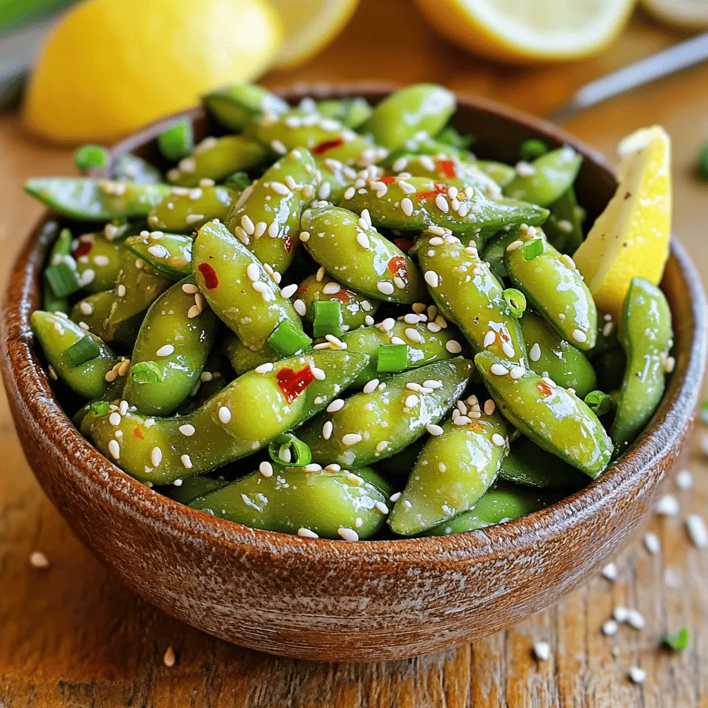 - 2 cups edamame (in pods) - 3 tablespoons olive oil - 4 cloves garlic, minced - 1 teaspoon red pepper flakes (adjust to taste) - 2 teaspoons soy sauce (or tamari for gluten-free) - 1 teaspoon sesame oil - 1 tablespoon lemon juice - Sea salt, to taste - Optional: Toasted sesame seeds and chopped green onions for garnish When you gather these ingredients, you set the stage for a tasty treat. Edamame offers a nice crunch and a healthy base. Olive oil adds richness, while garlic gives a burst of flavor. The red pepper flakes bring heat, and soy sauce adds depth. Lemon juice brightens it all up. Don't forget the salt! It pulls every flavor together. Optional toppings like sesame seeds and green onions make your dish look great. They also add fun textures. I love how simple it is to make this snack feel fancy. Just imagine it on your table, ready to impress your guests or your family. For the full recipe, check the detailed cooking instructions and enjoy this delicious snack! - In a large pot, bring salted water to a boil. - Add the edamame pods and cook for 5-7 minutes. First, make sure the water is nice and salty. This adds flavor. When the edamame is bright green and tender, it is ready. Drain them well and let them sit aside. - Drain the edamame and set aside. - Heat olive oil over medium heat and sauté minced garlic. Next, heat olive oil in a skillet. When it shimmers, add the minced garlic. Cook just until it smells amazing but avoid browning it. This step makes the dish fragrant. - Toss cooked edamame in the garlic oil mixture. - Drizzle in soy sauce, sesame oil, and lemon juice. Now, add the drained edamame to the skillet. Toss them well to coat with the garlic oil. Then, drizzle in the soy sauce, sesame oil, and lemon juice. Stir to mix everything. Let it cook for a couple more minutes. This melds all the flavors. Enjoy your Spicy Garlic Edamame as a tasty snack! For the detailed recipe, check out the Full Recipe. - Adjust red pepper flakes to control spiciness. If you like it hot, add more. For a milder taste, use less. This simple tweak changes everything! - Let the garlic infuse longer for a stronger flavor. Sautéing garlic for a few extra moments fills your dish with rich taste. Just be careful not to burn it; burnt garlic can taste bitter. - Serve warm as an appetizer or snack. This dish shines when fresh and hot. It’s a great way to impress guests or treat yourself. - Pair with sushi or as a side dish for Asian cuisine. Spicy garlic edamame complements many meals. It adds a fun crunch and a burst of flavor to your plate. For the complete recipe, check the Full Recipe section. Enjoy cooking! {{image_2}} You can make Spicy Garlic Edamame even tastier. Here are two simple ideas: - Add grated ginger for extra zing. This will give a fresh kick and a nice warm flavor. Just mix it in with the garlic when you sauté. - Try adding lime juice instead of lemon for a different taste. Lime gives a bright, tart note that pairs well with the garlic and spice. Want to change things up for your diet? Here are some easy swaps: - Use coconut aminos instead of soy sauce for a soy-free option. This adds a sweet and savory flavor without the soy. - Substitute olive oil with avocado oil for a buttery flavor. Avocado oil has a higher smoke point and adds a rich taste to your dish. These variations can make your edamame snack even more enjoyable. Feel free to mix and match! Store leftovers in an airtight container in the fridge for up to 3 days. Keeping it sealed helps maintain flavor and freshness. If you have extra, you can enjoy this snack later. Just remember, the sooner you eat it, the better it tastes! Reheat in a skillet over medium heat for best texture. This method warms the edamame evenly and keeps them tender. Avoid using the microwave, as it may make the edamame soggy. Stir occasionally while reheating for the best results. Enjoy your tasty snack again! Yes, frozen edamame works well and is convenient. You can skip thawing. Just toss them straight into boiling water. They will cook nicely and save you time. This recipe is naturally vegan as it contains no animal products. You can enjoy it without worry. The flavors come from garlic, chili, and soy sauce. Pair it with rice dishes, noodles, or enjoy it as a healthy snack. It also goes well with sushi or Asian-inspired meals. You can even serve it at parties. Reduce the amount of red pepper flakes or omit them entirely for a milder version. Start with a pinch, then taste. You can always add more spice later. Complete instructions and ingredient list for Spicy Garlic Edamame. This blog post covered a simple and tasty Spicy Garlic Edamame recipe. We discussed the key ingredients, step-by-step instructions, and helpful tips. You learned how to adjust flavors and try variations based on your taste. Whether you serve it as a snack or a side dish, this dish is both easy and flavorful. Remember, you can store leftovers and enjoy them later. Enjoying healthy food can be fun and delicious, so give this dish a try!