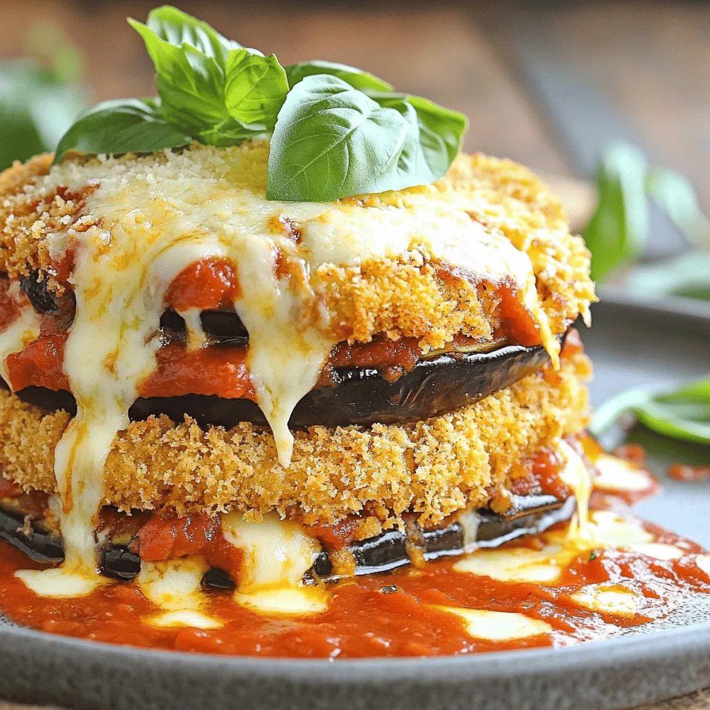 For a tasty Baked Eggplant Parmesan, you will need: - 2 medium eggplants, sliced into ½-inch rounds - 3 cups marinara sauce (homemade or store-bought) - 2 cups shredded mozzarella cheese - 1 cup grated Parmesan cheese - 1 cup all-purpose flour - 2 large eggs, beaten - 1 cup breadcrumbs (preferably Italian seasoned) - 2 teaspoons dried oregano - 1 teaspoon garlic powder - Salt and pepper to taste - Fresh basil leaves for garnish (optional) You can swap out some ingredients if needed: - Use gluten-free flour and breadcrumbs for a gluten-free option. - Swap mozzarella for a dairy-free cheese if you want a vegan dish. - Any tomato sauce can replace marinara if you prefer a different flavor. This dish serves about six people. Each serving has: - Calories: 350 - Protein: 15g - Carbohydrates: 30g - Fat: 20g - Fiber: 5g - Sodium: 700mg This recipe offers a balanced meal packed with flavor and nutrients. Enjoy this delightful dish as part of a healthy meal plan. Check out the Full Recipe for complete details on preparing this wonderful dish! Prepping the Eggplant for Baking Start by slicing your eggplants into ½-inch rounds. This size helps them bake well. Next, sprinkle salt on the slices. Let them sit for about 30 minutes. This step draws out extra moisture. After 30 minutes, rinse the slices to remove the salt. Pat them dry with a towel. Setting Up a Breading Station Now, it's time for the breading station. Grab three shallow dishes. In the first dish, add all-purpose flour. In the second, beat your two large eggs. In the third dish, mix the breadcrumbs with dried oregano, garlic powder, salt, and pepper. This flavor mix is key to a tasty crust. Baking Instructions for Eggplant Slices With your eggplant ready, it's time to bread them. Dredge each eggplant slice in flour first. Next, dip it in the beaten eggs. Finally, coat it in the breadcrumb mix. Place the breaded slices on your prepared baking sheets. Now, preheat your oven to 375°F (190°C). Bake the slices for 25-30 minutes. Flip them halfway through for even cooking. They should be golden brown and crispy. Layering for the Perfect Eggplant Parmesan After baking, it's time to layer. Start with a layer of marinara sauce on the bottom of a baking dish. Add a layer of baked eggplant slices. Then sprinkle mozzarella and Parmesan cheese on top. Repeat this process until you use all the ingredients. Finish with marinara sauce and a final layer of cheese. Bake this in the oven for an additional 20-25 minutes. The cheese should be bubbly and golden. Let it cool for about 10 minutes before serving. For a full recipe, check out the Full Recipe section. To make your baked eggplant Parmesan shine, focus on these key tips. - Ensuring Crispy Eggplant Texture: Start by salting your eggplant slices. Salt pulls out water and helps them stay crisp. Let them sit for 30 minutes, rinse, and pat dry. This step is crucial for texture. - Avoiding Soggy Layers: Layer your dish wisely. Use a thin layer of marinara sauce at the bottom. Avoid soaking the eggplant in sauce. Instead, let the crispy eggplant shine through. - How to Enhance Flavor with Spices: Use dried oregano and garlic powder in your breadcrumbs. These spices add depth to the dish. Feel free to mix in other spices like crushed red pepper for a kick. Fresh basil also gives a nice touch when serving. By following these tips, you can create a delicious Baked Eggplant Parmesan that impresses everyone. For the complete recipe, check out the Full Recipe. {{image_2}} You can get creative with baked eggplant parmesan. It’s fun to switch things up. Let’s explore some tasty alternatives. - Vegetarian and Vegan Options: For a vegan twist, you can skip the cheese. Use cashew cream or a store-bought vegan cheese. This way, you keep the flavors while making it plant-based. You can substitute eggs with a mix of ground flaxseed and water. This mix binds the breadcrumbs to the eggplant. - Gluten-Free Substitutions: For a gluten-free version, use almond flour instead of all-purpose flour. Swap the breadcrumbs for gluten-free options like crushed rice cereal or almond meal. This keeps the crunchy texture without the gluten. - Creative Flavor Variations: Want to add a twist? Try mixing in chopped spinach or sun-dried tomatoes between the layers. This adds color and enhances the flavor. You can also add fresh herbs like thyme or rosemary for an aromatic touch. This recipe can adapt to your tastes and needs. Be bold and enjoy your cooking journey! For a complete guide, check out the Full Recipe. Refrigeration Tips To keep your baked eggplant Parmesan fresh, let it cool completely. Then, cover it tightly with plastic wrap or place it in an airtight container. Store it in the fridge for up to three days. It’s best to keep it whole until you're ready to serve, as this helps retain moisture. Freezing Baked Eggplant Parmesan If you want to save some for later, freezing is a great option. Cut the dish into portions for easy serving. Wrap each piece tightly in plastic wrap, then place them in a freezer-safe bag. Make sure to label the bag with the date. It can last up to three months in the freezer. Reheating Instructions for Best Results When you’re ready to enjoy your leftovers, preheat your oven to 350°F (175°C). Place the desired portion on a baking sheet. Cover it with foil to keep it moist. Heat for about 20-25 minutes, or until hot. For a crispy top, remove the foil during the last few minutes of heating. Enjoy your delicious meal again! For the full recipe, check out the [Full Recipe]. How long does Baked Eggplant Parmesan last in the fridge? Baked Eggplant Parmesan lasts about 3 to 5 days in the fridge. Store it in an airtight container. It’s best to let it cool before sealing. The flavors will get better as it sits. Can I make this dish ahead of time? Yes, you can make Baked Eggplant Parmesan ahead of time. Prepare the dish, but don’t bake it yet. Cover it well and store it in the fridge for up to 24 hours. When you're ready to eat, just bake it as per the recipe. What can I serve with Baked Eggplant Parmesan? Baked Eggplant Parmesan pairs well with a simple green salad. You can also serve it with garlic bread or pasta. A nice glass of red wine complements the dish beautifully. For a fresh touch, add some sliced tomatoes or olives on the side. For the full recipe, check out the [Full Recipe]. In this post, we covered how to make Baked Eggplant Parmesan. We discussed key ingredients, their substitutes, and nutrition. You learned step-by-step instructions for prep and baking. I shared tips to achieve a crispy texture and avoid sogginess. We explored variations, storage methods, and answered common questions. Now, with these insights, you are ready to create a delicious dish. Baked Eggplant Parmesan is tasty, simple, and versatile. Enjoy cooking, and don’t hesitate to experiment!