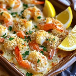 To make Garlic Parmesan Baked Shrimp, you'll need a few simple ingredients. Here's the list: - 1 pound large shrimp, peeled and deveined - 4 tablespoons unsalted butter, melted - 4 cloves garlic, minced - 1 teaspoon smoked paprika - 1 teaspoon lemon zest - ½ cup grated Parmesan cheese - ¼ cup panko breadcrumbs - 2 tablespoons fresh parsley, chopped - Salt and black pepper to taste - Lemon wedges for serving Each ingredient brings its own flavor to the dish. The large shrimp provide a sweet, tender base. The butter and garlic make a rich sauce. Smoked paprika adds a hint of warmth, while lemon zest brightens the flavors. Parmesan cheese gives a nice, salty crunch. Panko breadcrumbs add a crisp texture, and fresh parsley brings color and freshness. I recommend using fresh shrimp for the best taste. But frozen shrimp can work too. Just be sure to thaw them fully before cooking. If you want to make this recipe even easier, you can use pre-minced garlic. You can find the full recipe and instructions to create this delicious dish. Start by setting your oven to 400°F (200°C). Preheating is key. It ensures your shrimp cook evenly and turn out perfectly. In a mixing bowl, combine the melted butter, minced garlic, smoked paprika, and lemon zest. Stir well to blend the flavors. This garlic butter mixture gives the shrimp a rich taste. Add the peeled and deveined shrimp to the bowl. Toss them in the garlic butter mixture. Make sure every shrimp gets coated well. Sprinkle with salt and black pepper to taste. Transfer the shrimp to a baking dish. Spread them out evenly. This helps them cook well and get crispy. In another bowl, mix the grated Parmesan cheese, panko breadcrumbs, and chopped parsley. This will be the crunchy topping. Sprinkle this mix generously over the shrimp in the baking dish. Place the baking dish in the preheated oven. Bake for 12-15 minutes. The shrimp should turn pink and opaque. The topping will turn golden brown. When done, remove it from the oven. Let it cool for a minute before serving. Enjoy your delicious Garlic Parmesan Baked Shrimp! For a complete guide, check out the Full Recipe. Choosing fresh shrimp is easy. Look for shrimp with a firm texture. They should smell like the ocean, not fishy. The shells should be clean and shiny. If you buy them with shells on, check for black spots. These spots mean the shrimp are old. If possible, buy wild-caught shrimp. They have better flavor than farmed shrimp. Baking time is key for juicy shrimp. Cook at 400°F (200°C) for 12-15 minutes. Shrimp turn pink when they are ready. They should look opaque, not clear. Overcooking makes shrimp tough. Keep an eye on them while they bake. If you want a crispy topping, broil for the last minute. This adds a nice crunch without drying out the shrimp. Seasonings make a big difference in taste. Garlic and lemon zest boost flavor in this dish. Smoked paprika adds a warm, smoky touch. You can try adding chili flakes for heat. Fresh herbs like parsley brighten the dish. Don't forget salt and pepper for balance. Mix and match seasonings to find your perfect flavor. For more ideas, check out the Full Recipe. {{image_2}} You can make this dish spicy by adding red pepper flakes. Just one teaspoon can add a nice kick! Mix the flakes with the garlic butter before coating the shrimp. If you love heat, try using a spicy seasoning blend instead. The addition of fresh jalapeños can also spice things up. For a fresh twist, add lemon juice and fresh herbs. Use about two tablespoons of lemon juice in the garlic butter mix. Then, add herbs like basil or thyme for a fragrant taste. These bright flavors balance well with the cheese and garlic. This version is perfect for summer days. You can easily make this dish heartier by adding vegetables. Consider using asparagus, bell peppers, or zucchini. Cut the veggies into bite-sized pieces and toss them in the garlic butter mix. Spread them evenly in the baking dish with the shrimp. This adds color and nutrients, making your meal more filling. Be sure to check out the Full Recipe for more details! To keep your Garlic Parmesan Baked Shrimp fresh, place leftovers in an airtight container. You can store them in the fridge for up to three days. Make sure the shrimp cool down before sealing the container. This helps keep the shrimp juicy and flavorful. When you are ready to enjoy the leftovers, reheating is simple. Preheat your oven to 350°F (175°C). Place the shrimp in a baking dish and cover it with foil. Heat for about 10 minutes or until warm. This method keeps the shrimp from drying out. You can also use a microwave. Heat them in short bursts of 30 seconds until warm. Just be careful not to overcook them. If you want to keep the shrimp longer, you can freeze them. First, let the shrimp cool completely. Then, place them in a freezer-safe bag or container. Make sure to remove as much air as possible before sealing. Frozen shrimp can last for up to three months. When ready to eat, thaw them in the fridge overnight before reheating. Enjoy a taste of your Garlic Parmesan Baked Shrimp anytime! For the full recipe, check out the earlier section. Yes, you can use frozen shrimp. Just thaw them first. Put them in a bowl of cold water for about 15 minutes. This helps them defrost quickly. Once thawed, pat them dry before using. This step keeps your dish from becoming watery. You can serve Garlic Parmesan Baked Shrimp with many sides. Here are some great options: - Rice or quinoa for a filling base. - A fresh green salad for a light touch. - Garlic bread to soak up the tasty sauce. - Steamed veggies for added crunch. These sides balance the rich flavors of the shrimp. Shrimp cook fast. They are done when they turn pink and opaque. You can also check their shape; they curl into a C shape. If they curl tightly, they may be overcooked. Keep an eye on them while baking. Yes, you can prep this dish ahead. Mix the shrimp with the garlic butter and place them in the baking dish. Cover it and store it in the fridge. When ready to bake, just sprinkle the topping and put it in the oven. This saves time for busy days. For the full recipe, check out the link above. This recipe shows how to make Garlic Parmesan Baked Shrimp. You learned about the key ingredients, step-by-step baking, and tips for great flavor. Variations let you get creative, and storage advice helps keep leftovers fresh. Enjoy this dish with friends and family. It’s simple yet delicious. With practice, you’ll master it quickly. Now, get cooking!