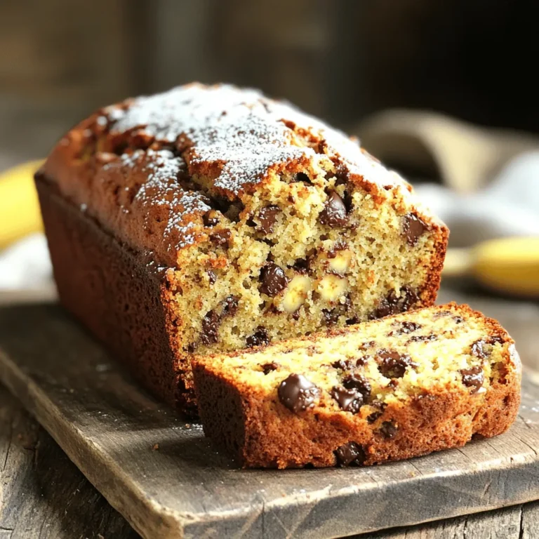 When making chocolate chip banana bread, having the right ingredients is key. Here’s what you need: - 3 ripe bananas, mashed - 1/2 cup unsalted butter, melted - 1/2 cup granulated sugar - 1/4 cup brown sugar, packed - 2 large eggs, at room temperature - 1 teaspoon vanilla extract - 1 teaspoon baking soda - 1/2 teaspoon salt - 1 1/2 cups all-purpose flour - 1 cup semi-sweet chocolate chips - 1/2 cup chopped walnuts (optional) Each ingredient plays a special role. The ripe bananas add moisture and sweetness. The butter gives richness. Both sugars create a nice balance of flavor. The eggs help bind everything together. Vanilla extract adds warmth. Baking soda helps the bread rise. Salt enhances the taste of the other flavors. The flour gives structure. The chocolate chips bring joy, and walnuts add crunch if you choose to include them. This simple list leads to a delicious treat. You’ll find that using fresh, ripe bananas makes a big difference in flavor. For the best results, measure everything accurately. This ensures your chocolate chip banana bread turns out moist and delicious, exactly as you want it. Check out the Full Recipe for detailed steps to prepare your tasty loaf! 1. First, preheat your oven to 350°F (175°C). This helps bake the bread evenly. 2. Next, take a 9x5-inch loaf pan and grease it. You can also line it with parchment paper. This makes it easy to remove the bread later. 3. In a large bowl, mash the ripe bananas. Add the melted butter to the bananas. Mix them well until they are smooth. 4. Now, add the granulated sugar and brown sugar to the banana mix. Stir until combined. 5. In a separate bowl, beat the eggs. Add the eggs and vanilla extract to the banana mixture. Mix everything until smooth. 1. Sprinkle baking soda and salt over your wet mix. Gently stir to incorporate these dry ingredients. 2. Then, add the flour to the bowl. Carefully fold it in until just combined. Do not overmix; this keeps the bread soft. 3. Finally, gently fold in the chocolate chips and walnuts if you choose to use them. Make sure they are evenly distributed. 1. Pour the batter into your prepared loaf pan. Use a spatula to smooth the top. 2. Bake in the preheated oven for 55–65 minutes. To check if it’s done, insert a toothpick in the center. It should come out clean. 3. Once baked, let it cool in the pan for about 10 minutes. Then, transfer it to a wire rack to cool completely before slicing. This ensures the best texture. For the complete list of ingredients and detailed steps, refer to the Full Recipe. - Ensure bananas are ripe for best flavor. Ripe bananas have brown spots. They add sweetness and moisture. - Avoid overmixing the batter. Mix until just combined. This keeps your bread soft and fluffy. - Serve warm with butter. This adds richness and flavor that everyone loves. - Garnish with extra chocolate chips or powdered sugar. Both make the bread look fancy and taste great. - Not greasing the pan properly. This can cause the bread to stick. Use butter or cooking spray. - Using cold ingredients instead of room temperature. Cold eggs and butter can make the batter lumpy. Always let them sit out first. For a full recipe, check the detailed steps provided above. Enjoy your baking! {{image_2}} You can easily change the taste of your chocolate chip banana bread. Swap regular chocolate chips for dark chocolate or white chocolate for a fun twist. Dark chocolate adds a rich flavor, while white chocolate brings sweetness. You can also toss in dried fruits like cranberries or raisins. They add a chewy texture and burst of flavor that works well with bananas. For a healthier option, use whole wheat flour instead of all-purpose flour. This swap gives your bread more fiber and nutrients, and it still tastes great. If you want to cut back on sugar, try using honey or maple syrup instead of granulated sugar. Both options add a nice, natural sweetness to your bread. If you or someone you know has dietary restrictions, there are great options. For those who need gluten-free bread, replace all-purpose flour with a gluten-free blend. Make sure it works for baking to get the right texture. If you want a vegan version, use flax eggs instead of regular eggs. Flax eggs are easy to make and work well in baked goods. You can also use plant-based butter to keep the bread dairy-free. For the full recipe, check out the details above. You can keep chocolate chip banana bread at room temperature for a few days. Make sure to store it in an airtight container. This way, it stays moist and fresh. If you have hot weather, put it in the fridge to prevent spoilage. For long-term storage, freeze the banana bread. Wrap it tightly in plastic wrap or aluminum foil. Then place it in a freezer-safe bag. It can last for up to three months in the freezer. To thaw, take it out and leave it at room temperature for a few hours. You can also thaw it overnight in the fridge. When reheating banana bread, use the microwave or oven. For the microwave, heat it for about 15-20 seconds per slice. If you want it warm in the oven, preheat to 350°F (175°C) and bake for 10 minutes. This keeps the texture soft and the flavor rich. Enjoy your treat fresh and warm! You can tell banana bread is done by checking the center. Insert a toothpick into the middle. If it comes out clean, the bread is ready. The top should be golden brown, and the edges should pull away from the pan. If it looks too wet, bake it a bit longer. Yes, you can use frozen bananas! Just thaw them first and mash them well. Frozen bananas often have extra moisture, so you may need to reduce the butter slightly. They work great and add natural sweetness to your bread, making it even more delicious. To prevent sinking, avoid overmixing your batter. Mix just until combined. Also, make sure your baking soda is fresh. This helps the bread rise properly. Lastly, bake it at the right temperature and time. A hot oven ensures it sets well. Banana bread pairs well with many things. Spread a bit of butter on warm slices for rich flavor. You can also add cream cheese or peanut butter for a tasty twist. Enjoy it with coffee or tea for a cozy snack. Add slices to breakfast or dessert plates for fun. For the full recipe, check out the detailed steps above! This blog post covered how to make tasty banana bread. You learned about the key ingredients, steps to prepare, and baking tips. You also discovered variations and storage tips to keep your bread fresh. Banana bread is fun and easy to make. Use ripe bananas for the best flavor. Don’t rush; enjoy the process and share your bread with friends. Whether you stick to the classic recipe or try new flavors, it’s sure to be a hit!