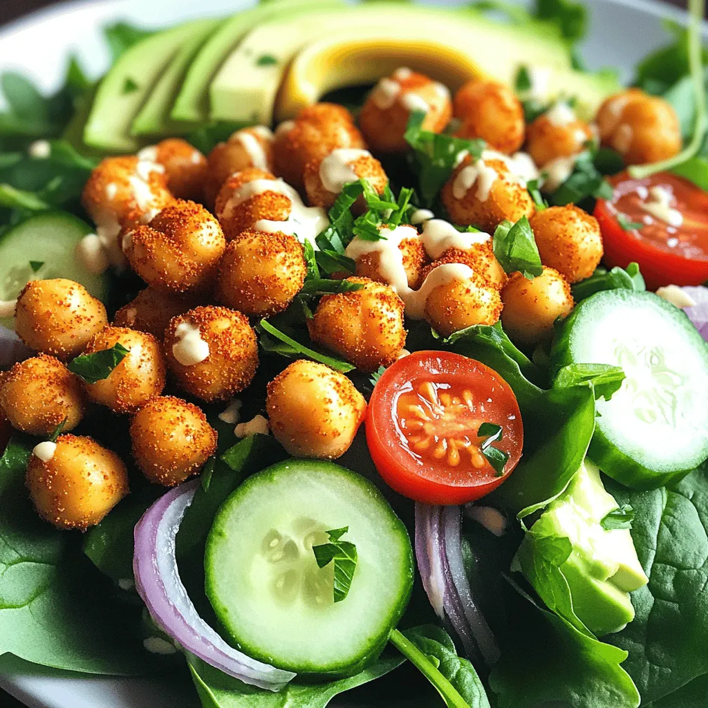 - 1 can (15 oz) chickpeas, rinsed and drained - 2 tablespoons olive oil - 1 teaspoon smoked paprika - 1/2 teaspoon cumin - Salt and pepper to taste - 4 cups mixed greens (spinach, arugula, romaine) - 1 cup cherry tomatoes, halved - 1 cucumber, diced - 1/4 red onion, thinly sliced - 1 avocado, sliced - 2 tablespoons tahini - 1 tablespoon lemon juice - Fresh herbs (parsley or cilantro) for garnish - Baking sheet - Mixing bowls - Whisk for the dressing The crispy chickpea salad is a fun dish to make. It is simple and packed with flavor. First, you need chickpeas. I use a can of chickpeas because they save time. Rinse and drain them well. You also need olive oil to help the spices stick. Smoked paprika adds a rich, warm flavor. Cumin gives it a nice touch. Don’t forget salt and pepper for taste. For the salad, I love using mixed greens. Spinach, arugula, and romaine are great choices. Cherry tomatoes add sweetness, while diced cucumber brings crunch. Thinly sliced red onion adds a bit of zing. Avocado is a must for creaminess. The tahini dressing ties it all together. It has a nutty flavor and pairs well with lemon juice. This simple dressing is easy to make with just a whisk. Gather these ingredients and tools, and you are ready to create this tasty salad. Check out the Full Recipe for step-by-step instructions. - First, preheat your oven to 400°F (200°C). This step is crucial for crispiness. - Next, take a can of chickpeas. Rinse and drain them well. In a bowl, mix the chickpeas with 2 tablespoons of olive oil. Add 1 teaspoon of smoked paprika, 1/2 teaspoon of cumin, and some salt and pepper to taste. Stir until all chickpeas are covered in the mix. - Spread the seasoned chickpeas on a baking sheet. Make sure they are in a single layer. This helps them cook evenly. - Bake them for about 25 to 30 minutes. Halfway through, take them out and stir. This stirring helps them get crispy all over. Keep an eye on them; you want them golden brown and crunchy. - While the chickpeas bake, prepare your salad base. In a large bowl, add 4 cups of mixed greens, 1 cup of halved cherry tomatoes, 1 diced cucumber, and 1 thinly sliced red onion. Toss them together gently. - Now, make the dressing. In a small bowl, whisk together 2 tablespoons of tahini, 1 tablespoon of lemon juice, a pinch of salt, and about 1 tablespoon of water. This will help thin it out. Adjust the taste as you like. - Once the chickpeas are done and have cooled for a bit, add them to the salad. - Drizzle the tahini dressing over the salad and toss it all together. Make sure everything is nicely coated. - For a beautiful finish, top it with sliced avocado and fresh herbs before serving. This adds color and flavor to your dish. For the full recipe, check the [Full Recipe]. Enjoy your delicious crispy chickpea salad! To get the best crunch from your chickpeas, start by draining and drying them well. After rinsing, lay them on a clean kitchen towel. Pat them dry to remove excess moisture. This step helps them crisp up in the oven. If you have time, let them sit for a bit to dry completely. Oven times may vary based on the model. Check your chickpeas around the 20-minute mark. If they aren’t golden yet, give them a few more minutes. Remember, every oven is different, so keep an eye on them. Stir halfway through for even cooking. You can boost the flavors in your crispy chickpea salad by adding spices. Try garlic powder, cayenne pepper, or even a hint of curry powder. These can add nice depth to your dish. You can also mix in other ingredients like bell peppers or radishes for extra crunch and color. If tahini isn’t your favorite, consider using a yogurt-based dressing. A simple vinaigrette made with olive oil, vinegar, and herbs can work wonders too. Experiment until you find what suits your taste best! This salad pairs well with proteins like grilled chicken or shrimp. You can also serve it with grains like quinoa or farro for a hearty meal. Mixing different textures makes the dish exciting. For a fun presentation, serve the salad in bowls, layering the ingredients. You can also use mason jars for an appealing grab-and-go option. Remember, how you present food can make it even more enjoyable! For the complete dish, check the Full Recipe! {{image_2}} You can make this salad even more exciting by switching up the legumes. Try black beans or lentils instead of chickpeas. Both pack a punch of protein and taste great. You can also add seasonal vegetables for fresh flavors. Think of adding bell peppers, zucchini, or corn. These veggies bring color and crunch to your plate. Make sure all the ingredients you choose are gluten-free. Most chickpeas and fresh vegetables are naturally gluten-free, but check labels just to be safe. If you want to add grains, quinoa or brown rice work well. Both give a nice texture and are gluten-free. For a Mediterranean vibe, add feta cheese or olives. Feta gives a creamy, salty taste, while olives add a briny kick. You can also mix in different herbs and spices. Oregano, basil, or dill can brighten your salad. These flavors will transport you to a sunny Mediterranean patio. For more details, check the [Full Recipe]. To store your crispy chickpea salad, use airtight containers. This keeps the salad fresh. Place the chickpeas in a separate container. They stay crispy longer that way. The salad will last in the fridge for about 3 days. However, the chickpeas may lose some crunch after a day. You can freeze chickpeas if you have extras. Spread them on a baking sheet and freeze until firm. After that, transfer them to a freezer bag. They can stay frozen for up to 3 months. When you’re ready to eat, let them thaw in the fridge overnight. Reheat in the oven to get them crispy again. To keep your salad fresh, keep ingredients separate until serving. This helps prevent sogginess. Add the dressing just before you eat. Also, store cut vegetables in their own container. This keeps them crisp and flavorful until you are ready to enjoy your meal. Yes, you can use dried chickpeas. First, soak them in water overnight. This helps them soften. After soaking, drain and rinse them. Then, boil them in fresh water for about one hour. Check for doneness; they should be tender. You can then season and bake them like canned chickpeas. This way, you get the same crispy texture. If your chickpeas are not crispy, check a few things. First, make sure they are dry. If they are wet, they won’t crisp up. Use a clean towel to pat them dry after rinsing. Next, spread them out evenly on the baking sheet. If they are crowded, they will steam instead of bake. Lastly, ensure they cook long enough. Check them at 25 minutes, and keep baking until golden. To prepare this salad in advance, you can cook the chickpeas ahead of time. Store them in an airtight container in the fridge. You can also wash and chop your veggies. Keep the greens, tomatoes, cucumber, and onion separate until you are ready to eat. This keeps everything fresh. The dressing can be made in advance too. Just store it in a jar in the fridge. If you want to skip tahini, try these simple dressings. Mix olive oil with balsamic vinegar for a quick option. A lemon vinaigrette works well too. Just whisk together lemon juice, olive oil, salt, and pepper. Another great choice is yogurt mixed with herbs. This gives a creamy texture and fresh taste. These alternatives keep your salad exciting. For the complete recipe, you can refer to the [Full Recipe]. This crispy chickpea salad is a simple, tasty dish you can enjoy anytime. You learned about the key ingredients, like chickpeas, fresh veggies, and tahini dressing. We covered step-by-step instructions, useful tips, and fun variations to match your tastes. Remember to store leftovers correctly to keep them fresh. Whether you stick to the original recipe or add your twist, this salad can fit any meal. Enjoy making this healthy option that brings flavor and joy to your plate!