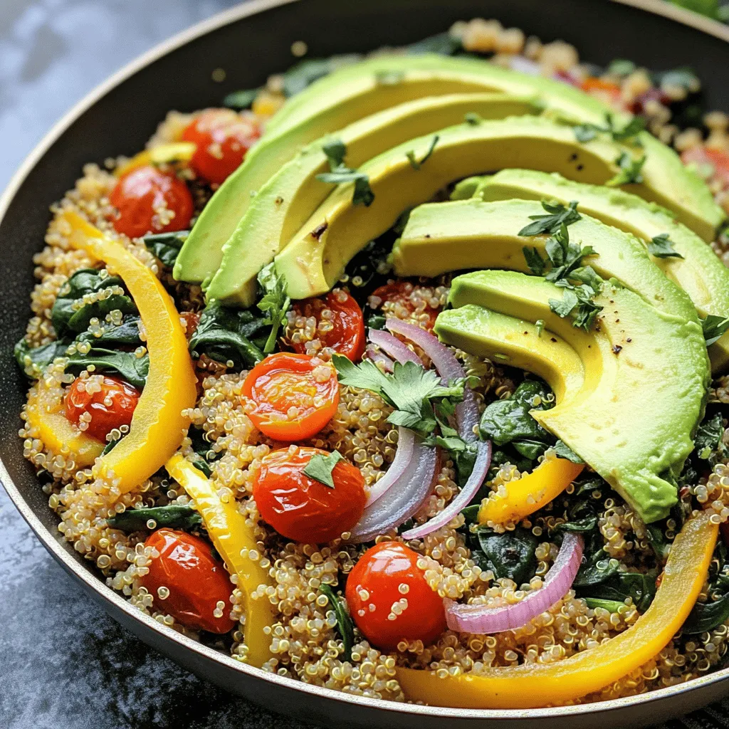 - 1 cup quinoa, rinsed - 2 cups vegetable broth - 1 cup cherry tomatoes, halved - 1 bell pepper, diced (any color) - 1 small red onion, finely chopped - 1/2 cup spinach, chopped Quinoa is a super grain. It is high in protein and fiber. It cooks well and has a nice texture. Vegetable broth adds flavor and makes the dish rich. Fresh vegetables like cherry tomatoes and bell peppers bring color and crunch. Red onion adds a sweet taste, while spinach gives it a healthy boost. - 1 teaspoon garlic powder - 1 teaspoon smoked paprika - Fresh herbs (like parsley or cilantro) for garnish Garlic powder gives a nice kick. Smoked paprika adds a depth of flavor. Fresh herbs make the dish pop and look pretty. These seasonings help tie all the flavors together. - 1 avocado, sliced - 2 tablespoons olive oil - Salt and pepper to taste Avocado adds creaminess and healthy fats. Olive oil also brings richness and helps with cooking. Salt and pepper are must-haves for taste. They enhance all the other flavors in this savory breakfast quinoa. You can find the full recipe above to bring all these ingredients together for a hearty breakfast! 1. Start by rinsing 1 cup of quinoa under cold water. This removes any bitter taste. 2. In a medium saucepan, combine the rinsed quinoa with 2 cups of vegetable broth. 3. Bring the mixture to a boil over high heat. 4. Reduce the heat to low and cover the pan. Let it simmer for about 15 minutes. 5. The quinoa should become fluffy, and all the broth should be absorbed. 1. While the quinoa cooks, heat 2 tablespoons of olive oil in a large skillet over medium heat. 2. Add 1 small red onion, finely chopped, and 1 diced bell pepper. Sauté for about 5 minutes. The onion should be soft and fragrant. 3. Next, stir in 1 cup of halved cherry tomatoes. Cook for an additional 3 minutes until they blister. 4. Add 1/2 cup of chopped spinach last. Cook for 1-2 minutes until it wilts. 1. Once the quinoa is ready, add it to the skillet with the veggies. 2. Season the mix with 1 teaspoon of garlic powder, 1 teaspoon of smoked paprika, and salt and pepper to taste. 3. Stir everything together until well mixed and heated through. 4. Serve hot, topped with sliced avocado and fresh herbs for a delightful finish. For the full recipe, check out the detailed instructions and ingredients. To achieve fluffy quinoa, start by rinsing it well. This removes bitter saponins. Use a medium saucepan for cooking. Combine one cup of rinsed quinoa with two cups of vegetable broth. Bring this to a boil. Then, reduce the heat to low and cover it. Simmer for about 15 minutes. When done, the quinoa should look fluffy and the broth absorbed. For sautéing vegetables, use a large skillet. Heat two tablespoons of olive oil over medium heat. Start with the red onion and bell pepper. Sauté these for about five minutes until they soften. Then, add the cherry tomatoes. Cook for another three minutes until they blister. Finally, add chopped spinach and cook for one to two minutes until it wilts. When plating, create colorful layers. Start with a base of quinoa. Top it with the sautéed vegetable mix. Add fresh avocado slices on top for creaminess. Garnish with fresh herbs like parsley or cilantro for a pop of color. This dish shines at breakfast but works well for lunch or dinner too. This dish is great for vegetarians and vegans. You can skip the eggs and still enjoy a hearty meal. For gluten-free options, quinoa is naturally gluten-free. Just ensure that your vegetable broth is also gluten-free. You can add beans for extra protein or nuts for a crunch. This way, you can easily customize it to fit different diets. {{image_2}} You can change the taste of your savory breakfast quinoa easily. Try adding spices like cumin, chili powder, or even curry powder. These spices can give your dish a new twist. You can also add sauces like soy sauce or hot sauce for extra flavor. If you want more protein, adding eggs or beans works great. Scramble an egg and mix it in, or toss in some black beans for a hearty boost. Using seasonal vegetables can enhance the taste and nutrition of your dish. In spring, try fresh asparagus or peas. In summer, zucchini and corn add great flavors. In fall, use roasted butternut squash or sweet potatoes. During winter, root vegetables like carrots and beets will work well. You can also swap in pantry staples when fresh veggies aren’t available. Canned tomatoes or frozen veggies are perfect substitutes. Savory breakfast quinoa makes a full meal. Pair it with fruit or yogurt for a balanced breakfast. You can also use it as a side dish with grilled chicken or fish. For meal prep, make a big batch and store it in the fridge. It keeps well and is easy to heat up. This way, you can enjoy a healthy breakfast all week long. Check out the Full Recipe for more ideas! To store leftovers, let the savory breakfast quinoa cool first. Then, place it in an airtight container. This helps keep it fresh. You can store it in the fridge for up to four days. For the best results, use glass or BPA-free plastic containers. They seal tightly and are easy to clean. The best methods to reheat quinoa are using the microwave or stovetop. If you use the microwave, place the quinoa in a bowl. Add a splash of water to keep it moist. Heat it for about one to two minutes. Stir halfway through to ensure even warming. On the stovetop, add a little water to a pan and heat on low. Stir gently for about five minutes until warm. Yes, you can freeze savory breakfast quinoa! It freezes well and keeps its flavor. To freeze, first cool the quinoa completely. Then, transfer it to freezer-safe bags. Remove as much air as possible before sealing. For thawing, place the bag in the fridge overnight. You can also use the microwave. Heat it straight from the freezer, but add extra time for warming. Yes, you can use water. However, broth adds rich flavor. Water alone may taste bland. Broth infuses the quinoa with savory notes, making it more enjoyable. Using broth also enhances the dish's overall taste without extra ingredients. To make savory quinoa more filling, add protein. You can mix in cooked eggs, beans, or tofu. Nuts and seeds also boost protein and healthy fats. Try adding shredded chicken or turkey for a heartier meal. Adding a side of fruit can balance the dish. If you need a substitute for quinoa, consider rice or farro. Both grains cook well and carry flavors nicely. Bulgur or millet are great options too. For a gluten-free choice, try buckwheat or amaranth. Each option gives a unique taste while keeping it nutritious. For the full recipe, check the earlier section. This blog post covered how to make a flavorful savory quinoa dish. You learned about key ingredients like quinoa, broth, and fresh vegetables. I shared tips for cooking and sautéing for the best texture. You can customize flavors and pair this dish with other meals easily. Remember, storing leftovers right helps maintain taste. Overall, cooking savory quinoa is simple and rewarding. It’s a healthy option that fits many diets. So, grab your ingredients and start cooking this delightful meal today!