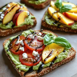 - 2 ripe avocados - 4 slices of whole-grain bread - 1 medium tomato, sliced - 1/4 cup feta cheese, crumbled - 1 tablespoon balsamic glaze - 1 teaspoon smoked paprika - 1 ripe peach, thinly sliced (for a sweet twist) - Fresh basil leaves, for garnish - 1 lime, juiced - Salt and pepper to taste Avocado toast is not just tasty; it's also good for you. Each serving is rich in healthy fats from avocados. It provides fiber from whole-grain bread, which helps digestion. The feta cheese adds protein, while tomatoes and peaches provide vitamins. A single serving can have around 300 calories, making it a satisfying snack or light meal. Choose avocados that feel slightly soft when you press them. A ripe avocado should have a dark green or black skin, but this can vary by type. Avoid those with large dark spots or dents. If you find hard avocados, let them ripen at room temperature. This usually takes about 3 to 5 days. To speed up the process, place them in a paper bag with a banana. The ethylene gas from the banana helps the avocado ripen faster. Start by toasting the whole-grain bread. You can use a toaster or grill. Aim for a golden brown color. This will make the bread crispy. Crispy bread holds up well to toppings. It adds a nice crunch to each bite. Next, prepare the avocados. Cut them in half and remove the pit. Scoop the green flesh into a bowl. Add lime juice, salt, and pepper to taste. Use a fork to mash the avocado. Leave some small chunks for texture. This adds a nice bite to your toast. Now it’s time to build your toast. Take the toasted bread and spread a thick layer of mashed avocado on each slice. For the savory version, add sliced tomatoes on two slices. Then sprinkle crumbled feta cheese over the tomatoes. Drizzle balsamic glaze on top. Finish with a sprinkle of smoked paprika for flavor. For the sweet version, place thin peach slices on the other two slices. Top with fresh basil leaves and a light drizzle of balsamic glaze. Enjoy the mix of sweet and savory flavors. Serve warm and add salt and pepper if you like. This simple guide helps you create delicious avocado toast. For more ideas, check out the Full Recipe for Avocado Toast Extravaganza. Toasting bread is key for great avocado toast. Start with thick slices. Whole-grain bread adds flavor and nutrition. Toast in a toaster or grill. Aim for golden brown and crispy. This texture holds the avocado well. You can also try rye or sourdough for a twist. Want to take your toast up a notch? Try adding sliced tomatoes or crumbled feta cheese. Both add great taste and texture. A drizzle of balsamic glaze gives a sweet touch. For a unique flavor, add smoked paprika. If you love sweetness, thin slices of peach work wonders. Fresh basil leaves can brighten up the dish too. Seasoning is crucial for delicious avocado toast. A squeeze of lime juice adds freshness. Use salt and pepper to enhance the flavors. For a spicy kick, sprinkle red pepper flakes or chili powder. Don’t forget to taste your avocado mix before spreading. Adjust as needed to make it just right. {{image_2}} Savory options bring a bold taste to your avocado toast. Start with the classic tomato and feta. Just layer sliced tomatoes atop the mashed avocado. Then crumble feta cheese on top. A drizzle of balsamic glaze adds sweetness. For a spicy kick, sprinkle smoked paprika over it. You can also add thinly sliced radishes for crunch. Another savory twist is to use poached eggs. Place a warm egg on the avocado. The yolk will create a creamy sauce. Add fresh herbs like parsley or cilantro for freshness. You can even use olives for a briny touch. The flavor combinations are endless. Sweet avocado toast is a fun and tasty choice. Start with a base of mashed avocado. Then, add thin slices of ripe peaches or strawberries. Drizzle with honey for extra sweetness. A sprinkle of cinnamon can enhance the flavor too. Try adding a dollop of Greek yogurt. This adds creaminess and protein. Top with chia seeds for a nice crunch. You can even use almond butter for a nutty flavor. The sweet options can brighten your morning. Get creative with your toppings! Think outside the box. Try adding smoked salmon for a salty, rich taste. Pair it with capers and red onion for extra flair. You can also use hummus as a spread before the avocado. This gives a creamy texture and a unique taste. Add sliced cucumbers and a sprinkle of dill for freshness. Another fun idea is to mix avocado with pesto. Spread it on the toast and top with cherry tomatoes. The fresh basil in pesto adds a lovely flavor. Explore these variations using the Full Recipe for Avocado Toast Extravaganza 🥑. Each option makes a delicious meal or snack. Enjoy your avocado toast adventure! To keep avocados fresh, store them at room temperature if they're not ripe. Check them daily. Once ripe, put them in the fridge. This slows down ripening. If you cut an avocado, put the unused half in a bowl. Sprinkle lime juice on it to slow browning. Wrap it tightly with plastic wrap or place it in an airtight container. If you have leftover avocado toast, store it in the fridge. Place it in a sealed container. The texture may change, but it will still taste good. Try to eat it within a day for the best flavor. Avoid stacking pieces, as this can make the toast soggy. To reheat leftover toast, use a toaster or oven. This keeps the bread crispy. Set the oven to 350°F (175°C) and heat for about 5 minutes. For a quick option, pop it in a toaster for a few minutes. Enjoy your avocado toast warm for the best taste! Yes, you can prepare some parts in advance. Toast the bread ahead of time. You can also mash the avocado, but it may brown. To keep it fresh, add lime juice and store it in an airtight container. Assemble it just before you eat to enjoy the best taste. You have many gluten-free options for bread. Look for gluten-free whole-grain bread. Rice cakes or corn tortillas also work well. You can even use sweet potato slices as a base. Just toast them to add crunch. To make avocado toast vegan, skip any dairy. Use your favorite plant-based toppings. Try vegan feta or nut cheese for a creamy touch. You can also add seeds or nuts for extra texture and flavor. Avocado toast is packed with nutrients. Avocados are rich in healthy fats and fiber. They help your heart and keep you full. Whole-grain bread adds more fiber and vitamins. This meal is great for any time of the day. Pair your avocado toast with a light drink. Fresh juice, like orange or green juice, complements it well. Herbal tea can also be a nice choice. If you like coffee, a smooth latte or cold brew works great too. Ingredients: - 2 ripe avocados - 4 slices of whole-grain bread - 1 medium tomato, sliced - 1/4 cup feta cheese, crumbled - 1 tablespoon balsamic glaze - 1 teaspoon smoked paprika - 1 ripe peach, thinly sliced (for a sweet twist) - Fresh basil leaves, for garnish - 1 lime, juiced - Salt and pepper to taste Follow the Full Recipe to create your own delicious avocado toast! In this post, we explored how to make delicious avocado toast. We covered the best ingredients and shared tips for choosing ripe avocados. You learned how to prepare the bread, mash the avocado, and assemble your dish. We also offered tricks for perfect toasting and seasoning ideas. You can even try variations for sweet or savory options. Finally, we discussed storage tips and answered common questions. Enjoy creating your perfect avocado toast and make it your own!