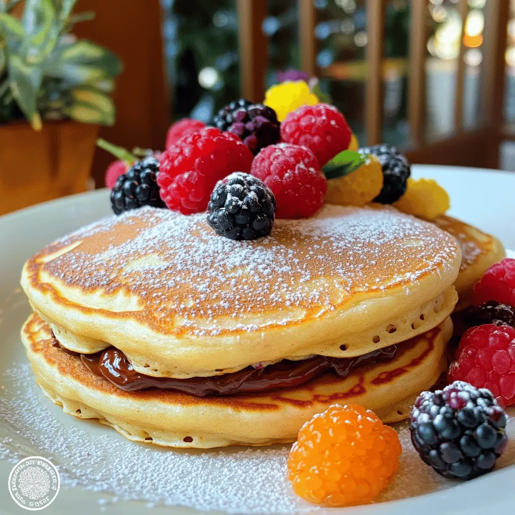 To make Nutella stuffed pancakes, you need these simple ingredients: - 1 cup all-purpose flour - 1 tablespoon sugar - 1 teaspoon baking powder - 1/2 teaspoon baking soda - 1/4 teaspoon salt - 1 cup buttermilk - 1 large egg - 2 tablespoons melted butter - 1/2 cup Nutella (for stuffing) - Extra butter or oil for cooking - Powdered sugar (for serving) - Fresh berries (optional, for garnish) These ingredients create a fluffy pancake with a rich, gooey Nutella center. The buttermilk adds a nice tang, while the baking powder and baking soda help the pancakes rise perfectly. You can easily find these items at your local grocery store. If you want to check the full recipe, it has all the steps to make these delicious treats! Start by grabbing a large mixing bowl. Add the following dry ingredients: - 1 cup all-purpose flour - 1 tablespoon sugar - 1 teaspoon baking powder - 1/2 teaspoon baking soda - 1/4 teaspoon salt Use a whisk to mix them well. This step is key. It makes sure the baking powder and baking soda spread out evenly. This way, each pancake rises perfectly. In another bowl, combine these wet ingredients: - 1 cup buttermilk - 1 large egg - 2 tablespoons melted butter Stir them together until you have a smooth mix. This consistency helps your pancakes turn out fluffy. Heat a non-stick skillet over medium heat. Add a little butter or oil to coat it. Pour about 1/4 cup of pancake batter onto the skillet. Wait until you see bubbles form on top. This should take about 2-3 minutes. While the pancake cooks, spoon about 1 tablespoon of Nutella right in the center. Then, pour another 1/4 cup of batter on top of the Nutella. This keeps it hidden. After cooking for another 2-3 minutes, check the bottom. It should be golden brown. Now, gently flip the pancake. Cook the other side for 2 more minutes. Repeat this process with the rest of the batter and Nutella. Feel free to add more butter or oil if needed. Enjoy your Nutella stuffed pancakes warm! For the full recipe, check out the section above. To make great pancakes, avoid overmixing. When you stir the batter, leave some lumps. This helps keep the pancakes light and fluffy. If you mix too much, they can become tough. Cooking temperature also matters. Heat your skillet or griddle to medium. If it is too hot, the pancakes will burn on the outside but stay raw inside. If it is too low, they will take too long to cook. A good test is to sprinkle a few drops of water on the skillet. If they dance and evaporate quickly, you are ready to cook. I love to serve these pancakes with a dusting of powdered sugar. Fresh berries add a pop of color and flavor. Strawberries, blueberries, or raspberries work wonderfully. You can also drizzle maple syrup on top. To get creative, try toppings like whipped cream or nut butter. Each adds a unique twist to the dish. You can even add a scoop of ice cream for a fun breakfast dessert! For the best results, use a non-stick frying pan or griddle. This helps the pancakes cook evenly and prevents sticking. A good spatula is also key for flipping without tearing the pancakes. Measuring tools are important too. Use a ladle to pour batter for consistent sizes. A measuring cup can help you get the right amount of Nutella into each pancake. This way, every bite is a perfect blend of pancake and chocolate. Check out the Full Recipe for more details on making these delicious Nutella stuffed pancakes! {{image_2}} You can change the flavor of your Nutella stuffed pancakes. Try adding chocolate chips to the batter. This makes the pancakes extra sweet and fun. Nuts are another option. Chopped hazelnuts or walnuts add crunch and flavor. You can also swap Nutella for other spreads. Almond butter or peanut butter gives a new taste. Each option makes the pancakes unique and tasty. If you need gluten-free pancakes, use gluten-free flour. This makes the pancakes light and fluffy. You can find many good blends at stores. For a vegan version, replace the egg with a flaxseed mixture. Mix one tablespoon of flaxseed meal with two and a half tablespoons of water. Let it sit until it thickens. Use a plant-based milk instead of buttermilk. These changes let everyone enjoy these pancakes. Nutella stuffed pancakes are great for breakfast or dessert. For breakfast, serve them warm with syrup. For dessert, dust them with powdered sugar and add berries. You can also make them for brunch. Try stacking the pancakes high and drizzle with chocolate sauce. Add whipped cream on top for a beautiful plate. This makes your brunch gatherings more special and fun. For the complete recipe, check the [Full Recipe]. To keep your pancakes fresh, store them in an airtight container. Place parchment paper between layers. This helps prevent sticking. You can keep them in the fridge for up to three days. The cool air will keep them from getting too dry. When it's time to enjoy your pancakes again, use the microwave or stovetop. For the microwave, heat them for 20-30 seconds. Check if they are warm enough. For the stovetop, place them in a pan over low heat. This way, they warm up without getting soggy. Flip them once for even heat. If you want to save some for later, freezing works well. Let the pancakes cool completely. Then, stack them with parchment paper in between. Place the stack in a freezer bag. You can freeze them for up to two months. To thaw, place them in the fridge overnight. For the best texture, reheat them in a skillet after thawing. For the full recipe of these Nutella stuffed pancakes, refer back to the earlier section. If your pancake batter is sticky, you can fix it. Start by adding a bit more flour, one tablespoon at a time. Mix gently until you reach the right consistency. The batter should be thick but pourable. You want it to flow easily but not be too runny. If you add too much flour, your pancakes may become dense. Aim for a smooth texture, and don’t overmix. Yes, you can use milk instead of buttermilk. Just add one tablespoon of vinegar or lemon juice to the milk. Let it sit for five minutes. This helps to create a buttermilk substitute. The flavor will be slightly different, but your pancakes will still taste great! Use whole milk for the best results and richness. To check if your pancakes are done, look for bubbles forming on the surface. When these bubbles pop, it's a sign they are ready to flip. After flipping, cook until the bottom is golden brown. You can also check by gently pressing the center with a spatula. If it springs back, they are cooked. If it feels soft or mushy, give it more time. Enjoy your delicious Nutella stuffed pancakes! Check the [Full Recipe] for more tips! In this guide, we explored how to make delicious Nutella-stuffed pancakes. You learned the right ingredients, preparation steps, and tips for perfect texture. We also covered variations and storage methods. Remember, cooking is about fun and creativity. Try new flavors and serving ideas to suit any meal. Enjoy your pancakes, and don’t be afraid to make them your own! Simple changes can lead to tasty results. Happy cooking!