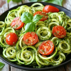 - 4 medium zucchinis, spiralized - 1 cup fresh basil leaves - 1/2 cup toasted pine nuts - 1/2 cup grated Parmesan cheese (or nutritional yeast) - 2 cloves garlic, minced - 1/2 cup extra virgin olive oil - Juice of 1 lemon - Salt and pepper to taste - Cherry tomatoes, halved - Fresh basil leaves When making zucchini noodles with pesto, you want fresh ingredients. The zucchinis should feel firm and smooth. Fresh basil gives the best flavor. Look for bright green leaves. Toasted pine nuts add a nice crunch. If you prefer a vegan option, use nutritional yeast instead of Parmesan. For the pantry staples, extra virgin olive oil is key. It adds richness to the dish. Fresh lemon juice brightens the flavors. Salt and pepper help bring everything together. Optional garnishes like cherry tomatoes add color and sweetness. Fresh basil leaves on top make the dish look beautiful. You can find the full recipe to guide you through each step. Enjoy creating this fresh and flavorful dish! To make the pesto, start by gathering your key ingredients. You need fresh basil leaves, toasted pine nuts, grated Parmesan cheese, minced garlic, lemon juice, and some salt and pepper. Place all these into a food processor. Next, blend the mixture until it is finely chopped. Keep blending until it becomes creamy. This process brings out the fresh flavors. Taste it. If you want more salt, add it now. This pesto will be the star of your dish. Now, let’s make the zucchini noodles. You can use a spiralizer or a julienne peeler. Both tools will give you nice noodle shapes. Make sure your zucchini is firm for the best results. As you spiralize, aim for a thickness you enjoy. Thin noodles cook faster, while thicker ones have a nice bite. Prepare enough to fill your plate. This step is fun, and the noodles look great! It’s time to cook your zoodles. Heat a tablespoon of olive oil in a skillet over medium heat. Once hot, add the zucchini noodles. Sauté them for just 2-3 minutes. You want them to be warm and slightly soft. Be careful not to overcook them. Overcooked zoodles become mushy, and that’s not what we want. Keep an eye on them, and stir gently. When done, they will still have a nice crunch. Now, you can combine the warm zoodles with your creamy pesto. Toss well until every noodle is coated. This step makes your dish come alive with flavor! Check out the [Full Recipe] for more details. For the best flavor, always choose ripe basil. Look for bright green leaves with no brown spots. Fresh basil gives your pesto a rich taste. Next, pick firm zucchinis. They should feel heavy and smooth. Avoid zucchinis with soft spots or wrinkles. To adjust your pesto, taste as you go. If it’s too thick, add more olive oil. You can also add a splash of lemon juice for brightness. If you have nut allergies, try sunflower seeds or pumpkin seeds. They blend well and give a nice crunch. To avoid overcooking zucchini noodles, heat them just until they soften. This takes about 2-3 minutes. If you cook them too long, they become mushy. Keep an eye on them as they cook. Stir gently to maintain their shape and texture. Enjoy your fresh dish! {{image_2}} To make a vegan version, swap the Parmesan cheese for nutritional yeast. Nutritional yeast gives the dish a cheesy flavor without using dairy. You can add 1/2 cup of nutritional yeast to the pesto mix. This keeps the meal creamy and delicious. Want to make this dish heartier? You can add grilled chicken or shrimp. Simply grill your protein of choice, slice it, and toss it with the zucchini noodles and pesto. For a plant-based option, consider adding chickpeas or tofu. Both of these options provide protein while keeping it meat-free. Get creative by mixing in more veggies. Bell peppers add a sweet crunch. Spinach brings extra nutrients and color. If you like a little heat, add some red pepper flakes. This will give your dish a spicy kick, making it even more exciting to eat. Explore these variations to find your favorite way to enjoy zucchini noodles with pesto. For the full recipe, check out the previous section! To keep leftover zucchini noodles fresh, place them in an airtight container. Make sure to cover them well to prevent drying out. Store them in the fridge for up to three days. After that, the texture can change, and they may become mushy. Can you freeze zoodles? Yes, you can freeze zucchini noodles, but it’s better to blanch them first. Bring a pot of water to a boil and cook the zoodles for two minutes. Then, plunge them into ice water to stop cooking. Drain and dry them before placing in freezer bags. For pesto, freeze in ice cube trays for easy use later. To reheat zucchini noodles without losing texture, avoid the microwave. Instead, heat them in a skillet over medium-low heat. Add a splash of olive oil and toss gently for two to three minutes. This method keeps them firm and tasty. For pesto, gently warm it on the stove or in the microwave in short bursts. This keeps it fresh and flavorful. Zucchini noodles, or zoodles, are thin strips made from zucchini. They serve as a low-carb pasta alternative. Zoodles are light, fresh, and packed with nutrients. They provide vitamins A and C, plus potassium. Using zucchini noodles can help you eat more veggies. They soak up flavors well, making them a great base for sauces like pesto. You can enjoy them raw or cooked, but don’t overdo it! Yes, you can prepare pesto a few days in advance. Keep it in an airtight container in the fridge. To prevent browning, drizzle a thin layer of olive oil on top. This keeps the color bright and fresh. If you want to store it longer, freeze the pesto. Ice cube trays work well. Once frozen, transfer the cubes to a bag. This way, you can use just what you need later. You can make zoodles without a spiralizer using simple tools. A vegetable peeler works great. Just peel thin strips from the zucchini. Another option is a box grater. Use the julienne side for thin noodles. You can also use a knife. Cut the zucchini into thin, long strips. All these methods give you delicious zoodles without extra gadgets. Enjoy your cooking! For the full recipe, check out the [Full Recipe]. You now have a great recipe for zucchinis and pesto. We covered key ingredients, cooking steps, and tips to make it a success. You can swap ingredients for your preferences, like using nutritional yeast instead of cheese. Keep your zoodles fresh or freeze leftovers for later. Enjoy cooking these healthy meals with ease. Dive in, have fun, and share this dish with friends!