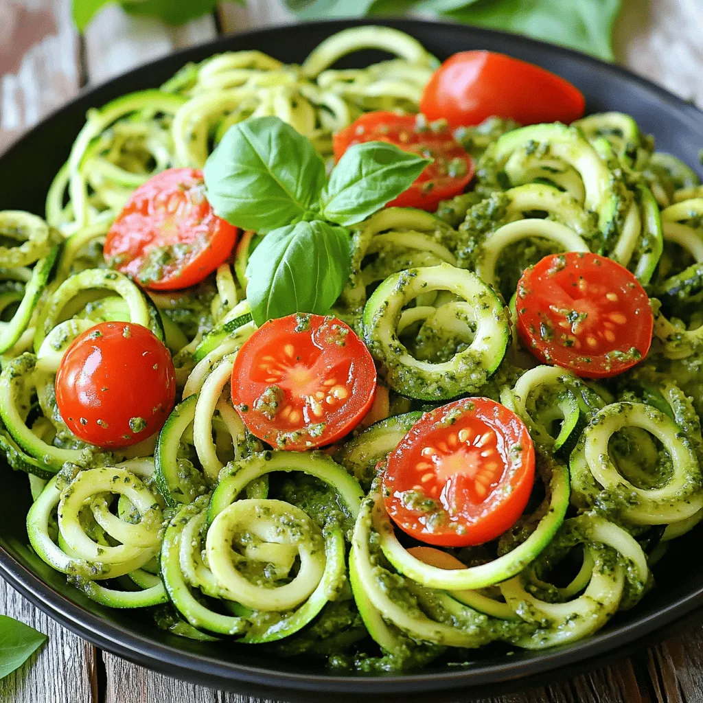 - 4 medium zucchinis, spiralized - 1 cup fresh basil leaves - 1/2 cup toasted pine nuts - 1/2 cup grated Parmesan cheese (or nutritional yeast) - 2 cloves garlic, minced - 1/2 cup extra virgin olive oil - Juice of 1 lemon - Salt and pepper to taste - Cherry tomatoes, halved - Fresh basil leaves When making zucchini noodles with pesto, you want fresh ingredients. The zucchinis should feel firm and smooth. Fresh basil gives the best flavor. Look for bright green leaves. Toasted pine nuts add a nice crunch. If you prefer a vegan option, use nutritional yeast instead of Parmesan. For the pantry staples, extra virgin olive oil is key. It adds richness to the dish. Fresh lemon juice brightens the flavors. Salt and pepper help bring everything together. Optional garnishes like cherry tomatoes add color and sweetness. Fresh basil leaves on top make the dish look beautiful. You can find the full recipe to guide you through each step. Enjoy creating this fresh and flavorful dish! To make the pesto, start by gathering your key ingredients. You need fresh basil leaves, toasted pine nuts, grated Parmesan cheese, minced garlic, lemon juice, and some salt and pepper. Place all these into a food processor. Next, blend the mixture until it is finely chopped. Keep blending until it becomes creamy. This process brings out the fresh flavors. Taste it. If you want more salt, add it now. This pesto will be the star of your dish. Now, let’s make the zucchini noodles. You can use a spiralizer or a julienne peeler. Both tools will give you nice noodle shapes. Make sure your zucchini is firm for the best results. As you spiralize, aim for a thickness you enjoy. Thin noodles cook faster, while thicker ones have a nice bite. Prepare enough to fill your plate. This step is fun, and the noodles look great! It’s time to cook your zoodles. Heat a tablespoon of olive oil in a skillet over medium heat. Once hot, add the zucchini noodles. Sauté them for just 2-3 minutes. You want them to be warm and slightly soft. Be careful not to overcook them. Overcooked zoodles become mushy, and that’s not what we want. Keep an eye on them, and stir gently. When done, they will still have a nice crunch. Now, you can combine the warm zoodles with your creamy pesto. Toss well until every noodle is coated. This step makes your dish come alive with flavor! Check out the [Full Recipe] for more details. For the best flavor, always choose ripe basil. Look for bright green leaves with no brown spots. Fresh basil gives your pesto a rich taste. Next, pick firm zucchinis. They should feel heavy and smooth. Avoid zucchinis with soft spots or wrinkles. To adjust your pesto, taste as you go. If it’s too thick, add more olive oil. You can also add a splash of lemon juice for brightness. If you have nut allergies, try sunflower seeds or pumpkin seeds. They blend well and give a nice crunch. To avoid overcooking zucchini noodles, heat them just until they soften. This takes about 2-3 minutes. If you cook them too long, they become mushy. Keep an eye on them as they cook. Stir gently to maintain their shape and texture. Enjoy your fresh dish! {{image_2}} To make a vegan version, swap the Parmesan cheese for nutritional yeast. Nutritional yeast gives the dish a cheesy flavor without using dairy. You can add 1/2 cup of nutritional yeast to the pesto mix. This keeps the meal creamy and delicious. Want to make this dish heartier? You can add grilled chicken or shrimp. Simply grill your protein of choice, slice it, and toss it with the zucchini noodles and pesto. For a plant-based option, consider adding chickpeas or tofu. Both of these options provide protein while keeping it meat-free. Get creative by mixing in more veggies. Bell peppers add a sweet crunch. Spinach brings extra nutrients and color. If you like a little heat, add some red pepper flakes. This will give your dish a spicy kick, making it even more exciting to eat. Explore these variations to find your favorite way to enjoy zucchini noodles with pesto. For the full recipe, check out the previous section! To keep leftover zucchini noodles fresh, place them in an airtight container. Make sure to cover them well to prevent drying out. Store them in the fridge for up to three days. After that, the texture can change, and they may become mushy. Can you freeze zoodles? Yes, you can freeze zucchini noodles, but it’s better to blanch them first. Bring a pot of water to a boil and cook the zoodles for two minutes. Then, plunge them into ice water to stop cooking. Drain and dry them before placing in freezer bags. For pesto, freeze in ice cube trays for easy use later. To reheat zucchini noodles without losing texture, avoid the microwave. Instead, heat them in a skillet over medium-low heat. Add a splash of olive oil and toss gently for two to three minutes. This method keeps them firm and tasty. For pesto, gently warm it on the stove or in the microwave in short bursts. This keeps it fresh and flavorful. Zucchini noodles, or zoodles, are thin strips made from zucchini. They serve as a low-carb pasta alternative. Zoodles are light, fresh, and packed with nutrients. They provide vitamins A and C, plus potassium. Using zucchini noodles can help you eat more veggies. They soak up flavors well, making them a great base for sauces like pesto. You can enjoy them raw or cooked, but don’t overdo it! Yes, you can prepare pesto a few days in advance. Keep it in an airtight container in the fridge. To prevent browning, drizzle a thin layer of olive oil on top. This keeps the color bright and fresh. If you want to store it longer, freeze the pesto. Ice cube trays work well. Once frozen, transfer the cubes to a bag. This way, you can use just what you need later. You can make zoodles without a spiralizer using simple tools. A vegetable peeler works great. Just peel thin strips from the zucchini. Another option is a box grater. Use the julienne side for thin noodles. You can also use a knife. Cut the zucchini into thin, long strips. All these methods give you delicious zoodles without extra gadgets. Enjoy your cooking! For the full recipe, check out the [Full Recipe]. You now have a great recipe for zucchinis and pesto. We covered key ingredients, cooking steps, and tips to make it a success. You can swap ingredients for your preferences, like using nutritional yeast instead of cheese. Keep your zoodles fresh or freeze leftovers for later. Enjoy cooking these healthy meals with ease. Dive in, have fun, and share this dish with friends!