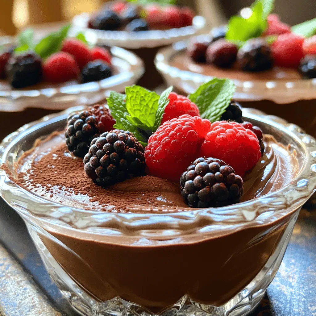 - 2 ripe avocados, peeled and pitted - 1/2 cup unsweetened cocoa powder - 1/2 cup maple syrup (or agave syrup) - 1/4 cup almond milk (or any milk of choice) - 1 teaspoon vanilla extract - A pinch of sea salt - Fresh berries and mint leaves for garnish When I make Chocolate Avocado Mousse, I love using ripe avocados. They add creaminess and healthy fats. The unsweetened cocoa powder gives rich chocolate flavor without the sugar. You can choose maple syrup or agave syrup for sweetness. A bit of almond milk makes the mousse smooth. If you prefer another milk, that works too. The vanilla extract enhances the taste. A tiny pinch of sea salt helps balance the flavors. Finally, I like to garnish with fresh berries and mint leaves. This adds color and freshness to the dish. - Calories per serving: Approximately 200 - Breakdown of macronutrients: 15g fat, 25g carbs, 3g protein - Health benefits of avocado and cocoa: Avocados are packed with good fats and fiber. They help keep you full and satisfied. Cocoa is full of antioxidants. It can boost your mood and heart health. Together, these ingredients make a dessert that feels good and tastes great. If you want to make this mousse, check out the Full Recipe for detailed steps. To make a great Chocolate Avocado Mousse, start with ripe avocados. Look for avocados that yield slightly when you press them. If they feel hard, they are not ready. Once you have ripe avocados, cut them in half. Remove the pit carefully with a spoon or knife. Then, scoop out the green flesh into your food processor. For a smooth mousse, add the ingredients in this order: first, the avocados, then the unsweetened cocoa powder, maple syrup, almond milk, and vanilla extract. This order helps blend everything evenly. Blend on high speed until the mixture is creamy. Stop to scrape the sides of the bowl to ensure all ingredients mix well. If you want it sweeter, you can add more maple syrup. Chilling the mousse is important. It allows the flavors to blend and the texture to set. Cover the mousse and refrigerate for at least 30 minutes. For serving, you can use bowls or glasses. Top each serving with fresh berries and a mint leaf for a pop of color. This will make your dessert look as good as it tastes. For the full recipe, check the recipe section above. - Over-blending or under-blending: You want a smooth texture. If you blend too long, it can become runny. If you don’t blend enough, you will have lumps. Blend just until creamy. - Using unripe avocados: Ripe avocados are key. If they are not ripe, the mousse will taste bitter and not creamy. Choose avocados that yield gently when pressed. - Suggestions for adjusting sweetness: Taste your mousse before serving. If it needs more sweetness, add a bit more maple syrup. Try adding a touch of honey for a different flavor. - Alternative milk options for different flavors: Almond milk is great, but you can use coconut milk for a tropical twist. Oat milk adds a creamy texture. Find what suits your taste. - How to garnish for an attractive dessert: Fresh berries on top add color and flavor. A sprig of mint makes it pop. You can also drizzle chocolate sauce for extra flair. - Choosing the right serving dishes: Small bowls or clear glasses work well. They show off the mousse's rich color. Choose dishes that fit your theme or occasion for added style. For the full recipe, check out the complete guide to making this delightful mousse. {{image_2}} You can make your mousse even tastier. Add peanut butter or any nut butter. This gives a rich, nutty flavor. Try mixing in different sweeteners. Honey or stevia work great. These changes can make the mousse fit your taste. Want it dairy-free or vegan? Just use almond milk or coconut milk instead of regular milk. This keeps it creamy without dairy. If you follow a low-carb diet, you can swap maple syrup for a low-carb sweetener. This keeps the mousse sweet without the extra carbs. Add seasonal fruits or spices for a twist. Fresh strawberries or raspberries can brighten the flavor. For fall, try adding a hint of cinnamon or nutmeg. You can also make it festive for holidays. Use peppermint extract for a minty touch during winter. Each change makes the mousse unique and fun. Check out the Full Recipe for extra tips and ideas! To keep your leftover mousse fresh, cover it well. You can use plastic wrap or a lid. Place it in the fridge immediately after serving. This way, it stays cool and tasty. Use glass or plastic containers with tight seals. They help keep air out. Chocolate Avocado Mousse lasts about three days in the fridge. After that, it may lose some taste and texture. You can freeze the mousse, but it can change the texture. When thawed, it may become grainy. If you do freeze it, store it in an airtight container. Enjoy it within a month for the best flavor. For the full recipe, check above. Yes, you can use other sweeteners. Some good options include: - Honey - Agave syrup - Coconut sugar - Stevia Each sweetener has a unique taste. Honey adds floral notes, while agave is milder. Coconut sugar has a caramel flavor, and stevia is very sweet. Adjust the amount based on your taste. You may need to experiment a little to find your favorite blend. Absolutely! Chocolate avocado mousse is a healthy dessert. - Avocados pack healthy fats, which are good for your heart. - Cocoa contains antioxidants that help fight free radicals. - Maple syrup adds natural sweetness without refined sugar. This dessert is rich in nutrients, making it a guilt-free treat. Plus, it’s low in carbs and full of fiber. Enjoying this mousse means you can have dessert without the worry. You can prepare the mousse a day in advance. It keeps well in the fridge for up to three days. Just cover it tightly to prevent it from absorbing odors. If you plan to serve it later, consider chilling it for at least 30 minutes before serving. This helps the flavors meld together nicely. When you’re ready, simply add your fresh berries and mint leaves for a delightful finish. For the full recipe, you can check the recipe section above. In this blog post, we explored how to make a tasty chocolate avocado mousse. We covered selecting ripe avocados, blending ingredients, and chilling for the best texture. I shared tips to avoid common mistakes and offered ways to tweak flavors to fit your taste. Remember, this dessert can be stored properly for future enjoyment. It’s simple, healthy, and perfect for any occasion. Enjoy creating your own delicious versions of this mousse!