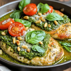 To make basil pesto chicken, gather these key items: - 4 chicken breasts (boneless, skinless) - 1 cup fresh basil leaves - 1/2 cup pine nuts (toasted) - 1/2 cup grated Parmesan cheese - 3 cloves garlic, minced - 1/2 cup extra virgin olive oil - Salt and pepper to taste - Juice of one lemon These ingredients create a rich and vibrant dish. The basil offers a fresh taste, while the Parmesan adds a nice depth. You can enhance your dish with these optional items: - 1 cup cherry tomatoes, halved (for garnish) - Fresh basil leaves, for garnish Garnishing with cherry tomatoes brightens the plate. Fresh basil leaves add even more fragrance. If you don’t have a specific ingredient, here are some great swaps: - Use walnuts instead of pine nuts for a different nutty flavor. - Swap Parmesan cheese with Pecorino Romano for a bolder taste. - Olive oil can be replaced with avocado oil for a lighter option. These substitutions keep the dish tasty and fun. You can adjust based on what you like or have at home. For the full recipe, check out the instructions above. To make basil pesto, gather fresh basil leaves, toasted pine nuts, Parmesan cheese, and garlic. Add these to a food processor. Pulse until finely chopped. Next, with the processor running, slowly drizzle in olive oil. This helps the pesto become smooth and creamy. Scrape down the sides as needed. Finally, add salt, pepper, and lemon juice to taste. Set your fresh pesto aside for later use. Prepare your chicken breasts by preheating the oven to 375°F (190°C). Pat the chicken dry with paper towels. This helps to get a nice sear. Season both sides with salt and pepper. Make sure to cover the chicken evenly. This step brings out the natural flavor of the meat. Heat a large oven-safe skillet over medium-high heat. Add a splash of olive oil to the pan. Once hot, add the seasoned chicken breasts. Sear each side for about 5 minutes, until golden brown. This locks in the juices. After browning, remove the skillet from heat. Spread a generous amount of basil pesto on each chicken breast. Transfer the skillet to the preheated oven. Bake for 20-25 minutes. Check that the chicken reaches an internal temperature of 165°F (74°C). When done, take it out and let it rest. Garnish with halved cherry tomatoes and fresh basil leaves before serving. You can find the full recipe [here]. To make great pesto, choose fresh basil. The brighter the green, the better the flavor. Use toasted pine nuts for a rich taste. Blend the nuts and basil first. This helps break them down well. Add garlic for a kick. Pour in olive oil slowly. This keeps your pesto smooth. Taste and adjust with salt, pepper, and lemon juice. Remember, you want a bold flavor that shines. To keep chicken juicy, watch the cooking time closely. Sear chicken breasts for just five minutes on each side. This gives a nice golden crust. Use a meat thermometer. Insert it into the thickest part. When it hits 165°F (74°C), your chicken is done. Let the chicken rest for a few minutes after baking. This helps the juices settle, making each bite tender. Make your dish look appetizing. Start with the chicken on a clean plate. Add a generous spoonful of pesto on top. Sprinkle halved cherry tomatoes around the chicken for color. Finish with fresh basil leaves for a pop of green. This not only looks great but adds extra flavor too. For a fun touch, serve with crusty bread or a light salad. Enjoy the beautiful meal you created! {{image_2}} You can play with your pesto to fit your taste. Instead of pine nuts, try walnuts or almonds for a different crunch. If you want a nut-free option, use sunflower seeds. You can mix in spinach or arugula with your basil for extra greens. For a twist, add sun-dried tomatoes for a rich flavor. Experiment with different cheeses too, like feta or goat cheese. Baking is great, but you can grill or pan-sear your chicken. Grilling adds a smoky taste that pairs well with pesto. If you choose to grill, marinate the chicken in pesto for a few hours for deeper flavor. For a quick method, you can also sauté the chicken in a skillet until cooked through. Each method gives you a unique flavor and texture. Basil pesto chicken shines with simple sides. Serve it with roasted vegetables like zucchini and bell peppers. A fresh salad with mixed greens and cherry tomatoes complements the dish well. For a heartier meal, pair it with pasta tossed in olive oil and garlic. You can even enjoy it with warm, crusty bread for a satisfying dinner. For the full recipe, check out the detailed instructions shared earlier. To store leftover Basil Pesto Chicken, let it cool first. Place the chicken in an airtight container. Cover it tightly and keep it in the fridge. This will keep the chicken fresh for up to three days. If you want to save it longer, consider freezing. You can freeze both the pesto and chicken. For the pesto, pour it into an ice cube tray. Once frozen, transfer the cubes to a zip-top bag. This way, you can use small amounts later. For the chicken, wrap each piece in plastic wrap before putting it in a freezer bag. It will last up to three months in the freezer. To reheat the chicken, take it out of the fridge or freezer. If frozen, let it thaw overnight in the fridge. Heat the oven to 350°F (175°C). Place the chicken in a baking dish and cover it with foil. Bake for about 20 minutes until warmed through. For the best taste, add fresh pesto on top just before serving. Enjoy your flavorsome meal from the Full Recipe! Yes, you can use store-bought pesto. It saves time and still tastes good. Just choose a brand with fresh ingredients. For the best flavor, look for a pesto that uses real basil and olive oil. Store-bought pesto works well when you are short on time. Still, making your own is easy and tasty. Boneless, skinless chicken breasts are the best choice. They cook evenly and stay tender. You can also use chicken thighs if you prefer more flavor. Thighs have more fat, which adds juiciness. Both options work with the basil pesto, so pick what you like. You can check the chicken’s internal temperature. Use a meat thermometer; it should read 165°F (74°C). If you don’t have a thermometer, cut into the thickest part. The meat should be white, not pink. This recipe ensures the chicken cooks well with the pesto. Enjoy your meal! Basil pesto chicken is easy and tasty. We covered all the key steps, from picking ingredients to cooking methods. Remember, fresh basil and the right chicken make a big difference. Use good storage tips to keep leftovers fresh. Experiment with flavors by trying different ingredients and serving ideas. Enjoy your creation and impress your friends and family with this simple yet delicious dish!