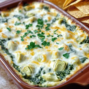 To create the perfect creamy spinach and artichoke dip, you need a few simple ingredients. Each one adds unique flavor and texture. Here’s what you will need: - 1 cup fresh spinach, chopped - 1 cup canned artichoke hearts, drained and chopped - 1/2 cup cream cheese, softened - 1/2 cup sour cream - 1/2 cup mayonnaise - 1 cup shredded mozzarella cheese, divided - 1/4 cup grated Parmesan cheese - 2 cloves garlic, minced - 1/4 teaspoon red pepper flakes (optional for heat) - Salt and pepper to taste - Fresh parsley, chopped for garnish These ingredients blend together to create a rich and creamy dip. The artichokes give a nice bite, while the spinach adds freshness. The cheeses melt into a gooey goodness that makes this dip a hit. You can find the full recipe for this delightful dish in the Full Recipe section. 1. Preheat oven and mix base ingredients: Start by preheating your oven to 375°F (190°C). In a mixing bowl, combine 1/2 cup cream cheese, 1/2 cup sour cream, and 1/2 cup mayonnaise. You want this mixture to be creamy and smooth. 2. Incorporate remaining ingredients: Next, stir in 1 cup of chopped spinach, 1 cup of drained and chopped artichoke hearts, and 2 minced garlic cloves. Add half of the 1 cup of shredded mozzarella cheese, 1/4 cup grated Parmesan cheese, and season with salt, pepper, and optional red pepper flakes. Mix until everything is well blended. 3. Transfer and bake the mixture: Pour the mixture into a baking dish. Spread it evenly and top with the remaining mozzarella cheese. Bake for 20-25 minutes. Look for a golden, bubbling dip. - Oven baking method: This is the classic way to make creamy spinach and artichoke dip. It gives the dip a rich, warm texture and a nice golden crust. - Stovetop variation: If you're short on time, you can cook the dip on the stovetop. Simply mix all ingredients in a skillet over low heat. Stir until melted and creamy. - Slow cooker instructions: For a party, consider using a slow cooker. Combine all ingredients in the slow cooker. Cook on low for 2-3 hours. This method keeps the dip warm and ready to serve. Remember to check the [Full Recipe] for more details and tips! To get that perfect creamy texture, you need to pick the right cheeses. I love using cream cheese, sour cream, and mozzarella. Cream cheese gives a rich base, while mozzarella adds a lovely stretch. You can also switch things up by trying ricotta or goat cheese for a different taste. If you want to skip cream cheese, consider using Greek yogurt. It adds creaminess and a bit of tang. Adding herbs and spices can really boost the flavor of your dip. Fresh garlic adds a nice punch. You can also try adding a pinch of cayenne pepper for a kick. For a herby twist, mix in some chopped basil or oregano. You can also add optional ingredients like diced jalapeños or cooked bacon. Each choice adds a unique touch to your dip. You can make this dip ahead for easy hosting. To freeze it, prepare the dip and place it in an airtight container. When you’re ready to serve, just thaw it in the fridge overnight. Bake it as usual for a warm, creamy treat. If you want to prep early but not freeze, mix everything and keep it in the fridge. Just bake it right before your guests arrive. This way, you’ll have more time to enjoy the party. For the complete recipe, check the Full Recipe section. {{image_2}} You can make this dip fit different diets. For a gluten-free option, just use gluten-free chips or bread for dipping. The dip itself is naturally gluten-free. If you want a vegan version, swap the cream cheese, sour cream, and mayonnaise for plant-based alternatives. Use cashew cream or tofu for the creamy base. Also, choose a vegan mozzarella cheese. These changes keep the dip creamy and delicious. You can play around with the cheeses in this dip. Try using gouda or cheddar for a new flavor. Mixing different cheeses can create a rich taste. You can also add more veggies. Consider bell peppers, mushrooms, or kale. These vegetables add color and nutrition. They will also blend well with the spinach and artichokes. If you want to add some meat, cooked chicken or bacon works great. These ingredients add a savory touch to the dip. For spice lovers, mix in some diced jalapeños or extra red pepper flakes. This will give the dip a nice kick. You can adjust the heat to your liking. For the full recipe, check out the Creamy Spinach and Artichoke Dip. After you enjoy the dip, store any leftovers in the fridge. Use an airtight container. This keeps the dip fresh for up to three days. If you want to save it longer, freezing is a great option. To freeze, place the dip in a freezer-safe container. Leave some space at the top for expansion. You can freeze it for up to three months. When you’re ready to eat, thaw it in the fridge overnight before reheating. To reheat your dip without drying it out, use the oven for best results. Preheat the oven to 350°F (175°C). Place the dip in an oven-safe dish. Cover it with foil to keep it moist. Heat for about 15-20 minutes or until warm. If you’re in a hurry, you can use the microwave. Place the dip in a microwave-safe bowl. Heat it in 30-second intervals, stirring between each. This helps heat it evenly and keeps it creamy. For a delicious treat, enjoy your creamy spinach and artichoke dip warm with chips or veggies. For the full recipe, check the earlier section. You can serve this dip with many tasty dippers. Here are some great options: - Tortilla chips - Pita bread - Sliced veggies like carrots, celery, or bell peppers - Breadsticks - Crackers These dippers add crunch and fun. You can mix and match based on what you like. Yes, you can prepare this dip ahead. Here’s how: - Make the dip mix and put it in a baking dish. - Cover it and store in the fridge for up to two days. - When ready, just bake it as directed in the Full Recipe. This makes it easy for parties or gatherings. You’ll know the dip is done when it looks bubbly and golden. Look for these signs: - The cheese on top should be melted and slightly browned. - The edges may bubble, showing it’s hot inside. Let it cool a little before serving. This dip can be a bit rich, but you can make it healthier. Here are some tips: - Use low-fat cream cheese or Greek yogurt instead of sour cream. - Add more spinach for extra nutrients. - Use less cheese to cut down on calories. These small changes can help make it lighter while keeping the flavor. This blog post outlined a delicious Creamy Spinach and Artichoke Dip. We covered key ingredients, step-by-step cooking methods, and helpful tips for flavor and storage. Whether you make it creamy, spicy, or healthy, there’s a version for everyone. Don't forget to try different cheeses or serve it with your favorite dippers. Enjoy this dip at your next gathering or simply as a tasty snack. With all these options, you can create something special every time. Happy cooking!
