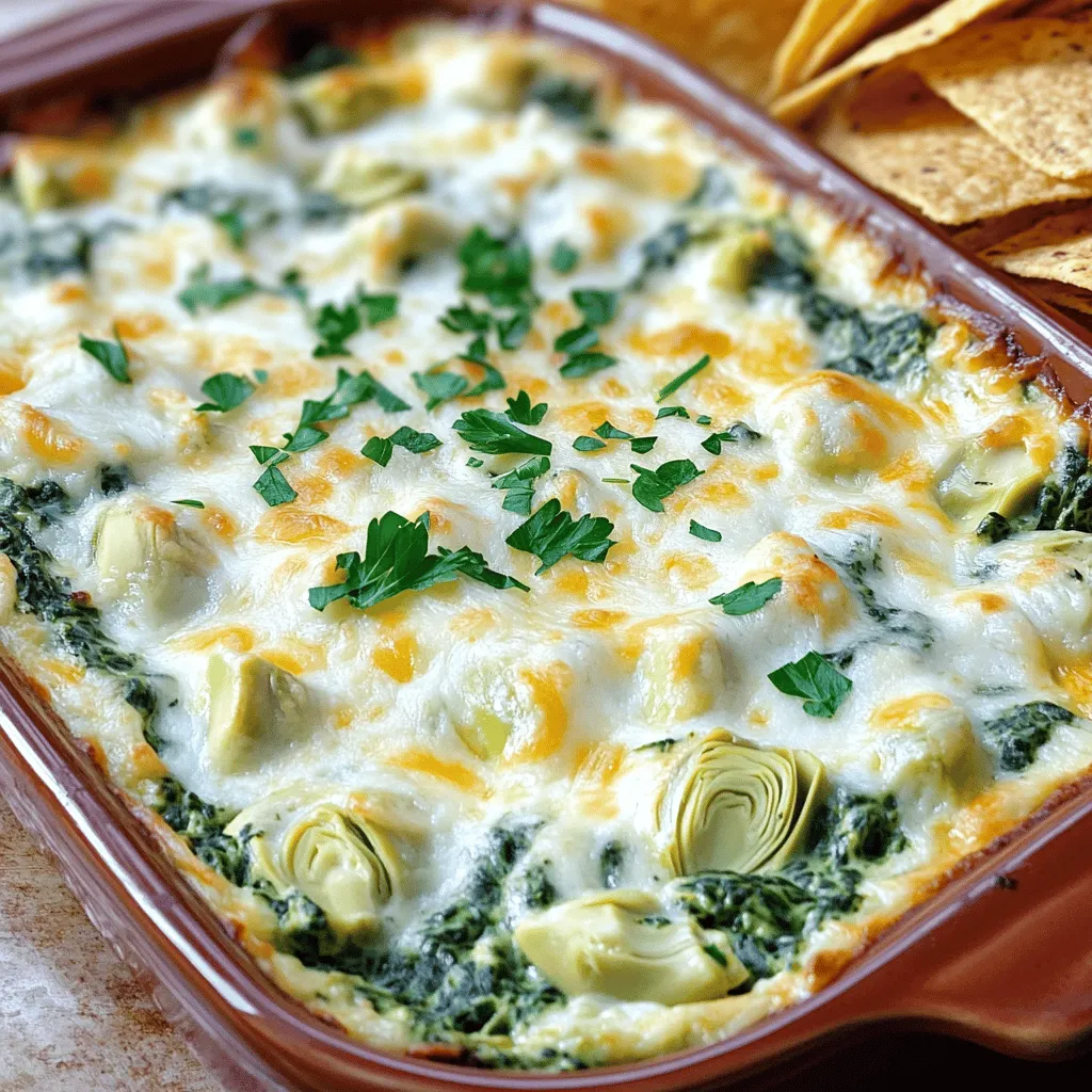 To create the perfect creamy spinach and artichoke dip, you need a few simple ingredients. Each one adds unique flavor and texture. Here’s what you will need: - 1 cup fresh spinach, chopped - 1 cup canned artichoke hearts, drained and chopped - 1/2 cup cream cheese, softened - 1/2 cup sour cream - 1/2 cup mayonnaise - 1 cup shredded mozzarella cheese, divided - 1/4 cup grated Parmesan cheese - 2 cloves garlic, minced - 1/4 teaspoon red pepper flakes (optional for heat) - Salt and pepper to taste - Fresh parsley, chopped for garnish These ingredients blend together to create a rich and creamy dip. The artichokes give a nice bite, while the spinach adds freshness. The cheeses melt into a gooey goodness that makes this dip a hit. You can find the full recipe for this delightful dish in the Full Recipe section. 1. Preheat oven and mix base ingredients: Start by preheating your oven to 375°F (190°C). In a mixing bowl, combine 1/2 cup cream cheese, 1/2 cup sour cream, and 1/2 cup mayonnaise. You want this mixture to be creamy and smooth. 2. Incorporate remaining ingredients: Next, stir in 1 cup of chopped spinach, 1 cup of drained and chopped artichoke hearts, and 2 minced garlic cloves. Add half of the 1 cup of shredded mozzarella cheese, 1/4 cup grated Parmesan cheese, and season with salt, pepper, and optional red pepper flakes. Mix until everything is well blended. 3. Transfer and bake the mixture: Pour the mixture into a baking dish. Spread it evenly and top with the remaining mozzarella cheese. Bake for 20-25 minutes. Look for a golden, bubbling dip. - Oven baking method: This is the classic way to make creamy spinach and artichoke dip. It gives the dip a rich, warm texture and a nice golden crust. - Stovetop variation: If you're short on time, you can cook the dip on the stovetop. Simply mix all ingredients in a skillet over low heat. Stir until melted and creamy. - Slow cooker instructions: For a party, consider using a slow cooker. Combine all ingredients in the slow cooker. Cook on low for 2-3 hours. This method keeps the dip warm and ready to serve. Remember to check the [Full Recipe] for more details and tips! To get that perfect creamy texture, you need to pick the right cheeses. I love using cream cheese, sour cream, and mozzarella. Cream cheese gives a rich base, while mozzarella adds a lovely stretch. You can also switch things up by trying ricotta or goat cheese for a different taste. If you want to skip cream cheese, consider using Greek yogurt. It adds creaminess and a bit of tang. Adding herbs and spices can really boost the flavor of your dip. Fresh garlic adds a nice punch. You can also try adding a pinch of cayenne pepper for a kick. For a herby twist, mix in some chopped basil or oregano. You can also add optional ingredients like diced jalapeños or cooked bacon. Each choice adds a unique touch to your dip. You can make this dip ahead for easy hosting. To freeze it, prepare the dip and place it in an airtight container. When you’re ready to serve, just thaw it in the fridge overnight. Bake it as usual for a warm, creamy treat. If you want to prep early but not freeze, mix everything and keep it in the fridge. Just bake it right before your guests arrive. This way, you’ll have more time to enjoy the party. For the complete recipe, check the Full Recipe section. {{image_2}} You can make this dip fit different diets. For a gluten-free option, just use gluten-free chips or bread for dipping. The dip itself is naturally gluten-free. If you want a vegan version, swap the cream cheese, sour cream, and mayonnaise for plant-based alternatives. Use cashew cream or tofu for the creamy base. Also, choose a vegan mozzarella cheese. These changes keep the dip creamy and delicious. You can play around with the cheeses in this dip. Try using gouda or cheddar for a new flavor. Mixing different cheeses can create a rich taste. You can also add more veggies. Consider bell peppers, mushrooms, or kale. These vegetables add color and nutrition. They will also blend well with the spinach and artichokes. If you want to add some meat, cooked chicken or bacon works great. These ingredients add a savory touch to the dip. For spice lovers, mix in some diced jalapeños or extra red pepper flakes. This will give the dip a nice kick. You can adjust the heat to your liking. For the full recipe, check out the Creamy Spinach and Artichoke Dip. After you enjoy the dip, store any leftovers in the fridge. Use an airtight container. This keeps the dip fresh for up to three days. If you want to save it longer, freezing is a great option. To freeze, place the dip in a freezer-safe container. Leave some space at the top for expansion. You can freeze it for up to three months. When you’re ready to eat, thaw it in the fridge overnight before reheating. To reheat your dip without drying it out, use the oven for best results. Preheat the oven to 350°F (175°C). Place the dip in an oven-safe dish. Cover it with foil to keep it moist. Heat for about 15-20 minutes or until warm. If you’re in a hurry, you can use the microwave. Place the dip in a microwave-safe bowl. Heat it in 30-second intervals, stirring between each. This helps heat it evenly and keeps it creamy. For a delicious treat, enjoy your creamy spinach and artichoke dip warm with chips or veggies. For the full recipe, check the earlier section. You can serve this dip with many tasty dippers. Here are some great options: - Tortilla chips - Pita bread - Sliced veggies like carrots, celery, or bell peppers - Breadsticks - Crackers These dippers add crunch and fun. You can mix and match based on what you like. Yes, you can prepare this dip ahead. Here’s how: - Make the dip mix and put it in a baking dish. - Cover it and store in the fridge for up to two days. - When ready, just bake it as directed in the Full Recipe. This makes it easy for parties or gatherings. You’ll know the dip is done when it looks bubbly and golden. Look for these signs: - The cheese on top should be melted and slightly browned. - The edges may bubble, showing it’s hot inside. Let it cool a little before serving. This dip can be a bit rich, but you can make it healthier. Here are some tips: - Use low-fat cream cheese or Greek yogurt instead of sour cream. - Add more spinach for extra nutrients. - Use less cheese to cut down on calories. These small changes can help make it lighter while keeping the flavor. This blog post outlined a delicious Creamy Spinach and Artichoke Dip. We covered key ingredients, step-by-step cooking methods, and helpful tips for flavor and storage. Whether you make it creamy, spicy, or healthy, there’s a version for everyone. Don't forget to try different cheeses or serve it with your favorite dippers. Enjoy this dip at your next gathering or simply as a tasty snack. With all these options, you can create something special every time. Happy cooking!