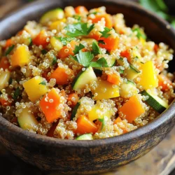 To make a delicious Quinoa Vegetable Pilaf, gather these simple ingredients: - 1 cup quinoa, rinsed - 2 cups vegetable broth - 1 medium onion, diced - 2 garlic cloves, minced - 1 medium carrot, diced - 1 bell pepper (any color), diced - 1 zucchini, diced - 1 cup frozen peas - 1 teaspoon cumin - 1 teaspoon turmeric - 2 tablespoons olive oil - Salt and pepper to taste - Fresh parsley, chopped (for garnish) This list includes wholesome items. Quinoa is a protein powerhouse. The vegetables provide color and crunch. Spices add depth and warmth. Olive oil gives a rich flavor, while parsley brightens the dish. For the full recipe, check the section above. 1. First, boil the vegetable broth in a medium saucepan. 2. Rinse the quinoa under cold water to remove its natural coating. 3. Add the rinsed quinoa to the boiling broth. 4. Cover the pot, reduce the heat, and simmer for 15 minutes. 5. Once done, fluff the quinoa with a fork and set it aside. 1. In a large skillet, heat the olive oil over medium heat. 2. Add the diced onion. Cook for 3 to 4 minutes until it turns translucent. 3. Stir in the minced garlic and cook for one more minute. 4. Next, add the diced carrot, bell pepper, and zucchini to the skillet. 5. Cook the veggies for 5 to 6 minutes. Stir occasionally until they become tender. 1. Sprinkle in the cumin, turmeric, salt, and pepper. Mix well to blend the spices. 2. Once the veggies are ready, add the frozen peas and cooked quinoa to the skillet. 3. Stir gently to combine all the ingredients. Heat for another 2 to 3 minutes. 4. Taste the pilaf and adjust the seasoning if needed. 5. Garnish with fresh chopped parsley before serving. You can find the full recipe details in the [Full Recipe]. - Rinsing quinoa properly: Rinse quinoa under cold water before cooking. This step removes the natural coating, called saponin, which can make quinoa taste bitter. Use a fine mesh strainer for the best results. - Adjusting water ratio: The water-to-quinoa ratio is key. Use 2 cups of liquid for every cup of quinoa. This helps achieve a fluffy texture. Too much water can make it mushy, so stick to the right measure. - Suggestions for additional spices: Spice it up! Add a pinch of smoked paprika or a dash of cayenne for a kick. You can also try a sprinkle of coriander for a fresh twist. - Using fresh herbs: Fresh herbs can brighten the dish. Add chopped cilantro, basil, or dill right before serving. It will enhance the meal with vibrant flavors. - Variations on sautéing methods: You can use a wok for an even cooking process. The high sides help toss the ingredients well. This method allows flavors to mix and develop nicely. - Alternative cooking equipment: If you have a rice cooker, use it! Just follow the same water-to-quinoa ratio. It makes cooking easy and hassle-free. Just set it and forget it until it’s done. These tips will help you create a quinoa vegetable pilaf that is not only tasty but also packed with nutrients. For the full recipe, check out the Quinoa Veggie Delight Pilaf 🥗 section. {{image_2}} You can make this pilaf vegan by choosing non-dairy alternatives for garnish. Use avocado or nuts like almonds for a creamy touch. If you want more protein, add beans or tofu. Both options work great and keep the dish hearty. You don't have to stick with quinoa. Try brown rice or couscous instead. Both grains add a nice twist to the dish. You can also blend quinoa with other grains for texture. Mixing gives a unique bite and makes it more interesting. Choosing the right vegetables can enhance your pilaf. In spring, use asparagus and peas. Summer's best options include zucchini and bell peppers. For fall, think about squash and carrots. You can use frozen veggies too. They work well and save time, but fresh offers the best flavor. For the complete dish, refer to the Full Recipe. To keep your quinoa vegetable pilaf fresh, use airtight containers. Glass or plastic containers work well. Make sure to let the pilaf cool before sealing. This helps prevent moisture buildup. Store in the fridge for up to five days. Label your containers with the date to keep track. For longer storage, freezing is a great option. Place the pilaf in freezer-safe bags or containers. Remove as much air as possible to prevent freezer burn. You can freeze it for up to three months. When you're ready to eat, thaw the pilaf in the fridge overnight. This keeps it safe and tasty. To reheat your pilaf, you have several options. You can use the microwave, stovetop, or oven. For the microwave, place it in a bowl and cover it. Heat on medium for 1-2 minutes. For stovetop, add a splash of broth and heat in a pan. Stir often to avoid sticking. If using the oven, cover it with foil and heat at 350°F for about 15 minutes. These methods help keep the flavor and texture intact. Enjoy your meal! Quinoa is a tiny seed that acts like a grain. It is rich in protein and fiber. Quinoa has all nine essential amino acids. This makes it a complete protein source. Other grains, like rice, lack some amino acids. Quinoa also contains many vitamins and minerals, such as magnesium and iron. It is gluten-free, making it safe for those with gluten allergies. To make your pilaf more filling, add beans or chickpeas. They provide extra protein and fiber. Nuts and seeds can also add healthy fats. Try adding avocado on the side for creaminess. Serve the pilaf with a salad or roasted vegetables for balance. This way, you create a hearty meal. One common mistake is not rinsing quinoa. Rinsing removes a bitter coating called saponin. Another mistake is cooking it with too little water. Always use a 2-to-1 ratio of water to quinoa. If your quinoa ends up mushy, you may have overcooked it. To fix overcooked quinoa, try adding it to a salad or stir-fry. For the full recipe, check out the Quinoa Veggie Delight Pilaf. This blog post offers a detailed guide to making quinoa vegetable pilaf. You learned about the key ingredients, step-by-step cooking methods, and storage tips. I shared useful tricks to enhance flavor and suggested variations for personalizing your dish. Remember, cooking quinoa can be simple and rewarding. With fresh ingredients and a few techniques, you can create a healthy meal. I hope you feel inspired to try this recipe and make it your own!