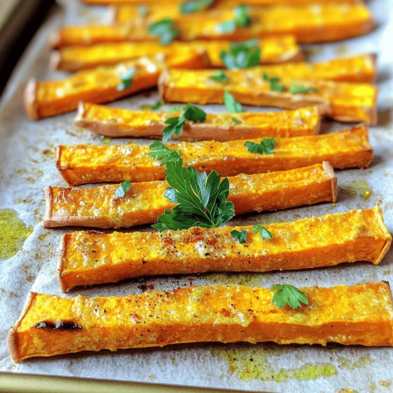 To make baked sweet potato fries, you will need: - 2 large sweet potatoes, peeled and cut into thin fries - 3 tablespoons olive oil - 1 teaspoon paprika - 1/2 teaspoon garlic powder - 1/2 teaspoon onion powder - 1/2 teaspoon cayenne pepper (optional) - Salt and pepper to taste - Fresh parsley, chopped (for garnish) You should gather these tools before you start: - A sharp knife for cutting - A large mixing bowl for tossing - A baking sheet lined with parchment paper - A spatula for flipping fries If you want to spice things up, consider these options: - A pinch of cumin for warmth - A drizzle of honey for sweetness - Fresh herbs like rosemary or thyme for added aroma These ingredients and tools make the process easy and fun. I love using fresh ingredients, as they bring out the sweet potato's natural flavor. Don't forget, the key to great fries is in the seasoning! For the full recipe, check out the list above. Start by peeling your sweet potatoes. Use a sharp peeler for ease. Once peeled, cut them into thin fries. Aim for uniform sizes to ensure even cooking. Thin fries cook faster and become crispier. Place the cut fries in a bowl with cold water. Let them soak for about 30 minutes. This step helps remove extra starch and makes frying crispier. After soaking, drain the fries and pat them dry with a towel. This removes excess moisture, which is key to crispiness. In a large mixing bowl, toss the dry fries with olive oil. Use about three tablespoons. This helps the seasoning stick and adds flavor. Next, add your spices: one teaspoon of paprika, half a teaspoon of garlic powder, half a teaspoon of onion powder, and salt and pepper to taste. If you like some heat, you can add half a teaspoon of cayenne pepper. Mix everything well. Make sure every fry is coated. This is where the magic happens, so don’t rush! Preheat your oven to 425°F (220°C). Line a baking sheet with parchment paper. Spread the seasoned fries in a single layer. Avoid overcrowding the fries; give them room to breathe. Bake in the oven for 20 to 25 minutes. Flip them halfway through for even cooking. Look for that golden brown color. If you want them extra crispy, you can bake a few minutes longer. Once done, take them out and let them cool for a few minutes. Garnish with fresh parsley for a pop of color. Enjoy your baked sweet potato fries as a tasty snack! For the full recipe, see above. When you cut sweet potatoes, aim for even pieces. This helps them cook well. Use a sharp knife for clean cuts. First, slice off the ends. Then, cut the potato in half lengthwise. After that, cut each half into long strips. Keep the fries thin for crispiness. Aim for about 1/4 inch thick. Uniform pieces mean they will bake evenly. To get those perfect crispy fries, follow a few key steps. First, soak the cut fries in cold water for 30 minutes. This removes excess starch, which helps them crisp up. After soaking, drain and pat them dry with a towel. Next, toss the fries in olive oil. Make sure each piece is coated well. Spread them out on a baking sheet without crowding. This allows heat to circulate. Bake at 425°F for 20-25 minutes. Flip them halfway through for even browning. While paprika and garlic powder are great, don’t stop there! Try different spices to mix it up. For a sweet twist, sprinkle cinnamon and a bit of brown sugar. If you like heat, add chili powder or cayenne pepper. You can also use dried herbs like rosemary or thyme for a fresh taste. Experiment with flavors to find your favorite combo. These simple changes can make your baked sweet potato fries exciting every time. {{image_2}} You can change up your sweet potato fries by adding different herbs. Fresh herbs like rosemary, thyme, or oregano give a nice twist. Just chop them finely and mix them into the fries with olive oil. This adds flavor and a lovely aroma. You can also try dried herbs if fresh ones are not available. Thyme works well, and so does sage. Each herb brings its unique taste to the dish. If you love heat, try making spicy sweet potato fries. Use cayenne pepper for a kick, or add chili powder for a different spice level. For more depth, mix in some cumin. You can also add hot sauce right before serving for extra flavor. This will make your fries stand out even more. Remember to balance the spice with a bit of sweetness from the potatoes. Both the oven and air fryer work well for making sweet potato fries. The oven gives you a classic baked texture. It’s great for a larger batch. Preheat it to 425°F and bake for 20-25 minutes. The air fryer cooks faster and makes fries extra crispy. Set it to 400°F and cook for about 15 minutes. Whichever method you choose, ensure the fries are in a single layer for the best results. For the complete recipe, check out the Full Recipe section above. To store leftover sweet potato fries, let them cool first. Then, place them in an airtight container. You can keep them in the fridge for up to three days. Make sure to separate layers with parchment paper to avoid sticking. For reheating, the oven works best. Preheat your oven to 400°F (200°C). Spread the fries on a baking sheet. Bake for about 10-15 minutes until they are hot and crisp again. You can also reheat them in an air fryer at 380°F (193°C) for 5-7 minutes. This helps keep the fries crispy. You can freeze sweet potato fries for later use. After cooking, let them cool completely. Place them in a single layer on a baking sheet and freeze for an hour. Once frozen, transfer them to a freezer bag. They can last up to three months in the freezer. When you want to cook them, you can bake them directly from frozen, just add a few extra minutes to the baking time. For the full recipe, check out the earlier section. To make baked sweet potato fries healthier, you can reduce the oil. Use just two tablespoons instead of three. You can also skip the salt and rely on herbs for flavor. Try using garlic powder or herbs like rosemary for taste without added sodium. Adding a sprinkle of nutritional yeast can give a cheesy flavor without extra calories. Yes, you can use other potatoes. Russet potatoes are a great choice. They will give you a nice crisp texture. Yukon Gold potatoes also work well and have a buttery taste. Just keep in mind that cooking times may vary slightly based on the type of potato you use. Baked sweet potato fries pair well with many dips. You can serve them with ketchup or a spicy mayo. A yogurt-based dip adds a creamy touch. They also go great with grilled chicken or fish. You can even toss them on a salad for extra crunch. For the full recipe, check out the earlier section! This blog post covered how to make tasty baked sweet potato fries. You learned about the key ingredients and tools needed, along with simple steps to prep and bake the fries. We shared tips for cutting, seasoning, and achieving a crispy texture. Unique variations and storage info were also included to help you get the most out of your fries. Remember, these fries are fun to make and enjoy. Try out different flavors and methods to find your favorite!