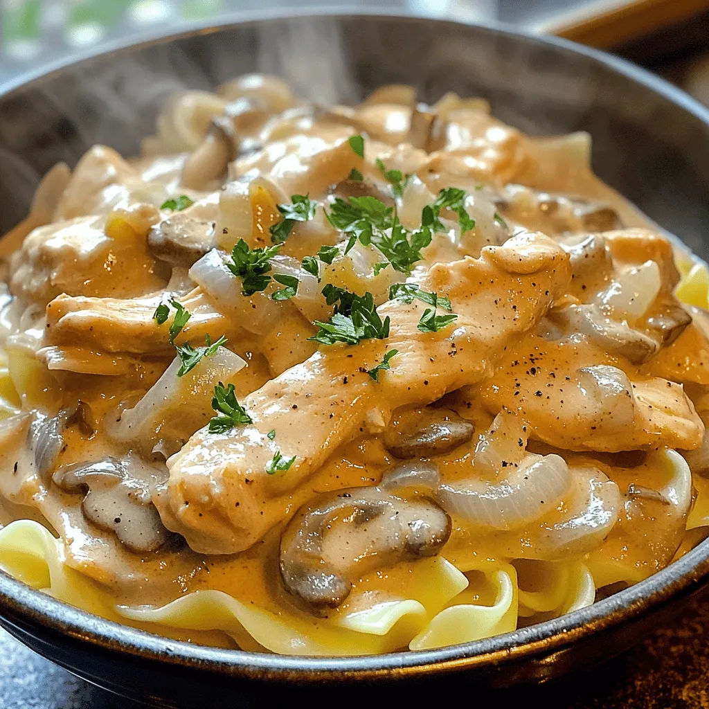 To make homemade chicken stroganoff, gather these simple ingredients: - 500g boneless chicken breasts, sliced into strips - 2 tablespoons olive oil - 1 onion, finely chopped - 3 cloves garlic, minced - 250g mushrooms, sliced - 1 tablespoon Worcestershire sauce (optional) - 1 teaspoon dried thyme - 1 cup chicken broth - 1 cup sour cream - 2 tablespoons all-purpose flour - Salt and pepper to taste - Fresh parsley, chopped (for garnish) - Cooked egg noodles or rice, for serving You can swap some ingredients for what you have at home. - Use chicken thighs if you prefer dark meat. - Substitute vegetable broth for chicken broth for a lighter flavor. - Greek yogurt can replace sour cream for a healthier option. - If you need gluten-free, use a gluten-free flour blend. - Any fresh herb, like dill or basil, can work as a garnish. Having the right tools makes the cooking process easier. - A large skillet helps you cook everything evenly. - A wooden spoon or spatula is great for stirring. - A sharp knife is key for slicing the chicken and veggies. - Measuring cups and spoons ensure you get the amounts right. - A cutting board keeps your workspace tidy. - Bowls for prep will keep your ingredients organized. This recipe is a breeze with these tools and ingredients at hand! For the full recipe, check the details above. First, gather your chicken and slice it into strips. This helps it cook evenly. Heat two tablespoons of olive oil in a large skillet over medium heat. Add the chicken strips and cook for about 5-7 minutes. Stir until they turn golden brown and are fully cooked. Remove the chicken from the skillet and set it aside on a plate. In the same skillet, add a little more olive oil if needed. Add one finely chopped onion and cook for about 3 minutes. You want it to soften and smell good. Then, add three minced garlic cloves and cook for another minute. Next, toss in 250 grams of sliced mushrooms. Stir and cook for about 5 minutes until the mushrooms are soft and browned. Now, it’s time for the sauce! If you want, add one tablespoon of Worcestershire sauce and one teaspoon of dried thyme. Then, sprinkle two tablespoons of all-purpose flour over the mushroom mix. Stir well to coat everything. Gradually pour in one cup of chicken broth while stirring. This helps keep the mixture smooth and lump-free. Return the cooked chicken to the skillet. Let it simmer for about 5 minutes. This allows the sauce to thicken. After that, turn the heat down low. Stir in one cup of sour cream until it is creamy and well mixed. Season with salt and pepper to taste. Serve the stroganoff over warm egg noodles or rice. Don’t forget to garnish with chopped parsley for a fresh touch! Enjoy your homemade delight! For the full recipe, check out the ingredients and steps. To get juicy chicken, start with good quality meat. Slice the chicken breasts into even strips. This helps them cook at the same time. Heat the olive oil in a skillet over medium heat. Add the chicken and cook for about 5-7 minutes. Look for a golden brown color. Make sure to stir often. Once done, take the chicken out and set it aside. This keeps it tender. A creamy sauce is key to a great chicken stroganoff. Use sour cream for that rich taste. When adding the sour cream, lower the heat first. If you boil it, the sauce may curdle. Mix it in slowly for the best texture. Adding flour helps thicken the sauce, so sprinkle it over the mushrooms early. Stir well to avoid lumps. Gradually add chicken broth while mixing. This method ensures smoothness. A lovely garnish makes your dish pop. Fresh parsley adds color and a fresh taste. Chop it finely and sprinkle it on right before serving. For a touch of elegance, use deep bowls. This keeps the sauce warm and cozy. You can also serve it with a crisp salad on the side. This adds freshness and makes your meal balanced. Want more ideas? Check the Full Recipe for serving tips! {{image_2}} You can easily make a vegetarian version of Chicken Stroganoff. Instead of chicken, use hearty mushrooms or tofu. They will soak up the sauce well. For the sauce, replace chicken broth with vegetable broth. This keeps the dish rich and flavorful. Add more veggies like spinach or bell peppers for extra nutrients. You can still use the same spices and sour cream for that creamy taste. If you need a gluten-free dish, swap all-purpose flour for a gluten-free blend. You can use cornstarch or arrowroot powder as thickeners too. Check that your Worcestershire sauce is gluten-free, or skip it altogether. Use gluten-free pasta or rice to serve. These small changes help you enjoy this dish without worry. Want to kick up the flavor? Add a splash of white wine when cooking the onions. This adds a nice depth. You can also stir in some Dijon mustard for a tangy twist. Fresh herbs like dill or thyme can brighten the dish. For heat, add a pinch of cayenne or red pepper flakes. These simple tweaks can make your Chicken Stroganoff even more exciting. Check out the Full Recipe for more ideas! To keep your chicken stroganoff fresh, let it cool first. Use an airtight container. Store it in the fridge. It will last for about three days. Always label the container with the date. This way, you know when to use it. When you're ready to eat your leftovers, reheat them on the stove. Place the stroganoff in a saucepan. Add a splash of chicken broth or water for moisture. Heat it over low to medium heat. Stir often to avoid burning. You can also use the microwave. Just cover the bowl and heat in short bursts. Stir in between to ensure even heating. If you want to freeze your stroganoff, do it right after it cools. Use a freezer-safe container. Leave some room at the top for expansion. Chicken stroganoff can stay fresh for up to three months in the freezer. When you're ready to use it, thaw it overnight in the fridge. Reheat it slowly as mentioned before. Enjoy your homemade chicken stroganoff again! For the complete recipe, check out the Full Recipe section. Yes, you can make Homemade Chicken Stroganoff ahead of time. Cook the dish as usual. Let it cool down, then store it in an airtight container in the fridge. It stays fresh for up to three days. When you are ready to eat, just heat it on the stove. Add a splash of broth or water to help it reheat evenly. Chicken Stroganoff pairs well with several options. Here are some ideas: - Cooked egg noodles - Steamed rice - Mashed potatoes - Crusty bread - A side salad These options add texture and balance to the rich dish. Choose what you enjoy most! To spice up your Chicken Stroganoff, try these tips: - Add red pepper flakes or cayenne pepper. - Mix in diced jalapeños for heat. - Use a spicy version of Worcestershire sauce. Start with a small amount, then taste and adjust. Enjoy the extra kick! In this post, we explored all you need to know about Chicken Stroganoff. We covered the ingredients, cooking steps, and useful tips. You now have ideas for variations and storage. With these insights, you can create a delicious meal for any occasion. Enjoy your cooking and share the love of food with others. This dish brings comfort and joy to many. Happy cooking!