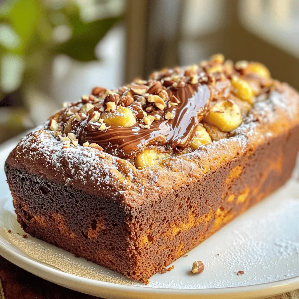 To make Nutella-Stuffed Banana Bread, gather the following ingredients: - 3 ripe bananas, mashed - 1/2 cup unsalted butter, melted - 1/2 cup brown sugar - 1/4 cup granulated sugar - 2 large eggs - 1 tsp vanilla extract - 1 tsp baking soda - 1/2 tsp salt - 1 1/2 cups all-purpose flour - 1/2 cup Nutella (or more to taste) - Optional: chopped hazelnuts for topping These ingredients create a moist and rich bread. The ripe bananas are key. They add natural sweetness and make the bread soft. The combination of brown and granulated sugar gives a nice balance of flavor. Melted butter brings richness, while eggs provide structure. Nutella is the star here. It adds a creamy, chocolatey surprise in every slice. You can adjust the amount of Nutella based on your taste. If you love chocolate, add more! Using optional chopped hazelnuts on top gives a nice crunch. It also adds a nutty flavor that pairs well with Nutella. You can find all these ingredients in your local grocery store. For the full recipe, you can check the detailed instructions to bring this delightful dish to life. 1. Preheat the oven and prepare the loaf pan: Start by setting your oven to 350°F (175°C). Grease a 9x5 inch loaf pan with butter or non-stick spray. This step helps the bread slide out easily later on. 2. Mash bananas and mix with other wet ingredients: In a bowl, mash 3 ripe bananas with a fork. Aim for a smooth texture. Next, add 1/2 cup of melted unsalted butter. Stir until they blend well. Then, mix in 1/2 cup of brown sugar and 1/4 cup of granulated sugar. Follow with 2 large eggs and 1 tsp of vanilla extract. Make sure everything is well combined. 3. Combine dry ingredients and fold into the batter: In another bowl, sprinkle 1 tsp of baking soda and 1/2 tsp of salt over 1 1/2 cups of all-purpose flour. Stir these dry ingredients together. Gradually fold this mix into your wet batter. Be gentle! Over-mixing can make the bread tough. 1. Pouring and spreading Nutella: Pour half of your banana bread batter into the loaf pan. Create a well in the middle. Now, take 1/2 cup of Nutella and spoon it into the well you made. Spread it evenly for a gooey center. 2. Topping the batter before baking: Carefully pour the rest of the batter over the Nutella. Use a spatula to smooth the top. If you like, you can sprinkle chopped hazelnuts on top for extra crunch. 1. Ideal baking times and temperature: Place the loaf pan in the preheated oven. Bake for 55-65 minutes. The bread should rise and turn a golden brown color. 2. Checking for doneness with a toothpick: To check if your banana bread is done, insert a toothpick in the center. If it comes out clean, your bread is ready. If not, give it a few more minutes and test again. For the full recipe, you can always refer back to the complete list of ingredients and instructions. Enjoy the process of creating this delightful treat! To ensure your banana bread stays moist, always use very ripe bananas. The riper the bananas, the more flavor and moisture they add. Look for bananas that are brown and soft. They will mix well into the batter. Avoid over-mixing the batter. When you add flour, mix just until it is combined. Over-mixing can make the bread tough. A few lumps are okay! Serve the banana bread warm for the best taste. Drizzle some melted Nutella on top. This adds a rich touch. A sprinkle of powdered sugar makes it look fancy. You can also add chopped hazelnuts for a nice crunch and extra flavor. Do not use unripe bananas. This makes the bread less sweet and moist. Always check the ripeness before you start. Make sure your oven temperature is correct. An oven that is too hot can burn the bread. Use an oven thermometer if needed. This helps to bake the banana bread evenly. {{image_2}} You can easily customize your Nutella-stuffed banana bread! Adding spices like cinnamon or nutmeg gives it a warm taste. Just a teaspoon of cinnamon can make a big difference. If you love nuts, try adding chopped walnuts or pecans. They add crunch and flavor, making each bite even better. If you need gluten-free banana bread, swap regular flour for gluten-free flour. It works well and keeps the bread soft. For those who prefer vegan options, use flax eggs instead of regular eggs. Mix one tablespoon of flaxseed meal with three tablespoons of water for each egg. Also, choose dairy-free butter to keep it vegan-friendly. If you want to change the chocolate flavor, try using different spreads. Peanut butter or almond butter can be delicious substitutes for Nutella. They bring a different taste but still pair well with bananas. Additionally, using dark chocolate chips can enhance the richness of the bread. They melt beautifully and create a decadent experience. For the full recipe, check out the details above! You can store leftover banana bread at room temperature. Wrap it in plastic wrap to keep it fresh. Place it in a cool, dry spot. If you want to keep it longer, put it in the fridge. This helps it last a bit more. Just remember, the bread may become a bit dry in the fridge. Freezing banana bread is easy. First, let it cool completely. Then, wrap it tightly in plastic wrap. After that, place it in a freezer bag or an airtight container. This keeps out air and moisture. When you want to eat it, take it out of the freezer. Let it thaw in the fridge overnight or at room temperature for a few hours. Banana bread lasts about 3 to 4 days at room temperature. In the fridge, it can last up to a week. If you freeze it, it can last for about 3 months. Watch for signs of spoilage. If you see mold or if it smells off, throw it away. Enjoy your Nutella-stuffed banana bread fresh and tasty! For the full recipe, check out the earlier sections. To check if your banana bread is done, use a toothpick. Insert it into the center of the loaf. If it comes out clean, your bread is ready. You can also look for some visual cues. The top should be golden brown and slightly springy to the touch. A well-baked loaf will pull away from the sides of the pan. Yes, you can prepare this banana bread in advance. Make the batter and store it in the fridge for up to 24 hours. Just don’t add the Nutella yet. When you're ready to bake, pour the batter into the pan and add Nutella as directed. You can also bake the bread ahead of time. Just cool it completely and wrap it tightly. Store it at room temperature for up to three days. Overripe bananas are perfect for many recipes! You can use them in smoothies, pancakes, or oatmeal. You could also make banana muffins or banana pancakes. If you want something different, try making banana ice cream. Just freeze the bananas and blend them until creamy. They are a great base for many sweet treats! You’ve learned how to make delicious Nutella-stuffed banana bread, from gathering ingredients to baking the perfect loaf. I shared tips for keeping it moist and avoiding common mistakes. Try different flavors and toppings to make it your own. Remember, you can store leftovers or even freeze them for later. Enjoy baking this tasty treat, and let your creativity shine in the kitchen!