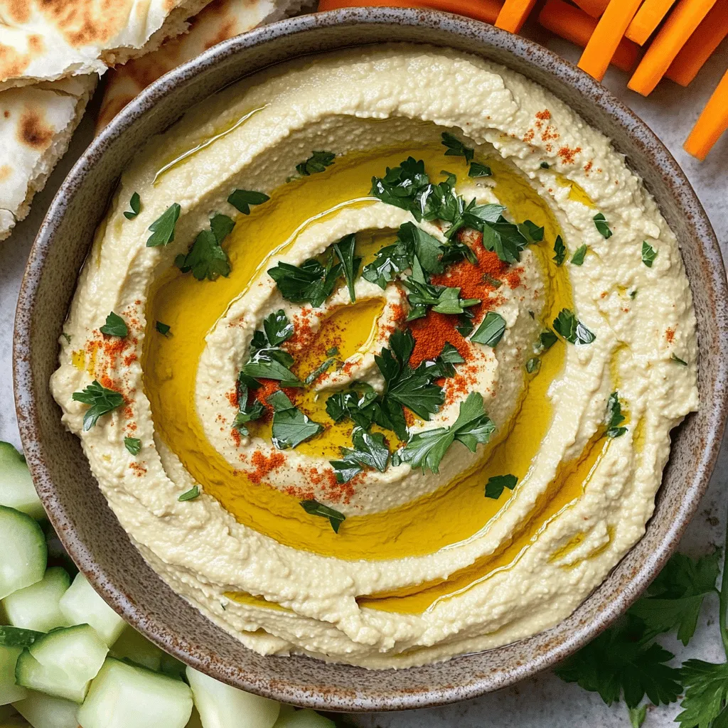 To make classic hummus, you need a few simple ingredients. Each one plays a key role in creating that smooth, creamy texture and rich flavor. Here’s what you will need: - 1 can (15 oz) chickpeas, drained and rinsed - 1/4 cup tahini - 2 tablespoons olive oil - 2 tablespoons fresh lemon juice - 1 clove garlic, minced - 1/2 teaspoon cumin - 1/4 teaspoon smoked paprika - Salt to taste - Water as needed - Fresh parsley for garnish - Extra olive oil for drizzling - Pita bread or vegetable sticks for serving Chickpeas are the base of this recipe. They give hummus its creamy body. Tahini adds a nutty flavor. Olive oil makes the hummus rich and smooth. Fresh lemon juice brightens the taste. Garlic adds a punch of flavor. Cumin and smoked paprika give depth and warmth. You can adjust the spices to fit your taste. Adding more garlic or lemon juice can enhance the flavor. If you want to make it fancy, sprinkle some chopped parsley on top. It adds a nice color and freshness. You can find the Full Recipe for detailed steps. Each ingredient brings something special, so make sure to use fresh items for the best taste. Enjoy creating this simple and creamy delight! First, we need to prepare our ingredients for the classic hummus recipe. Start by rinsing and draining one can of chickpeas. This step helps remove extra salt and makes them taste fresher. Use a fine mesh strainer for this task. Next, measure out 1/4 cup of tahini and 2 tablespoons of olive oil. These two ingredients add creaminess and flavor to your hummus. Now it's time for the fun part! In your food processor, combine the rinsed chickpeas, tahini, olive oil, 2 tablespoons of fresh lemon juice, 1 clove of minced garlic, 1/2 teaspoon of cumin, 1/4 teaspoon of smoked paprika, and a pinch of salt. Blend everything together until it is smooth. You may need to scrape down the sides a few times to ensure all the ingredients mix well. After blending, check the texture. If your hummus looks too thick, add water one tablespoon at a time. Blend again after each addition until it reaches your desired consistency. Next, it's time to taste! Adjust the seasoning if needed. You can add more salt or lemon juice to enhance the flavor. Once you're happy with it, transfer the creamy hummus to a bowl. For the full recipe, refer to the complete ingredients and instructions. Enjoy your hummus with warm pita bread or veggie sticks! To make the best hummus, blending time matters. Blend the mix for at least two minutes. This helps break down the chickpeas fully, giving you that smooth texture. Stop to scrape down the sides of the bowl. This step ensures all the ingredients blend evenly. If you skip this, some parts may stay chunky. Want to kick up the flavor? Try adding more spices. A dash of cayenne or smoked paprika can add depth. If you like tang, squeeze in more lemon juice. Fresh garlic gives a sharp taste, while roasted garlic offers a sweet touch. Choose based on your mood. How you present hummus can impress your guests. Use a shallow bowl for serving. Make a small well in the middle. Drizzle olive oil into this well for a lovely look. A sprinkle of smoked paprika adds a nice color contrast. Serve with warm pita or fresh veggie sticks. This makes for a fun and healthy snack. For the full recipe, check out the details above. {{image_2}} You can spice up your classic hummus in fun ways. - Spicy hummus with red pepper flakes: Add a pinch of red pepper flakes for warmth. - Herb-infused hummus with fresh basil or cilantro: Blend in fresh herbs for a bright flavor. These changes give your hummus a new twist. They can excite your taste buds and impress your friends. Sometimes, you might need to change a few ingredients. - Low-fat tahini alternatives: Try sunflower seed butter or Greek yogurt for a lighter option. - Chickpea alternatives for a different base: Use white beans or lentils for a unique taste. These swaps keep your hummus fresh and interesting. They also help you accommodate different diets. Hummus is more than just a dip; it’s a versatile ingredient. - Pairing hummus with different dippers: Serve with pita chips, fresh veggies, or crackers. - Creative uses in recipes such as wraps or salads: Spread hummus on wraps or mix it into salads for extra flavor. These serving ideas show how hummus can fit into many meals. Explore these options for a tasty experience. Enjoy your hummus journey! To keep your hummus fresh, use airtight containers. Glass jars work great and seal well. You can also use plastic containers, but glass is better for taste. Store your hummus in the fridge right after making it. It lasts about five days in the refrigerator. Before serving, give it a good stir. This helps to mix any ingredients that may have settled. If you want to save hummus for later, freezing is a good option. Portion it into small containers or freezer bags. Leave some space at the top for expansion. Label the bags with the date for easy tracking. To thaw, move the hummus to the fridge overnight. If you need it faster, you can thaw it in a bowl of cold water. After thawing, mix it well, adding a little olive oil or water for texture. This keeps your hummus creamy and tasty. Homemade hummus lasts about 4 to 7 days in the fridge. Store it in an airtight container to keep it fresh. Make sure to check for any off smells or changes in texture before eating. Yes, you can make hummus without tahini. Try using almond butter or sunflower seed butter instead. You can also add more olive oil for creaminess. If you want to keep the flavor bright, add extra lemon juice. You can use other legumes like white beans or black beans. For a veggie base, try mashed avocado or cooked cauliflower. These options can give your hummus a different twist without losing the creamy texture. Making hummus at home is simple and fun. You start with key ingredients like chickpeas, tahini, and garlic. We covered easy steps for blending and adjusting flavors. I shared tips for creamy texture and creative garnishes. You can also try different flavors or swaps in ingredients. Remember, storage matters for keeping your hummus fresh. In the end, this delicious dip can enhance any meal or snack. Enjoy making your perfect hummus!