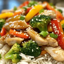 To make honey garlic chicken stir-fry, you need these main items: - 1 lb (450g) boneless chicken breast, sliced thin - 2 tablespoons honey - 3 tablespoons soy sauce - 3 cloves garlic, minced - 1 tablespoon fresh ginger, minced - 1 cup bell peppers (red and yellow), sliced - 1 cup broccoli florets - 1 medium carrot, julienned - 2 tablespoons vegetable oil - 1 tablespoon sesame seeds (for garnish) - Salt and pepper to taste - Cooked jasmine rice or noodles, for serving You can add some extra flavors with these optional items: - Green onions, chopped - Red pepper flakes for heat - Peas or snap peas for crunch - A squeeze of lime juice for brightness If you have dietary needs, here are some easy swaps: - Use tofu instead of chicken for a plant-based option. - Swap soy sauce for tamari to make it gluten-free. - Replace honey with maple syrup for a vegan choice. - Choose brown rice or quinoa instead of white rice for a healthier grain. For the full recipe, check out the complete instructions above to create this delicious dish! First, gather all your ingredients. You will need: - 1 lb (450g) boneless chicken breast, sliced thin - 2 tablespoons honey - 3 tablespoons soy sauce - 3 cloves garlic, minced - 1 tablespoon fresh ginger, minced - 1 cup bell peppers (red and yellow), sliced - 1 cup broccoli florets - 1 medium carrot, julienned - 2 tablespoons vegetable oil - 1 tablespoon sesame seeds (for garnish) - Salt and pepper to taste - Cooked jasmine rice or noodles, for serving Next, wash and prep your veggies. Slice the bell peppers, julienne the carrot, and break the broccoli into small florets. Mince the garlic and ginger. This helps the flavors blend well when you cook. Now, season your chicken. Sprinkle it with salt and pepper. Heat 1 tablespoon of vegetable oil in a large skillet or wok over medium-high heat. When the oil is hot, add the chicken. Stir-fry until it turns golden brown, about 5-7 minutes. Make sure it cooks all the way through. Once done, remove the chicken from the skillet and set it aside. This keeps it juicy and tender. In the same skillet, add the other tablespoon of vegetable oil. Toss in the sliced bell peppers, broccoli, and carrot. Stir-fry the veggies for about 3-4 minutes. You want them to be tender-crisp. This gives your dish a nice texture. Next, return the cooked chicken to the skillet. Pour the honey-garlic sauce over everything. Toss it well so that the chicken and veggies are coated. Cook for an extra 2 minutes until the sauce thickens slightly. Finally, remove the skillet from heat. Sprinkle sesame seeds on top before serving. Serve your stir-fry over jasmine rice or noodles. Enjoy your flavorful meal! For the full recipe, check out the details above. To get the best flavor and texture in your Honey Garlic Chicken Stir-Fry, focus on fresh ingredients. Use fresh garlic and ginger for a strong taste. Cut the chicken into thin slices. This helps it cook quickly and evenly. Stir-frying at high heat seals in the juices. Keep everything moving in the skillet for even cooking. Taste the sauce before adding it. Adjust the honey or soy sauce to match your liking. One big mistake is overcooking the chicken. It should be golden brown, not dry. Another error is not prepping your veggies. Chop everything before you start cooking. This way, you won’t rush and burn your food. Don’t forget to add the sauce at the right time. Adding it too soon can make it too thick. Lastly, avoid overcrowding the pan. Cook in batches if needed to ensure even cooking. A large skillet or wok is key for this recipe. It allows for high heat and good movement. A wooden spoon or spatula works best for stirring. Use a sharp knife for slicing chicken and veggies. A cutting board is essential for safe prep. Finally, have some measuring spoons ready for the sauce. These tools help you create a delicious meal. For the full recipe, check out the details above. {{image_2}} You can switch up the veggies in your Honey Garlic Chicken Stir-Fry. Try green beans, snap peas, or zucchini. Each one adds a different taste and texture. You can even add mushrooms for a rich, earthy flavor. Just remember, keep the cooking time similar so everything cooks evenly. This way, your meal stays colorful and fun! If you want to change the protein, tofu or shrimp work great. Tofu soaks up all the honey garlic sauce. It gives a nice, chewy bite. Shrimp cooks quickly and adds a sweet seafood taste. Use the same method as with chicken. Just adjust the cooking time for shrimp, as it only takes a few minutes to cook through. You can enhance the flavor of your stir-fry with spices. Try adding red pepper flakes for some heat. A pinch of five-spice powder gives a warm, sweet note. You can also add fresh herbs, like basil or cilantro, for brightness. These little tweaks can make your dish unique and exciting. Explore different flavors to find your favorite! Store your leftover Honey Garlic Chicken Stir-Fry in an airtight container. This keeps it fresh and tasty. Place it in the fridge within two hours of cooking. It will stay good for about three to four days. To keep it safe, make sure the temperature in your fridge is below 40°F (4°C). If you want to store your stir-fry for longer, freezing is a great option. Let the stir-fry cool completely before you freeze it. Use freezer-safe containers or bags. This way, you can keep it for up to three months. When you're ready to enjoy it, simply thaw it overnight in the fridge. To reheat your stir-fry, use a skillet over medium heat. This helps the chicken and veggies stay juicy. You can add a splash of water or broth to prevent it from drying out. Stir it often until it's heated through. If you prefer the microwave, use a microwave-safe dish. Cover it with a lid or microwave-safe wrap, and heat in short intervals to avoid overcooking. Honey Garlic Chicken Stir-Fry can last about 3 to 4 days in the fridge. To keep it fresh, store it in an airtight container. Make sure it cools down before you seal it. This helps prevent condensation and keeps the food from getting soggy. Yes, you can prepare this dish in advance. Cook the chicken and veggies, then store them separately from the sauce. When you are ready to eat, just heat everything together and add the sauce. This method keeps your stir-fry fresh and tasty. Absolutely! You can use maple syrup or agave nectar as sweeteners. Both will add a nice sweetness. If you prefer a sugar alternative, try using brown sugar or coconut sugar. Each option will give a slightly different flavor but still taste great. I recommend serving this stir-fry over jasmine rice or noodles. Both pair well with the sweet and savory sauce. You can also add a side of steamed vegetables for extra nutrition. For a crispy touch, consider serving with spring rolls or dumplings. To add heat, include some red pepper flakes or a dash of hot sauce. Start with a small amount, then taste and adjust as needed. If you want more spice, fresh chili peppers are a great choice. Just chop them up and stir them in when you add the sauce. If you want to try out this delicious meal, check out the Full Recipe to get started! This blog post covered the key ingredients and step-by-step instructions for making Honey Garlic Chicken Stir-Fry. You learned about optional ingredients, substitutions, and tips to perfect the dish. Remember to avoid common mistakes and use the right tools. Overall, this dish is flexible and tasty. Feel free to experiment with veggies and proteins. Your stir-fry can impress anyone at the table. Enjoy your cooking journey!
