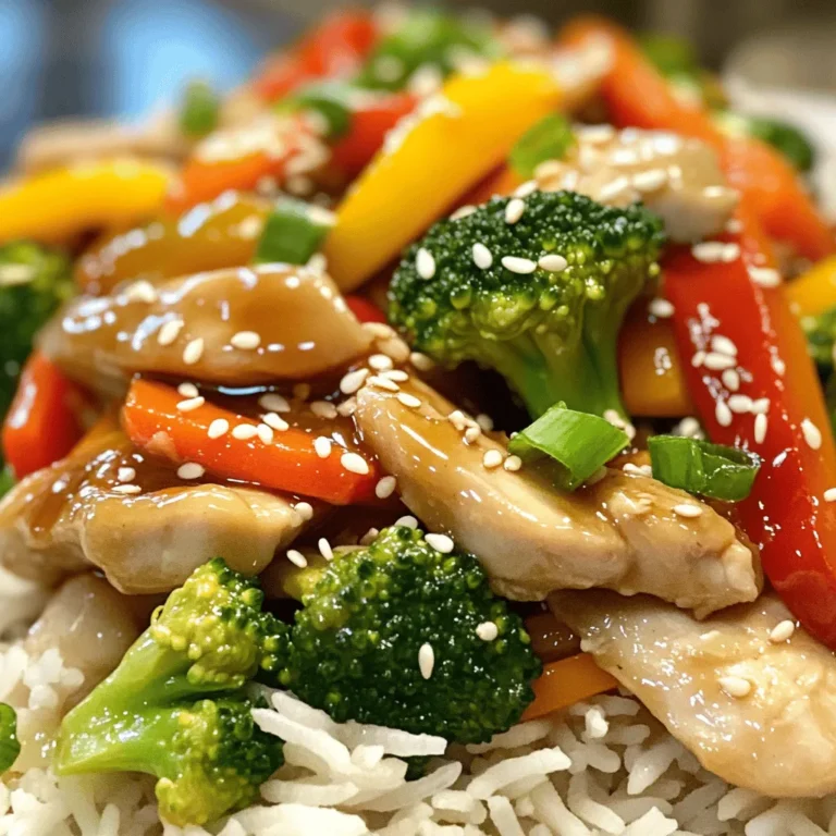 To make honey garlic chicken stir-fry, you need these main items: - 1 lb (450g) boneless chicken breast, sliced thin - 2 tablespoons honey - 3 tablespoons soy sauce - 3 cloves garlic, minced - 1 tablespoon fresh ginger, minced - 1 cup bell peppers (red and yellow), sliced - 1 cup broccoli florets - 1 medium carrot, julienned - 2 tablespoons vegetable oil - 1 tablespoon sesame seeds (for garnish) - Salt and pepper to taste - Cooked jasmine rice or noodles, for serving You can add some extra flavors with these optional items: - Green onions, chopped - Red pepper flakes for heat - Peas or snap peas for crunch - A squeeze of lime juice for brightness If you have dietary needs, here are some easy swaps: - Use tofu instead of chicken for a plant-based option. - Swap soy sauce for tamari to make it gluten-free. - Replace honey with maple syrup for a vegan choice. - Choose brown rice or quinoa instead of white rice for a healthier grain. For the full recipe, check out the complete instructions above to create this delicious dish! First, gather all your ingredients. You will need: - 1 lb (450g) boneless chicken breast, sliced thin - 2 tablespoons honey - 3 tablespoons soy sauce - 3 cloves garlic, minced - 1 tablespoon fresh ginger, minced - 1 cup bell peppers (red and yellow), sliced - 1 cup broccoli florets - 1 medium carrot, julienned - 2 tablespoons vegetable oil - 1 tablespoon sesame seeds (for garnish) - Salt and pepper to taste - Cooked jasmine rice or noodles, for serving Next, wash and prep your veggies. Slice the bell peppers, julienne the carrot, and break the broccoli into small florets. Mince the garlic and ginger. This helps the flavors blend well when you cook. Now, season your chicken. Sprinkle it with salt and pepper. Heat 1 tablespoon of vegetable oil in a large skillet or wok over medium-high heat. When the oil is hot, add the chicken. Stir-fry until it turns golden brown, about 5-7 minutes. Make sure it cooks all the way through. Once done, remove the chicken from the skillet and set it aside. This keeps it juicy and tender. In the same skillet, add the other tablespoon of vegetable oil. Toss in the sliced bell peppers, broccoli, and carrot. Stir-fry the veggies for about 3-4 minutes. You want them to be tender-crisp. This gives your dish a nice texture. Next, return the cooked chicken to the skillet. Pour the honey-garlic sauce over everything. Toss it well so that the chicken and veggies are coated. Cook for an extra 2 minutes until the sauce thickens slightly. Finally, remove the skillet from heat. Sprinkle sesame seeds on top before serving. Serve your stir-fry over jasmine rice or noodles. Enjoy your flavorful meal! For the full recipe, check out the details above. To get the best flavor and texture in your Honey Garlic Chicken Stir-Fry, focus on fresh ingredients. Use fresh garlic and ginger for a strong taste. Cut the chicken into thin slices. This helps it cook quickly and evenly. Stir-frying at high heat seals in the juices. Keep everything moving in the skillet for even cooking. Taste the sauce before adding it. Adjust the honey or soy sauce to match your liking. One big mistake is overcooking the chicken. It should be golden brown, not dry. Another error is not prepping your veggies. Chop everything before you start cooking. This way, you won’t rush and burn your food. Don’t forget to add the sauce at the right time. Adding it too soon can make it too thick. Lastly, avoid overcrowding the pan. Cook in batches if needed to ensure even cooking. A large skillet or wok is key for this recipe. It allows for high heat and good movement. A wooden spoon or spatula works best for stirring. Use a sharp knife for slicing chicken and veggies. A cutting board is essential for safe prep. Finally, have some measuring spoons ready for the sauce. These tools help you create a delicious meal. For the full recipe, check out the details above. {{image_2}} You can switch up the veggies in your Honey Garlic Chicken Stir-Fry. Try green beans, snap peas, or zucchini. Each one adds a different taste and texture. You can even add mushrooms for a rich, earthy flavor. Just remember, keep the cooking time similar so everything cooks evenly. This way, your meal stays colorful and fun! If you want to change the protein, tofu or shrimp work great. Tofu soaks up all the honey garlic sauce. It gives a nice, chewy bite. Shrimp cooks quickly and adds a sweet seafood taste. Use the same method as with chicken. Just adjust the cooking time for shrimp, as it only takes a few minutes to cook through. You can enhance the flavor of your stir-fry with spices. Try adding red pepper flakes for some heat. A pinch of five-spice powder gives a warm, sweet note. You can also add fresh herbs, like basil or cilantro, for brightness. These little tweaks can make your dish unique and exciting. Explore different flavors to find your favorite! Store your leftover Honey Garlic Chicken Stir-Fry in an airtight container. This keeps it fresh and tasty. Place it in the fridge within two hours of cooking. It will stay good for about three to four days. To keep it safe, make sure the temperature in your fridge is below 40°F (4°C). If you want to store your stir-fry for longer, freezing is a great option. Let the stir-fry cool completely before you freeze it. Use freezer-safe containers or bags. This way, you can keep it for up to three months. When you're ready to enjoy it, simply thaw it overnight in the fridge. To reheat your stir-fry, use a skillet over medium heat. This helps the chicken and veggies stay juicy. You can add a splash of water or broth to prevent it from drying out. Stir it often until it's heated through. If you prefer the microwave, use a microwave-safe dish. Cover it with a lid or microwave-safe wrap, and heat in short intervals to avoid overcooking. Honey Garlic Chicken Stir-Fry can last about 3 to 4 days in the fridge. To keep it fresh, store it in an airtight container. Make sure it cools down before you seal it. This helps prevent condensation and keeps the food from getting soggy. Yes, you can prepare this dish in advance. Cook the chicken and veggies, then store them separately from the sauce. When you are ready to eat, just heat everything together and add the sauce. This method keeps your stir-fry fresh and tasty. Absolutely! You can use maple syrup or agave nectar as sweeteners. Both will add a nice sweetness. If you prefer a sugar alternative, try using brown sugar or coconut sugar. Each option will give a slightly different flavor but still taste great. I recommend serving this stir-fry over jasmine rice or noodles. Both pair well with the sweet and savory sauce. You can also add a side of steamed vegetables for extra nutrition. For a crispy touch, consider serving with spring rolls or dumplings. To add heat, include some red pepper flakes or a dash of hot sauce. Start with a small amount, then taste and adjust as needed. If you want more spice, fresh chili peppers are a great choice. Just chop them up and stir them in when you add the sauce. If you want to try out this delicious meal, check out the Full Recipe to get started! This blog post covered the key ingredients and step-by-step instructions for making Honey Garlic Chicken Stir-Fry. You learned about optional ingredients, substitutions, and tips to perfect the dish. Remember to avoid common mistakes and use the right tools. Overall, this dish is flexible and tasty. Feel free to experiment with veggies and proteins. Your stir-fry can impress anyone at the table. Enjoy your cooking journey!