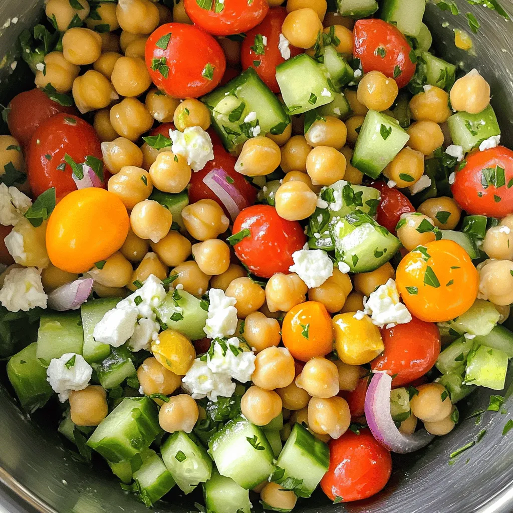 - 1 can (15 oz) chickpeas, rinsed and drained - 1 cup cherry tomatoes, halved - 1 cucumber, diced - 1/2 red onion, finely chopped - 1/2 bell pepper (any color), diced - 1/3 cup Kalamata olives, pitted and halved - 1/4 cup feta cheese, crumbled - 2 tablespoons fresh parsley, chopped - 2 tablespoons olive oil - 1 tablespoon lemon juice - 1 teaspoon dried oregano - Salt and pepper to taste This Mediterranean Chickpea Salad combines fresh flavors and vibrant colors. You can easily swap some ingredients if you want. For example, use green olives instead of Kalamata olives. You can also skip the feta cheese to make it dairy-free. Want to add some crunch? Toss in some diced bell pepper or radishes. Chickpeas are the star of this dish. They offer protein and fiber, making this salad filling. Fresh tomatoes and cucumber bring a juicy taste. The red onion adds a nice zing. Always choose fresh herbs for the best flavor. If you can't find parsley, try cilantro or mint. Lemon juice brightens the salad, while olive oil adds richness. For the full recipe and step-by-step instructions, check out the [Full Recipe]. To make the Mediterranean chickpea salad, start by gathering your ingredients. Here’s how to prepare it: 1. In a large bowl, add the rinsed chickpeas. This gives a nice base. 2. Next, add the halved cherry tomatoes. Their sweetness adds great flavor. 3. Chop the cucumber and add it to the bowl. It brings a cool crunch. 4. Finely chop the red onion. Its sharpness balances the salad well. 5. Dice the bell pepper and toss it in. Use any color you like. 6. Add the Kalamata olives. They offer a briny taste that’s key in this dish. 7. Crumble the feta cheese over the mix. It adds creaminess and saltiness. 8. Gently toss everything together. Be careful not to mash the chickpeas. For dressing, whisk together olive oil, lemon juice, oregano, salt, and pepper in a small bowl. Pour this over the salad and toss again. Lastly, sprinkle the fresh parsley on top for color and a burst of flavor. This salad is fresh and bright, perfect for many occasions. You can serve it on its own as a light meal. It also pairs well with grilled chicken or fish. For a bigger feast, try it with pita bread or hummus. It’s a fun side for any Mediterranean dish. Enjoy it chilled or at room temperature. For the complete recipe, refer to [Full Recipe]. To make your Mediterranean chickpea salad really tasty, use fresh ingredients. Fresh veggies add crunch and bright flavors. Rinse your chickpeas well to remove any canning liquid. This helps the salad taste clean and fresh. Here are some common mistakes to avoid: - Don’t skip the lemon juice. It brightens the flavors. - Avoid over-mixing. You want the salad to look pretty. - Don’t forget to taste the salad before serving. Adjust salt and pepper as needed. To prep in advance, you can chop the veggies a day before. Store them in an airtight container in the fridge. This saves time on busy days. You can also make the dressing ahead. Just keep it separate until you’re ready to serve. For the best results, store your salad in a sealed container. This keeps it fresh and crisp. If you have leftovers, eat them within three days for the best taste. {{image_2}} You can easily swap some ingredients in the Mediterranean chickpea salad. If you want a vegan dish, skip the feta cheese. You can add avocado instead for creaminess. If you have allergies, replace olives with artichoke hearts. For a crunch, try adding radishes or carrots. Seasonal produce can make your salad shine. In summer, use ripe peaches or strawberries. In fall, consider adding roasted butternut squash. These swaps keep the dish fresh and exciting. To make your salad pop, try adding spices like cumin or smoked paprika. Fresh herbs like dill or mint can give it a bright taste. You can mix in some chili flakes for heat if you like spice. For dressing, olive oil and lemon juice are classic, but you can switch things up. Try balsamic vinegar for a tangy twist. You can also use tahini or yogurt for a creamier option. These enhancements can take your Mediterranean chickpea salad to the next level! To keep your Mediterranean Chickpea Salad fresh, store it in the fridge. Use an airtight container. This helps prevent air from getting in and keeps the salad crisp. If you have leftovers, try to eat them within a few days. For best taste, do not add dressings until you are ready to serve. This keeps the veggies crunchy and tasty. The salad lasts about 3 to 5 days in the fridge when stored well. Always check for signs of spoilage. If the salad smells off or the veggies look soggy, it’s time to toss it. Freshness is key to enjoying this vibrant dish. Can I use dried chickpeas instead of canned? Yes, you can use dried chickpeas. Just soak them overnight. Cook them until soft before using. This adds a nice texture to your salad. Is this salad vegan-friendly? This salad is mostly vegan. To make it fully vegan, skip the feta cheese. You can replace it with avocado or a vegan cheese. How can I make Mediterranean Chickpea Salad gluten-free? This salad is already gluten-free. All ingredients are naturally gluten-free. Just make sure your feta cheese is gluten-free if you use it. The Mediterranean Chickpea Salad is packed with nutrients. Here’s a quick look at its benefits: - Chickpeas provide protein and fiber, keeping you full. - Cherry tomatoes offer vitamins A and C, boosting your immune system. - Cucumbers are hydrating and low in calories, making them great for weight loss. - Olive oil is heart-healthy and rich in good fats. On average, one serving has about 250 calories. This makes it a healthy choice for lunch or a side dish. For the complete Mediterranean Chickpea Salad recipe, check the [Full Recipe]. Mediterranean Chickpea Salad is easy to make and enjoy. You now have the ingredients, preparation steps, and serving ideas to create this dish. Remember to try different swaps and flavors to suit your taste. Store leftovers properly to keep them fresh. With these tips, you can serve a tasty, healthy salad any time. Give it a try! You will love how simple and delicious it is.