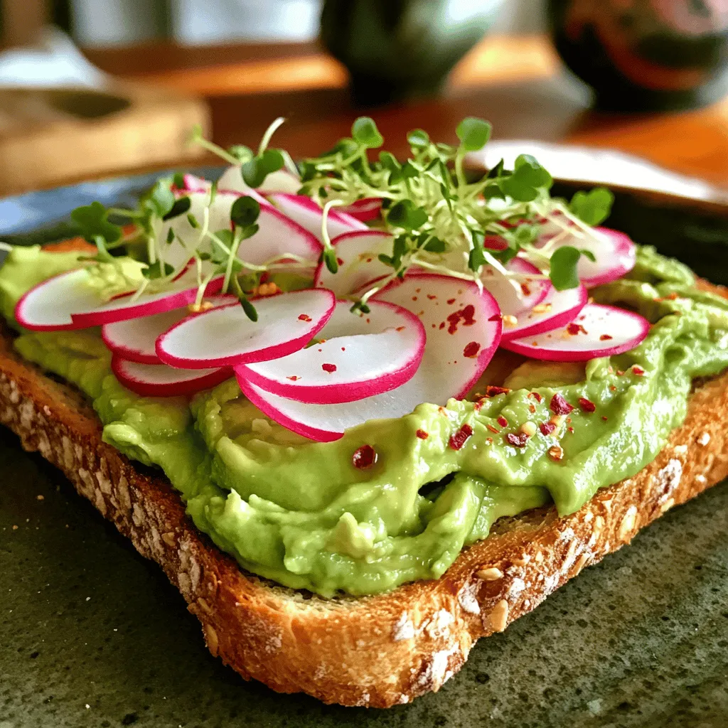 To make a tasty avocado toast with radish, you need some key ingredients. Here’s what you will need: - 2 ripe avocados - 4 slices of whole grain bread - 6-8 radishes, thinly sliced - 1 tablespoon lemon juice - 1 tablespoon olive oil - Salt and pepper to taste - 1 teaspoon red pepper flakes (optional) - Fresh microgreens for garnish These ingredients come together to create a meal that is both simple and full of flavor. The type of bread you choose can make a big difference. I recommend using whole grain bread for its nutty flavor and texture. You can also try sourdough or rye for a twist. Toasting the bread until it is golden brown will give you a nice crunch. This crunch is important because it holds up well against the creamy avocado. You can play with flavors by adding different garnishes. Here are some ideas: - Red pepper flakes for heat - A drizzle of balsamic glaze for sweetness - Chopped herbs like parsley or cilantro for freshness These optional toppings can make your dish even more exciting. Feel free to mix and match to find your favorite combination. For the full recipe, check out the details above. First, I toast the slices of whole grain bread. I like to get them golden brown and crispy. This gives a strong base for the toppings. It takes about 3-5 minutes in a toaster or on a skillet. While the bread crisps up, I can move on to the next step. Next, I prepare the avocado spread. I cut the ripe avocados in half. I remove the pit and scoop the soft green flesh into a bowl. Then, I add the lemon juice and olive oil. I sprinkle in some salt and pepper. Using a fork, I mash everything together. I like my spread smooth, but you can keep it chunky if you prefer. Now comes the fun part: assembling the toast! I take a slice of the toasted bread and spread a generous layer of the avocado mixture on top. Next, I carefully arrange the thinly sliced radishes over the avocado. I like to overlap them for a pretty look. If I want a little kick, I sprinkle some red pepper flakes on top. Finally, I add fresh microgreens for a pop of color. This dish is simple and packed with flavor. For the full recipe, check out Avocado Radish Toast Delight. To pick a good avocado, look for a slight give when you press it. The skin should be dark green or black, but not too soft. Avoid avocados with large dents or dark spots. If you need to ripen them, place them in a paper bag with a banana. This speeds up the ripening process. If you have leftover avocado mixture, store it in an airtight container. Press plastic wrap directly on the surface to keep it from browning. You can also add a little lemon juice on top to help it stay fresh. Using this method, it should last one to two days in the fridge. To make your avocado toast even better, try adding a sprinkle of smoked sea salt. This adds a nice depth to the flavor. You can also mix in herbs like cilantro or dill for a fresh twist. A drizzle of balsamic glaze on top can add sweet and tangy notes. For a kick, consider adding some chopped jalapeños. {{image_2}} You can get creative with toppings for avocado toast. Here are some tasty ideas: - Sliced tomatoes add a burst of color and flavor. - Crumbled feta cheese gives a salty kick. - Poached eggs bring richness and protein. - Sliced cucumbers add a refreshing crunch. Each topping changes the taste and feel of your toast. Mix and match to find your favorite combination! You can easily make this dish vegan and gluten-free. Choose gluten-free bread, like rice or almond flour bread. For toppings, try: - Chopped nuts for crunch and healthy fats. - Sliced olives for a savory twist. - A sprinkle of nutritional yeast for a cheesy flavor without dairy. These options keep your meal plant-based and gluten-free, while still being delicious. If you want to change things up, turn your avocado toast into a bowl or salad. Start with: - Cooked quinoa or brown rice as a base. - Add your mashed avocado on top. - Layer sliced radishes and other veggies. Drizzle with lemon juice and olive oil for a fresh dressing. This way, you can enjoy the same great flavors in a new format. Check out the full recipe if you want to try this dish! You should eat avocado toast right after you make it. The bread stays crisp, and the avocado tastes fresh. If you need to save it, wrap it tightly in plastic wrap. Store it in the fridge for up to one day. However, the toast might get a bit soft. To keep your ingredients fresh, store avocados at room temperature until they ripen. Once ripe, put them in the fridge. This slows down the ripening process. Radishes should stay in a cool, dry place. You can keep them in the fridge in a paper towel. This keeps them crisp for longer. You can freeze bread for future use. Wrap slices in plastic wrap, then put them in a freezer bag. Try to remove as much air as possible. When you want to eat it, toast the frozen bread straight from the freezer. You can freeze the avocado spread too. Put it in an airtight container or freezer bag. Leave some space for expansion. Use it within three months for the best taste. When ready to use, thaw it in the fridge overnight. For the full recipe, check the details above. To boost flavor, try adding garlic powder or herbs. Fresh basil or cilantro works well too. You can also mix in some feta cheese for a salty kick. A squeeze of lime juice gives a zesty twist. Experiment with spices like cumin or smoked paprika for warmth. Yes, you can use many toppings! Sliced tomatoes add freshness, while cucumbers give a nice crunch. Crumbled bacon or smoked salmon adds a savory touch. For a sweet option, consider sliced strawberries or figs. Each topping changes the taste and look of your toast. Avocados are rich in healthy fats, vitamins, and minerals. They help with heart health and keep you full. Radishes are low in calories and high in fiber. They provide vitamin C and antioxidants. Together, they make a healthy snack or meal. You can enjoy this avocado toast guilt-free! Avocado toast is simple and tasty. We covered its main ingredients, types of bread, and garnishes. I provided easy steps to prepare and assemble your toast. You learned tips for picking ripe avocados and storing leftovers. I shared variations, including vegan options and bowl ideas. Lastly, I included storage info and answered common questions. Embrace your creativity. Enjoy making your avocado toast unique and delicious!