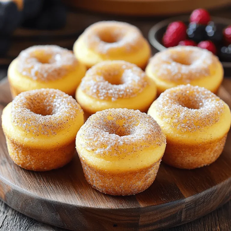 To make cinnamon sugar donut muffins, gather these fresh ingredients: - 1 ½ cups all-purpose flour - 1 teaspoon baking powder - ½ teaspoon baking soda - ½ teaspoon salt - ½ teaspoon ground cinnamon - ½ cup granulated sugar - 1 large egg - ¾ cup buttermilk (or use regular milk with a splash of vinegar) - ¼ cup unsalted butter, melted - 1 teaspoon vanilla extract - ⅓ cup granulated sugar (for topping) - 1 tablespoon ground cinnamon (for topping) I love using buttermilk for its tangy flavor. If you don’t have buttermilk, mix regular milk with a teaspoon of vinegar. Let it sit for five minutes to thicken. This gives a similar taste and texture. For a dairy-free option, use almond milk or oat milk. You can swap the unsalted butter for coconut oil or vegan butter if needed. To bake these muffins, you'll need the right tools: - A muffin tin - Paper liners or cooking spray - Mixing bowls (one medium and one large) - A whisk and a spatula - A measuring cup and spoons - An oven for baking These tools help you create delicious muffins with ease. Having them ready will make your baking fun and smooth! Check out the Full Recipe for complete instructions and tips. First, you need to preheat your oven to 350°F (175°C). This step warms up the oven for even baking. Next, line your muffin tin with paper liners or grease it lightly. This helps the muffins pop out easily after baking. In a medium bowl, whisk together 1 ½ cups of all-purpose flour, 1 teaspoon of baking powder, ½ teaspoon of baking soda, ½ teaspoon of salt, and ½ teaspoon of ground cinnamon. Mixing these dry ingredients helps distribute the baking powder evenly. This step is key for fluffy muffins. In a large bowl, combine ½ cup of granulated sugar, 1 large egg, ¾ cup of buttermilk, ¼ cup of melted unsalted butter, and 1 teaspoon of vanilla extract. Stir until everything is mixed well. The sugar should dissolve into the wet mix, making it sweet and smooth. Now, gradually add your dry mixture to the wet mixture. Stir gently until just combined. It’s okay to have some lumps. Overmixing can make your muffins tough, so be gentle. Spoon the batter into your prepared muffin tin, filling each cup about ¾ full. Bake them for 12-15 minutes. They are ready when the tops are golden, and a toothpick comes out clean. Keep an eye on them to avoid overbaking. While the muffins bake, mix ⅓ cup of granulated sugar and 1 tablespoon of ground cinnamon in a shallow bowl. Once the muffins cool for about 5 minutes, dip the tops into the cinnamon sugar mix. This adds a sweet, crunchy layer that makes them special. Enjoy your delightful cinnamon sugar donut muffins! For the complete steps, check the Full Recipe. Overmixing can make your muffins tough. When you combine the dry and wet ingredients, mix them just until you see no dry flour. It’s okay if there are lumps. They will bake out and keep your muffins soft. For a light and fluffy muffin, use room temperature ingredients. This helps them mix better. Also, spoon the flour into your measuring cup instead of scooping. This prevents packing and keeps the muffins from being dense. These muffins shine on their own, but you can make them even better. Serve them warm with butter or cream cheese. They go well with tea or coffee for a cozy treat. You might also add fresh fruit for a colorful plate. For a fun twist, try a drizzle of chocolate or caramel sauce on top! {{image_2}} You can change up your cinnamon sugar donut muffins with fun add-ins. Consider adding chocolate chips for a sweet surprise. Chopped nuts like walnuts or pecans give a nice crunch. Fresh fruit can also be a great choice. Try blueberries or diced apples for a fruity twist. Want a little spice? Add nutmeg or ginger for a warm flavor boost. You can even swap the vanilla extract for almond for a nutty twist. If you want a healthier muffin, there are easy swaps to make. Use whole wheat flour instead of all-purpose flour. This adds fiber and nutrients. You can also reduce sugar by using honey or maple syrup. Replace the butter with applesauce for less fat. If you want to cut calories, use egg whites instead of whole eggs. These changes keep the taste delicious while making them a bit better for you. To make vegan cinnamon sugar donut muffins, substitute a few key ingredients. Use plant-based milk, like almond or soy milk, in place of buttermilk. Instead of eggs, use flaxseed meal mixed with water. A common ratio is 1 tablespoon of flaxseed meal with 2.5 tablespoons of water. Replace the butter with coconut oil or vegan butter. These simple swaps keep your muffins tasty and suitable for everyone. For the full recipe, check the earlier section. To keep your cinnamon sugar donut muffins fresh, place them in an airtight container. This helps trap moisture and flavor. If you leave them out, they may dry out quickly. Store them at room temperature if you plan to eat them within a few days. For longer storage, put them in the fridge. They stay good for about a week this way. You can freeze these muffins to enjoy later. First, let them cool completely. Next, wrap each muffin in plastic wrap. Then, place them in a freezer-safe bag. This protects them from freezer burn. They can last up to three months in the freezer. When you're ready to eat, just take out a muffin and let it thaw at room temperature. To reheat your muffins, use the oven or microwave. For the oven, preheat it to 350°F (175°C). Place the muffins on a baking sheet and heat for about 5-10 minutes. This keeps them soft and warm. If you use a microwave, heat for 10-15 seconds. Be careful not to overheat, or they may become tough. Enjoy your warm muffins with a sprinkle of cinnamon sugar on top for extra delight! Yes, you can use regular milk. To mimic buttermilk, add a splash of vinegar to the milk. Let it sit for about five minutes. This will give you a similar tangy flavor and help the muffins rise. To make the topping stick, coat the muffins while they are still warm. This helps the sugar adhere. You can also brush the tops with melted butter before dipping them in the cinnamon sugar mixture. If your muffins are too dry, try adding a bit of milk or yogurt to the batter. You could also reduce the baking time a little. Make sure you don’t overmix the batter, as that can make them tough. These muffins last for about three days at room temperature. Store them in an airtight container to keep them fresh. You can also refrigerate them for longer storage, up to a week. Yes, you can make the batter ahead of time. Store it in the fridge for up to 24 hours. When you’re ready, fill your muffin tin and bake. You can also bake the muffins ahead of time and reheat them later. Check the Full Recipe for more details! In this article, we covered how to make delicious cinnamon sugar donut muffins. We discussed the key ingredients, measurement tips, and essential tools. You learned easy step-by-step instructions for mixing, baking, and topping your muffins. We also shared tricks for the best texture and fun variations to try. In my final thoughts, enjoy these muffins fresh or stored for later. They are great for sharing and perfect for any time. Happy baking!