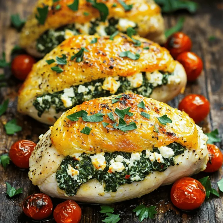 - 4 boneless, skinless chicken breasts - 1 cup fresh spinach, chopped - 1 cup feta cheese, crumbled - 1/2 cup cream cheese, softened - 2 cloves garlic, minced - 1 teaspoon dried oregano - 1 teaspoon lemon zest - Salt and pepper to taste - 1 tablespoon olive oil - 1 cup cherry tomatoes, halved (for garnish) - Fresh parsley, chopped (for garnish) For these spinach feta stuffed chicken breasts, you need fresh and simple ingredients. The chicken breasts should be boneless and skinless for easy handling. Fresh spinach adds a pop of color and nutrition, while feta cheese gives a creamy and tangy touch. For the stuffing, cream cheese keeps everything smooth and rich. Garlic brings a lovely aroma and flavor. Adding dried oregano and lemon zest brightens the dish. Season with salt and pepper to enhance all flavors. Olive oil is great for cooking the chicken and adds a nice richness. Finally, garnish with roasted cherry tomatoes and parsley for a beautiful finish. This recipe is perfect for a weeknight dinner or a special occasion. You can find the full recipe details to guide you through each step easily. - Preheat your oven to 375°F (190°C). - In a bowl, mix the spinach, feta, cream cheese, garlic, oregano, lemon zest, salt, and pepper. This will be your tasty filling. - Take each chicken breast and make a pocket by slicing it. Be careful not to cut all the way through. - Stuff each chicken breast generously with the spinach and feta mixture. Fill them up well for the best flavor. - Heat olive oil in an oven-safe skillet over medium-high heat. - Sear the stuffed chicken for 3-4 minutes on each side until golden brown. - Place the skillet in the oven and bake for 20-25 minutes. The chicken should be cooked through and juices should run clear. You can find the full recipe for more details. - Use a meat thermometer to ensure chicken reaches 165°F (74°C). - Let the chicken rest after baking for optimal juiciness. Cooking chicken right is key. A meat thermometer helps avoid undercooking or overcooking. When the chicken hits 165°F (74°C), it's safe to eat. Resting the chicken is just as important. It allows the juices to settle, making each bite juicy and tender. - Use fresh spinach for the best flavor and texture. - Opt for high-quality feta cheese for creaminess and taste. Fresh spinach brightens the dish. It adds a vibrant color and great texture. Feta cheese is a game-changer too. Choosing high-quality feta makes the stuffing rich and creamy. It enhances the overall taste of your stuffed chicken. - Pair with a light salad or roasted vegetables. - Serve with crusty bread for a complete meal. For a balanced meal, pair your stuffed chicken with a light salad. Roasted vegetables add flavor and nutrition. Crusty bread is great for mopping up any remaining juices. Enjoy the meal with friends or family for a delightful dining experience. For the full recipe, click [here](#). {{image_2}} You can easily customize the flavor of your spinach feta stuffed chicken breasts. - Add sun-dried tomatoes for an extra flavor punch. They bring a sweet and tangy taste. - Incorporate herbs like basil or thyme for a unique twist. These herbs add freshness and depth. Switching up the cheese can change the whole dish. - Substitute feta with goat cheese for a different flavor profile. Goat cheese offers a creamier texture and tangy taste. - Try cream cheese with herbs for a creamy filling. It makes the stuffing rich and smooth. You can adapt this recipe to fit different diets. - Replace chicken with turkey for a leaner option. Turkey is just as delicious and healthy. - Make a vegetarian version using mushrooms instead of chicken. Stuff large portobello mushrooms with the filling for a tasty dish. For the full recipe, check out the Spinach Feta Stuffed Chicken Breasts. Store leftover stuffed chicken in an airtight container in the fridge. Make sure it cools down first. This way, it stays fresh for up to three days. When you want to eat it again, simply take it out and enjoy. You can freeze stuffed chicken before baking for later use. Wrap each piece in plastic wrap and then in aluminum foil. This helps avoid freezer burn. It can stay frozen for up to three months. When you’re ready, thaw it overnight in the fridge before cooking. Reheat in the oven or microwave until warmed through. If using the oven, set it to 350°F (175°C). Place the chicken in a baking dish and cover with foil. Bake for about 15-20 minutes, or until hot. In the microwave, heat in short bursts, stirring between each. Enjoy your meal! How do I know when the stuffed chicken is cooked? You can check if the chicken is done by using a meat thermometer. The internal temperature should reach 165°F (74°C). If you do not have a thermometer, cut into the chicken. The meat should be white with no pink inside, and the juices should run clear. Can I make Spinach Feta Stuffed Chicken Breasts ahead of time? Yes, you can prepare the stuffed chicken breasts in advance. Stuff the chicken and keep it in the fridge for up to 24 hours before cooking. Just remember to take it out of the fridge and let it sit at room temperature for 15 minutes before baking. What can I serve with Spinach Feta Stuffed Chicken Breasts? This dish pairs well with a light salad or roasted veggies. You can also serve it with crusty bread or rice for a hearty meal. Can I use frozen spinach instead of fresh? Yes, you can use frozen spinach. Just make sure to thaw and drain it well before mixing it into the stuffing. This keeps your filling from being too watery. What can I substitute for cream cheese? If you need a substitute for cream cheese, you can use ricotta cheese or Greek yogurt. Both options will give you a creamy texture with a slightly different taste. Can I grill Spinach Feta Stuffed Chicken Breasts? Yes, you can grill these stuffed chicken breasts. Just make sure to use medium heat and monitor the chicken closely. It may take a little longer than baking, around 25-30 minutes. Is it possible to make this dish in a slow cooker? Absolutely! You can place the stuffed chicken breasts in a slow cooker. Cook on low for 4-5 hours or until the chicken is fully cooked. This method keeps the chicken very moist. For the full recipe, check out the [Full Recipe]. In this blog post, we explored a simple and tasty recipe for Spinach Feta Stuffed Chicken Breasts. I shared key ingredients like chicken, spinach, and feta, along with preparation and cooking tips. You can customize this dish with various flavors and store leftovers easily. Enjoy trying out this recipe. It's packed with flavor and fun to make. Cooking can be a joy, and this dish is a great way to start. You’ll impress your family and friends with your cooking skills!
